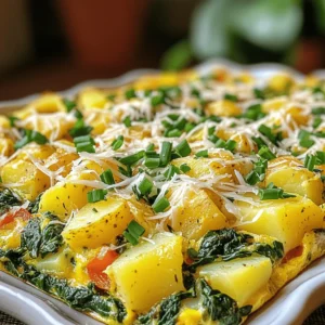 To make a savory potato spinach frittata, gather these ingredients: - 4 large eggs - 1 cup fresh spinach, chopped - 2 medium potatoes, peeled and diced - 1/2 cup onion, finely chopped - 1/2 cup bell pepper, diced (red or yellow for sweetness) - 1/2 cup shredded cheese (cheddar for a sharp flavor or mozzarella for creaminess) - 2 tablespoons olive oil - Salt and freshly cracked black pepper to taste - Fresh herbs (like chives or parsley), finely chopped, for garnish You can swap some ingredients if needed: - Eggs: Try using egg whites or a plant-based egg substitute. - Potatoes: Sweet potatoes work well and add a new flavor. - Spinach: Use kale or Swiss chard for a different green. - Cheese: Feta or goat cheese can add a tangy twist. - Olive oil: You can use butter or avocado oil instead. To boost the taste of your frittata, consider these tips: - Use fresh herbs: Fresh herbs add brightness and depth. Always choose high-quality, fresh produce. - Salt wisely: Add salt at different stages to enhance flavors. - Cook potatoes well: Ensure they are golden brown and tender for a great base. - Don't rush cooking: Let the frittata set slowly in the oven for a tender texture. For the complete steps to make this dish, check out the Full Recipe. Enjoy cooking! First, you need to preheat your oven to 375°F (190°C). This step is crucial. A hot oven helps the frittata cook evenly. While the oven heats up, grab your oven-safe skillet. I prefer using cast iron for its heat retention. This skillet will hold all those tasty veggies and eggs. Next, add two tablespoons of olive oil into your skillet. Turn on the heat to medium. Once the oil is hot, toss in the diced potatoes. Cook these for about 10 minutes. Stir them often. You want them golden brown and soft. After the potatoes are ready, add in 1/2 cup of finely chopped onion and 1/2 cup of diced bell pepper. Cook these for another 5 minutes. The onion should become translucent, and the peppers should soften. This mix brings a sweet and savory flavor to your dish. Now it’s time to add the spinach. Fold in 1 cup of chopped spinach and let it cook for 1-2 minutes. You want it to wilt down. Don’t forget to sprinkle salt and freshly cracked black pepper to taste. This will enhance all the flavors in your frittata. In a separate bowl, crack 4 large eggs and whisk them well. Be sure to beat them until they're smooth. Then, add in your shredded cheese of choice—1/2 cup works great. Cheddar gives a sharp taste, while mozzarella adds creaminess. Pour this egg and cheese mixture over your cooked veggies in the skillet. Let it cook on the stovetop for 3-4 minutes. Watch closely as the edges set while the center stays a bit runny. Finally, transfer the skillet to your preheated oven. Bake it for 10-12 minutes. Look for a golden top and a firm center. When it’s done, take it out and let it cool a bit. This will help with slicing. For a finishing touch, sprinkle fresh herbs on top. This adds a nice pop of color. Enjoy your savory potato spinach frittata! For the full recipe, check out the complete instructions above. To make your frittata fluffy, focus on the eggs. Whisk them well until they are light and frothy. This adds air, which helps with fluffiness. Use fresh eggs since they whip better than older ones. When mixing in the cheese, avoid over-stirring. This keeps the texture light. Aim for a balance of cooked vegetables and egg. If the veggies are too wet, they can weigh down the frittata. One common mistake is cooking on high heat. This can lead to a burnt bottom and a raw center. Instead, cook your frittata on medium heat. Another mistake is not letting it cool before slicing. If you cut it right away, it may fall apart. Lastly, don’t skip the seasoning. Salt and pepper bring out the flavors in all the ingredients. You can cook your frittata in different ways. The oven method is great for even cooking. It gives a nice golden top. You can also cook it entirely on the stovetop. Just cover the skillet with a lid once the edges set. This method takes a bit more attention, but it works well. If you want a quick option, try a microwave. It won’t brown as much, but it’s fast and easy. For the full recipe, check the recipe section. {{image_4}} You can make your frittata even more tasty by adding other veggies. Mushrooms add a rich flavor. Sauté them before mixing into the eggs. Zucchini brings a nice crunch and moisture. Just slice and cook with the potatoes. You can also try broccoli, asparagus, or tomatoes. Each adds its own twist. Cheese can change the whole taste of your frittata. Cheddar gives a sharp bite. Mozzarella offers a creamy texture. Feta adds a salty zing. You can mix different cheeses for more flavor. Just make sure to use about half a cup. This keeps the frittata light and fluffy. Fresh herbs can elevate your frittata. Try adding basil for a sweet touch or dill for a fresh taste. You can also use dried herbs like oregano or thyme. A sprinkle of red pepper flakes adds heat. Experiment with different spices to find what you love. Use what you have on hand to create unique flavors. This frittata is simple but full of options. You can always find new ways to make it your own. For the full recipe, check out the Savory Potato Spinach Frittata. After enjoying your savory potato spinach frittata, store leftovers properly. Let the frittata cool at room temperature first. Then, slice it into individual portions. Use an airtight container to keep it fresh. This will help prevent it from drying out. Store it in the fridge for up to 3 days. To reheat your frittata, use an oven or a microwave. For the oven, preheat it to 350°F (175°C). Place the frittata on a baking sheet. Cover it with foil to keep moisture in. Heat for about 10-15 minutes. If using a microwave, place a slice on a microwave-safe plate. Cover it with a damp paper towel. Heat on medium power for about 1 minute. Check if it’s warm enough. If you want to save your frittata for later, freezing is a great option. Wrap each slice tightly in plastic wrap. Then, place them in a freezer bag. Be sure to remove as much air as possible. Label the bag with the date. Your frittata can last in the freezer for up to 2 months. When ready to eat, thaw it in the fridge overnight. Then, reheat as mentioned above. For detailed cooking steps, check the Full Recipe for the Savory Potato Spinach Frittata. Yes, you can make a frittata without eggs. Use silken tofu as a base. Blend it until smooth. You can add spices like turmeric for color and flavor. Mix in your favorite veggies, like spinach and potatoes. Bake it just like a regular frittata. This option is great for vegans or those allergic to eggs. You can tell the frittata is cooked when it has no jiggle in the center. A knife inserted should come out clean. The edges will be slightly puffed and golden. If the top looks dry and firm, it's ready. Trust your eyes and the knife test to guide you. Get creative with toppings to enhance your frittata. Here are some tasty ideas: - Sliced avocado for creaminess. - Fresh salsa for a kick. - A dollop of sour cream for richness. - Extra herbs like basil or cilantro for freshness. - Crumbled feta or goat cheese for a tangy twist. Try these toppings to add your personal touch to the dish. For more ideas, check out the Full Recipe. This blog post covered how to make a savory potato spinach frittata. You learned about key ingredients, steps for cooking, and tips for the best results. I shared ideas for variations, storage, and answers to common questions. Making a frittata is simple and fun. You can customize it to suit your taste. With these tips, you’ll enjoy perfect frittatas every time. Happy cooking!