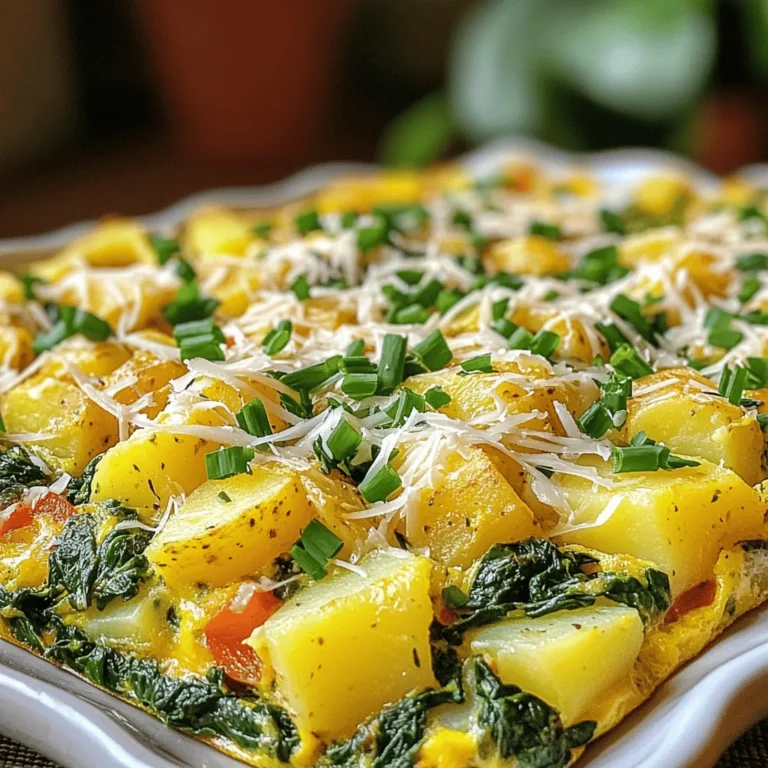 To make a savory potato spinach frittata, gather these ingredients: - 4 large eggs - 1 cup fresh spinach, chopped - 2 medium potatoes, peeled and diced - 1/2 cup onion, finely chopped - 1/2 cup bell pepper, diced (red or yellow for sweetness) - 1/2 cup shredded cheese (cheddar for a sharp flavor or mozzarella for creaminess) - 2 tablespoons olive oil - Salt and freshly cracked black pepper to taste - Fresh herbs (like chives or parsley), finely chopped, for garnish You can swap some ingredients if needed: - Eggs: Try using egg whites or a plant-based egg substitute. - Potatoes: Sweet potatoes work well and add a new flavor. - Spinach: Use kale or Swiss chard for a different green. - Cheese: Feta or goat cheese can add a tangy twist. - Olive oil: You can use butter or avocado oil instead. To boost the taste of your frittata, consider these tips: - Use fresh herbs: Fresh herbs add brightness and depth. Always choose high-quality, fresh produce. - Salt wisely: Add salt at different stages to enhance flavors. - Cook potatoes well: Ensure they are golden brown and tender for a great base. - Don't rush cooking: Let the frittata set slowly in the oven for a tender texture. For the complete steps to make this dish, check out the Full Recipe. Enjoy cooking! First, you need to preheat your oven to 375°F (190°C). This step is crucial. A hot oven helps the frittata cook evenly. While the oven heats up, grab your oven-safe skillet. I prefer using cast iron for its heat retention. This skillet will hold all those tasty veggies and eggs. Next, add two tablespoons of olive oil into your skillet. Turn on the heat to medium. Once the oil is hot, toss in the diced potatoes. Cook these for about 10 minutes. Stir them often. You want them golden brown and soft. After the potatoes are ready, add in 1/2 cup of finely chopped onion and 1/2 cup of diced bell pepper. Cook these for another 5 minutes. The onion should become translucent, and the peppers should soften. This mix brings a sweet and savory flavor to your dish. Now it’s time to add the spinach. Fold in 1 cup of chopped spinach and let it cook for 1-2 minutes. You want it to wilt down. Don’t forget to sprinkle salt and freshly cracked black pepper to taste. This will enhance all the flavors in your frittata. In a separate bowl, crack 4 large eggs and whisk them well. Be sure to beat them until they're smooth. Then, add in your shredded cheese of choice—1/2 cup works great. Cheddar gives a sharp taste, while mozzarella adds creaminess. Pour this egg and cheese mixture over your cooked veggies in the skillet. Let it cook on the stovetop for 3-4 minutes. Watch closely as the edges set while the center stays a bit runny. Finally, transfer the skillet to your preheated oven. Bake it for 10-12 minutes. Look for a golden top and a firm center. When it’s done, take it out and let it cool a bit. This will help with slicing. For a finishing touch, sprinkle fresh herbs on top. This adds a nice pop of color. Enjoy your savory potato spinach frittata! For the full recipe, check out the complete instructions above. To make your frittata fluffy, focus on the eggs. Whisk them well until they are light and frothy. This adds air, which helps with fluffiness. Use fresh eggs since they whip better than older ones. When mixing in the cheese, avoid over-stirring. This keeps the texture light. Aim for a balance of cooked vegetables and egg. If the veggies are too wet, they can weigh down the frittata. One common mistake is cooking on high heat. This can lead to a burnt bottom and a raw center. Instead, cook your frittata on medium heat. Another mistake is not letting it cool before slicing. If you cut it right away, it may fall apart. Lastly, don’t skip the seasoning. Salt and pepper bring out the flavors in all the ingredients. You can cook your frittata in different ways. The oven method is great for even cooking. It gives a nice golden top. You can also cook it entirely on the stovetop. Just cover the skillet with a lid once the edges set. This method takes a bit more attention, but it works well. If you want a quick option, try a microwave. It won’t brown as much, but it’s fast and easy. For the full recipe, check the recipe section. {{image_4}} You can make your frittata even more tasty by adding other veggies. Mushrooms add a rich flavor. Sauté them before mixing into the eggs. Zucchini brings a nice crunch and moisture. Just slice and cook with the potatoes. You can also try broccoli, asparagus, or tomatoes. Each adds its own twist. Cheese can change the whole taste of your frittata. Cheddar gives a sharp bite. Mozzarella offers a creamy texture. Feta adds a salty zing. You can mix different cheeses for more flavor. Just make sure to use about half a cup. This keeps the frittata light and fluffy. Fresh herbs can elevate your frittata. Try adding basil for a sweet touch or dill for a fresh taste. You can also use dried herbs like oregano or thyme. A sprinkle of red pepper flakes adds heat. Experiment with different spices to find what you love. Use what you have on hand to create unique flavors. This frittata is simple but full of options. You can always find new ways to make it your own. For the full recipe, check out the Savory Potato Spinach Frittata. After enjoying your savory potato spinach frittata, store leftovers properly. Let the frittata cool at room temperature first. Then, slice it into individual portions. Use an airtight container to keep it fresh. This will help prevent it from drying out. Store it in the fridge for up to 3 days. To reheat your frittata, use an oven or a microwave. For the oven, preheat it to 350°F (175°C). Place the frittata on a baking sheet. Cover it with foil to keep moisture in. Heat for about 10-15 minutes. If using a microwave, place a slice on a microwave-safe plate. Cover it with a damp paper towel. Heat on medium power for about 1 minute. Check if it’s warm enough. If you want to save your frittata for later, freezing is a great option. Wrap each slice tightly in plastic wrap. Then, place them in a freezer bag. Be sure to remove as much air as possible. Label the bag with the date. Your frittata can last in the freezer for up to 2 months. When ready to eat, thaw it in the fridge overnight. Then, reheat as mentioned above. For detailed cooking steps, check the Full Recipe for the Savory Potato Spinach Frittata. Yes, you can make a frittata without eggs. Use silken tofu as a base. Blend it until smooth. You can add spices like turmeric for color and flavor. Mix in your favorite veggies, like spinach and potatoes. Bake it just like a regular frittata. This option is great for vegans or those allergic to eggs. You can tell the frittata is cooked when it has no jiggle in the center. A knife inserted should come out clean. The edges will be slightly puffed and golden. If the top looks dry and firm, it's ready. Trust your eyes and the knife test to guide you. Get creative with toppings to enhance your frittata. Here are some tasty ideas: - Sliced avocado for creaminess. - Fresh salsa for a kick. - A dollop of sour cream for richness. - Extra herbs like basil or cilantro for freshness. - Crumbled feta or goat cheese for a tangy twist. Try these toppings to add your personal touch to the dish. For more ideas, check out the Full Recipe. This blog post covered how to make a savory potato spinach frittata. You learned about key ingredients, steps for cooking, and tips for the best results. I shared ideas for variations, storage, and answers to common questions. Making a frittata is simple and fun. You can customize it to suit your taste. With these tips, you’ll enjoy perfect frittatas every time. Happy cooking!