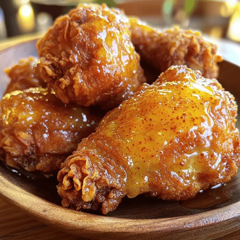 To create this tasty dish, gather these main ingredients: - 4 chicken thighs (bone-in, skin-on) - 1 cup buttermilk - 1 tablespoon hot sauce (adjust according to spice preference) - 1 cup all-purpose flour - 1 teaspoon paprika - 1 teaspoon garlic powder - 1 teaspoon onion powder - 1 teaspoon cayenne pepper - Salt and black pepper to taste - Oil for frying (canola or vegetable oil) - ½ cup unsalted butter - ¼ cup honey - 1 tablespoon chili powder These ingredients work together to create a flavor burst that excites your taste buds. You can elevate your meal with these optional ingredients: - Fresh parsley for garnish - Pickles for a tangy crunch - Coleslaw for a cool side - Mashed potatoes for comfort These extras add fun and flavor to your plate. - Chicken Thighs: You can use chicken breasts if you prefer leaner meat. - Buttermilk: If you don’t have buttermilk, mix regular milk with a splash of vinegar. - Hot Sauce: Choose your favorite brand to control the heat level. - Flour: Gluten-free flour can work if needed. - Cayenne Pepper: You can leave this out if you want less heat. These swaps keep the dish delicious while fitting your needs. Start by mixing the buttermilk and hot sauce in a large bowl. Whisk them together until they blend well. Add the chicken thighs, making sure they are fully covered. This helps the chicken soak up the flavors. Cover the bowl with plastic wrap. Place it in the fridge for at least 1 hour. For the best taste, marinate overnight. In another bowl, combine the flour, paprika, garlic powder, onion powder, cayenne pepper, salt, and black pepper. Mix everything well until the spices are evenly spread. This flour mix will add an extra layer of taste to your chicken. Heat enough oil in a skillet to reach about 1 inch deep. Use medium-high heat to warm the oil, aiming for 350°F (175°C). This is the perfect temperature for frying. If the oil is too cold, the chicken won't crisp up. While the chicken fries, melt the butter in a small saucepan on low heat. Once melted, stir in the honey and chili powder. Mix until smooth. This sauce will add a sweet and spicy kick to your chicken. After frying, take the chicken out and place it on a wire rack or paper towels. Let it drain for a few minutes. While it's warm, use a brush to coat each piece with the honey butter sauce. Make sure every bite is packed with flavor. Arrange your spicy honey butter fried chicken on a platter. Serve it hot for the best experience. Pair it with sides like coleslaw or cornbread for a complete meal. Enjoy every bite of this flavor explosion! For the full recipe, refer to the complete instructions provided above. To get that amazing crispy coating, start with a good marinade. Use buttermilk and hot sauce for the chicken. Let it marinate for at least one hour. Overnight is even better. When you prepare the flour mixture, add spices like paprika and cayenne. These add flavor and crunch. Dredge the chicken well. Make sure every part is coated. When frying, keep the oil at 350°F. This will help the coating stay crisp. You can customize the spice level in your chicken. Start with one tablespoon of hot sauce in the marinade. If you like more heat, add more hot sauce. You can also adjust the cayenne in the flour mixture. Just remember, a little can go a long way. Taste your honey butter sauce too; adding more chili powder can kick up the spice. Always use a thermometer to check your oil. If it’s too hot, the chicken may burn. If it’s too cold, the chicken will be greasy. Fry in small batches to keep the oil hot. After frying, let the chicken rest on a wire rack. This keeps it crispy by allowing air to circulate. For the best flavor, brush the spicy honey butter sauce on while the chicken is hot. This will soak in and make every bite delicious. For the full recipe, check the complete instructions above. {{image_4}} If you want to switch up your protein, try using chicken breasts or drumsticks. You can even use turkey thighs for a delicious twist. For a meat-free option, tofu or cauliflower can work well. Just marinate and coat them like the chicken. Each choice brings a unique flavor and texture to your dish. Want to explore new tastes? Change up the spices in the flour mixture. Consider adding smoked paprika for a deeper flavor. You can also try different hot sauces to control the heat. For a sweet twist, add a touch of cinnamon or nutmeg to the honey butter sauce. This mix of spices can lead to a whole new flavor experience. Serving style can change the vibe of your meal. You can serve the chicken as a sandwich with slaw and pickles. Another fun option is to create a platter with various dipping sauces. Think ranch, barbecue, or a spicy aioli. This allows everyone to customize their meal and enjoy different tastes together. For the full recipe, follow the steps above to create your own spicy honey butter fried chicken masterpiece! After enjoying your spicy honey butter fried chicken, store any leftovers properly. Let the chicken cool down to room temperature. Then, place it in an airtight container. This helps keep it fresh. I recommend using the chicken within 3 to 4 days. For best taste and texture, avoid leaving it out for too long. To reheat the chicken, use your oven for the best results. Preheat your oven to 375°F (190°C). Place the chicken on a baking sheet and cover it with foil. Heat for about 15 to 20 minutes. This keeps the chicken moist and crispy. You can also use a microwave, but it may not be as crispy. Heat it in short bursts of 30 seconds until warm. If you want to save some for later, freezing is a great option. Wrap each piece of chicken tightly in plastic wrap. Then, place them in a freezer-safe bag. Make sure to remove as much air as possible. You can freeze the chicken for up to 2 months. When you're ready to eat, thaw it in the fridge overnight before reheating. This keeps the chicken tasty and juicy. For the full recipe, don’t forget to check the earlier sections! You can make this dish lighter by using baked or air-fried chicken. Replace the frying oil with non-stick spray or a small amount of oil for browning. Use whole wheat flour instead of all-purpose flour for added fiber. You can also cut back on butter and honey in the sauce for less fat and sugar. Yes, you can use skinless chicken. However, skin adds flavor and keeps the meat juicy. If you choose skinless, make sure to marinate well. Consider using thighs or drumsticks for more moisture. This chicken pairs beautifully with several sides. Some great options include: - Coleslaw - Mashed potatoes - Cornbread - Green beans - Macaroni and cheese These sides balance the spiciness of the chicken and create a complete meal. The marinating process should take at least 1 hour. For the best results, marinate overnight. This allows the chicken to absorb flavors and become tender. If you don't have buttermilk, you can make your own. Mix 1 cup of milk with 1 tablespoon of vinegar or lemon juice. Let it sit for 5 minutes before using. You can also use plain yogurt or sour cream, thinned with a bit of water. This blog post covered how to make Spicy Honey Butter Fried Chicken. We looked at the main and optional ingredients, plus tips for the perfect fry. I shared step-by-step instructions, from marinating to serving. You also learned about variations and best storage methods. In the end, enjoy this dish your way. Take risks with flavors, and share with friends! Making fried chicken can be fun and rewarding. Don't hesitate to tweak this recipe; make it yours. Happy cooking!
