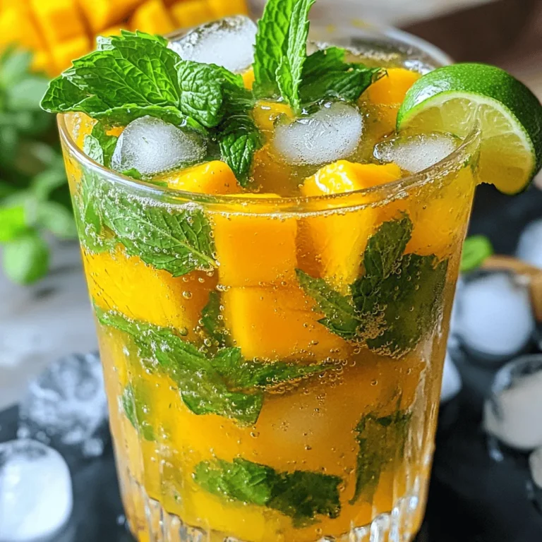 To make a tasty Mango Mojito, gather these simple ingredients: - Ripe mango - Fresh mint leaves - Fresh lime juice - Honey or agave syrup - Sparkling water or club soda - Ice cubes - Lime slices for garnish Each ingredient plays a key role in creating the perfect balance of flavors. The ripe mango gives a sweet and juicy base, while fresh mint adds a cool touch. Fresh lime juice provides a zesty kick. You can sweeten your drink with honey or agave syrup, depending on your taste. Sparkling water or club soda adds fizz, making it refreshing. Ice cubes keep your drink chilled, perfect for hot summer days. Finally, lime slices not only look pretty but also enhance the drink's aroma. Ready to mix? Check out the Full Recipe for more details on making this delightful drink! - Muddling the mango and mint Start by taking your ripe mango. Peel and cut it into small chunks. Place the mango pieces in a sturdy glass or cocktail shaker. Add ten fresh mint leaves. Use a muddler or the back of a spoon. Press down gently to crush the mint and mango. This helps release their juices. - Adding lime juice and sweetener Next, pour in two tablespoons of fresh lime juice. This adds a bright, zesty flavor. Then, add one tablespoon of honey or agave syrup. Stir everything gently with a spoon. Make sure the sweetener dissolves completely. - Filling the glass with ice Now, fill the glass with ice cubes. You want it packed but still leave room for your drink. This keeps your Mango Mojito cold and refreshing. - Mixing in the sparkling water Slowly pour in one cup of sparkling water or club soda. The bubbles will mix nicely with your muddled ingredients. Enjoy the fizzle as it combines. - Garnishing the drink Finally, give your drink a gentle stir using a spoon or straw. For a lovely touch, garnish with extra mint sprigs and a slice of lime on top. This makes your drink look inviting and fresh. Now you are ready to sip on your delightful Mango Mojito Bliss! For full details, check the Full Recipe. - Choosing ripe mangoes for optimal flavor Pick a mango that feels soft when you gently squeeze it. A ripe mango has a sweet smell, too. This is key for a tasty drink. - Adjusting sweetness to taste Start with one tablespoon of honey or agave syrup. Taste it and add more if you like it sweeter. Everyone enjoys a different level of sweetness. - Ensuring proper muddling technique Muddle gently but firmly. You want to release the mint oils and mango juice. Avoid over-muddling, as this can make the drink bitter. - Best glassware for presentation Use a tall glass to show off the vibrant colors. A clear glass lets your friends see the layers of mango and mint. - Pairing with appetizers or dishes Serve your Mango Mojito with fresh shrimp tacos or a light salad. The drink's sweetness pairs well with savory flavors. Enjoying it with snacks makes for a fun summer gathering! For a full recipe, check the full recipe section. {{image_4}} You can change your Mango Mojito in many fun ways. Here are some ideas: - Adding other fruits: You can add strawberries or pineapple to your drink. These fruits pair well with mango and mint. Just chop them up and muddle them with the mango. This adds extra flavor and color! - Alcohol variations: If you want a kick, add rum to your Mojito. Use light rum for a smooth taste. Just mix in one ounce of rum after muddling the ingredients. This makes it perfect for summer parties! - Non-alcoholic version options: You can enjoy a Mango Mojito without alcohol too! Simply skip the rum and add more sparkling water. You can also try using coconut water for a tropical twist. This way, everyone can enjoy this refreshing drink! Feel free to get creative with your Mango Mojito! For the full recipe, check out the details above. - Storing fresh mint leaves: Keep mint in a glass of water. Cover it with a plastic bag. Store it in the fridge. This keeps it fresh for about a week. - Preserving leftover mango: Place unused mango in an airtight container. Add a squeeze of lime juice. This helps prevent browning and keeps it fresh for up to two days. - Tips for prepared Mojito leftovers: If you have extra Mango Mojito, store it in the fridge. Use a sealed jar or container. Enjoy it within 24 hours for the best taste. If it gets flat, add more sparkling water before serving. Can I use frozen mango for this recipe? Yes, you can use frozen mango. Just let it thaw a bit first. This helps it blend better with the mint. Frozen mango will add a nice chill to your drink, too. What if I don't have mint leaves? If you lack fresh mint leaves, try using basil. Basil gives a different taste but still tastes great. You can also skip the herbs and just enjoy the mango and lime flavors. How can I make a low-calorie version of a Mango Mojito? To lower the calories, use less honey or agave syrup. You can also swap sparkling water for a diet soda. This keeps the drink fizzy without extra calories. For a fresher taste, skip the sweetener altogether if your mango is very ripe. For the full recipe, check out the Full Recipe section and enjoy making this summer drink! This blog post outlined how to make a refreshing mango mojito. We covered the key ingredients, the step-by-step process, and helpful tips to elevate your drink. I highlighted fun variations, storage tips, and answered common questions. Mango mojitos offer a delightful blend of flavors that anyone can enjoy. Try different fruits or adjust the sweetness to find your perfect sip. Enjoy creating and sharing this drink with friends and family!
