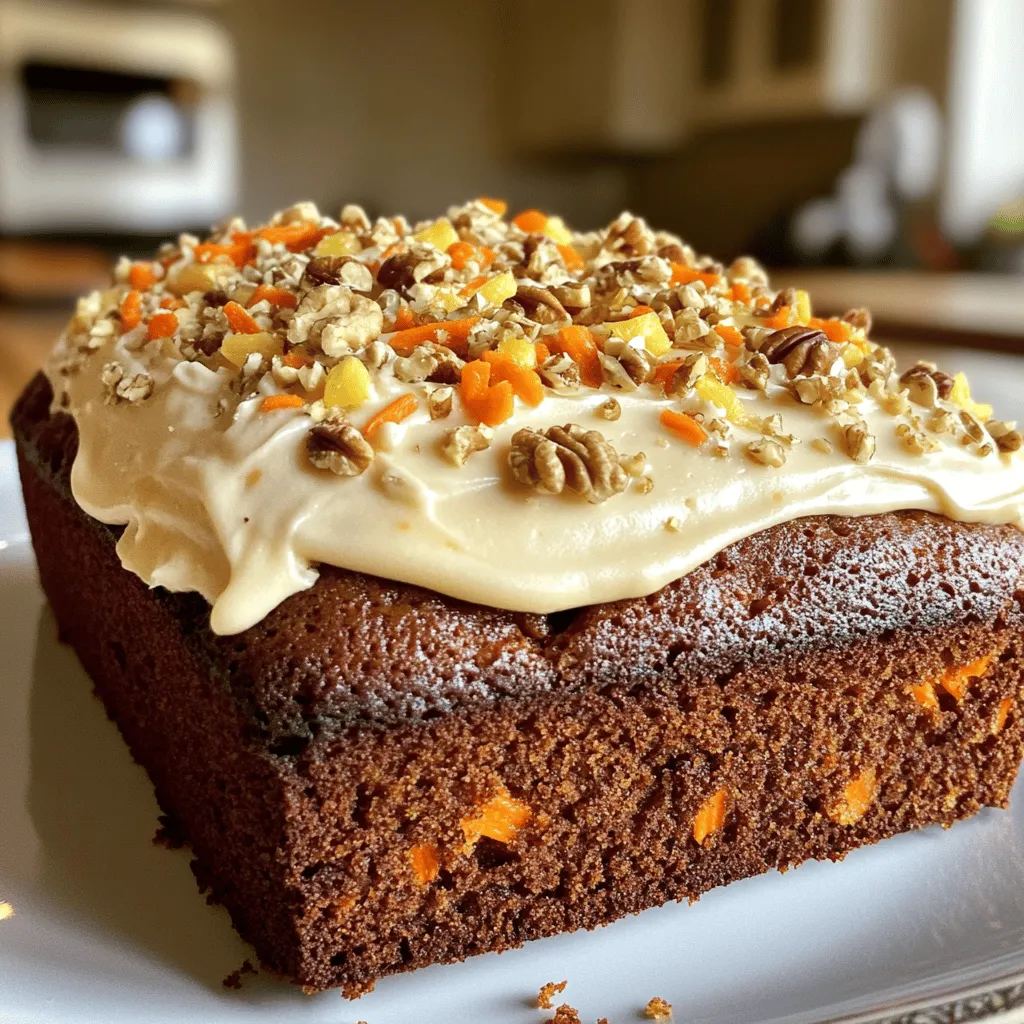 For the dry mix, gather these items: - 1 ½ cups all-purpose flour - 1 teaspoon baking powder - 1 teaspoon baking soda - ½ teaspoon salt - 1 teaspoon ground cinnamon - ½ teaspoon ground nutmeg - ¼ teaspoon ground ginger These ingredients help create the loaf's structure and flavor. The spices add warmth and depth. Next, collect these wet items: - 1 cup granulated sugar - ½ cup packed brown sugar - 1 cup vegetable oil - 3 large eggs - 1 teaspoon vanilla extract These components bring moisture and sweetness. The combination of sugars gives a rich taste. Now, let's spice it up with these add-ins: - 2 cups finely shredded carrots (approximately 4 medium carrots) - ½ cup crushed pineapple, well-drained - ½ cup chopped walnuts (optional) These add-ins bring texture and flavor. The carrots keep the loaf moist, while the pineapple adds a touch of sweetness. If you like crunch, toss in the walnuts. For the full recipe, you can explore the step-by-step instructions in [Full Recipe]. - Preheat the oven to 350°F (175°C). - Prepare your 9x5-inch loaf pan. Use non-stick spray or line it with parchment paper. This helps the loaf come out easily after baking. - In a medium bowl, combine the dry ingredients. Whisk together the flour, baking powder, baking soda, salt, and spices. Set this mixture aside for later. - In a large bowl, mix the sugars and oil. Beat them together until smooth. - Add the eggs one at a time to the sugar mixture. Mix well after each addition. Stir in the vanilla extract. - Gradually blend the dry ingredients with the wet ingredients. Stir gently until just combined. Avoid overmixing to keep your loaf tender. - Carefully fold in the finely shredded carrots, well-drained crushed pineapple, and chopped walnuts if you’re using them. Make sure they are evenly spread throughout the batter. - Pour the batter into your prepared loaf pan. Use a spatula to smooth the top. - Place the loaf pan in the oven. Bake for 50-60 minutes. Check for doneness by inserting a toothpick in the center. It should come out clean. If the top browns too fast, cover it loosely with aluminum foil. Use freshly grated carrots for the best flavor and moisture. Fresh carrots add a sweet crunch. You can also adjust the sugar based on your taste. If you prefer a sweeter cake, add a bit more sugar. If you want it less sweet, cut back. Mixing just until combined keeps the cake tender and moist. If you overmix, the loaf can turn out dense. When you add dry ingredients to the wet mix, stir gently. The batter should look slightly lumpy; that’s okay! To get a smooth cream cheese frosting, start with room temperature cheese and butter. Cold ingredients can lead to lumps. Beat the cream cheese and butter until creamy. Gradually add powdered sugar to avoid a cloud of sugar. Remember to mix until smooth, and then add a pinch of salt for flavor. For the full recipe, check out the [Full Recipe]. {{image_4}} You can easily change the flavor of your carrot cake loaf with different add-ins. If you want to swap nuts, try using raisins or shredded coconut instead. Both options add a sweet, chewy texture that pairs well with the spices. You can also adjust spices for a unique flavor. Add a little more cinnamon for warmth or some cardamom for a fragrant twist. This way, you can create a taste that fits your mood. If you need gluten-free options, consider almond or oat flour. Both flours work well and keep the loaf moist. For vegan substitutions, use flax eggs instead of regular eggs. Just mix one tablespoon of ground flaxseed with three tablespoons of water for each egg. You can also replace the cream cheese with a vegan cream cheese spread. These small changes keep the cake delicious while meeting your dietary needs. Pair your carrot cake loaf with a warm cup of coffee or tea. The rich flavors balance perfectly with a hot drink. To make your loaf look fancy, arrange slices on a beautiful platter. You can sprinkle chopped walnuts on top and add edible flowers for color. This makes your dessert not just tasty but also a feast for the eyes. For a fun touch, serve it with a scoop of vanilla ice cream for a delightful contrast. Make sure to check out the Full Recipe for more details on creating this delicious treat! To keep your carrot cake loaf fresh, store it in the fridge. Place it in an airtight container. This helps keep moisture in and prevents it from drying out. The cream cheese frosting also needs special care. To keep the frosting fresh, cover it with plastic wrap. This stops air from making it hard or crusty. You can freeze the carrot cake loaf both ways. First, freeze it before frosting. Wrap it in plastic wrap and then foil. This helps keep the cake moist. If you already frosted it, freeze the loaf on a plate. Once frozen, wrap it tightly. To thaw the loaf, place it in the fridge overnight. This helps keep the texture nice and soft. The carrot cake loaf can last about three days at room temperature. Keep it in a cool, dry place. If you see any mold or smell a sour scent, it’s best to throw it away. Always trust your senses when checking if food is safe to eat. Enjoy your delicious treat while it's fresh! For the full recipe, check the complete guide. Baking a carrot cake loaf takes about 50-60 minutes at 350°F (175°C). To test for doneness, insert a toothpick into the center. If it comes out clean, your loaf is ready. If the top browns too quickly, cover it with foil. This tip helps keep the top soft and moist. Yes, you can prepare this loaf ahead of time. You can mix the dry ingredients and store them in an airtight container. The wet ingredients can also be combined a day before. Just keep them in the fridge. Bake the loaf when you are ready. It keeps well and tastes fresh. If you need a dairy-free option, use vegan cream cheese. Another choice is to blend silken tofu with a bit of vanilla and powdered sugar. This gives you a smooth frosting that still tastes great. You can also try coconut cream for a tropical twist. Yes, this carrot cake loaf is great for kids. It contains nutritious carrots and pineapple, which add vitamins. The loaf is moist and flavorful, making it appealing to young eaters. Just be sure to watch for any nut allergies if you use walnuts. To check if the loaf is done, look for a golden brown top. You can also gently press the top; it should spring back. Use a toothpick to test the center. If it comes out clean, your carrot cake loaf is perfect. These cues help ensure a delicious result. This blog post covered all the essential steps to make a delicious carrot cake loaf. We explored the key ingredients, from dry and wet components to tasty add-ins. I shared tips to keep your cake moist and flavorful, along with ways to customize your loaf. Lastly, we discussed storage and FAQs to help you perfect your baking. Embrace your baking journey and enjoy each slice of your creation!