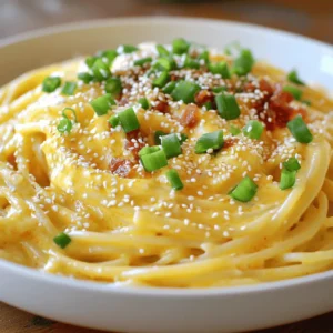 - 8 oz spaghetti or fettuccine - 3 large egg yolks - 1 whole egg - 1/2 cup finely grated Parmesan cheese - 1 tablespoon gochujang - 2 cloves garlic, minced - 1 tablespoon olive oil - 4 oz pancetta or diced turkey bacon (optional) - Salt and freshly cracked black pepper - Chopped green onions (for garnish) - Sesame seeds (for garnish) Gather these ingredients before you start cooking. This will make your process smooth and fun. The star of this dish is gochujang. It adds a deep heat and unique flavor. The creamy sauce comes from the eggs and cheese. The garlic and olive oil offer a nice aroma. If you want a meat option, use pancetta or turkey bacon. - Large pot - Medium mixing bowl - Large skillet - Tongs You need a large pot to boil the pasta. A medium mixing bowl helps mix the egg and cheese. The large skillet cooks the garlic and meat. Tongs are key to tossing your pasta with the sauce. Having the right tools makes cooking easier and more enjoyable. - Calories per serving: about 500 - Protein: 20g - Fat: 25g - Carbohydrates: 50g This dish is rich and filling. The calories come from the pasta, eggs, and cheese. It packs a good protein punch from the eggs and cheese. Enjoy it as a main meal or share it with a friend. For more details, check the Full Recipe for serving sizes and more tips. - Bring a large pot of salted water to a boil. - Cook spaghetti or fettuccine until al dente, about 8-10 minutes. First, salt the water. This helps the pasta taste great. When it boils, add the pasta. Stir it often. Before draining, save one cup of pasta water. This water helps make the sauce creamy later. - Whisk together egg yolks, whole egg, Parmesan, gochujang, and seasonings. - Heat olive oil and sauté garlic. In a medium bowl, mix the egg yolks, whole egg, and finely grated Parmesan cheese. Add gochujang and a pinch of salt and pepper. Whisk until it looks smooth. Heat olive oil in a skillet over medium heat. Add minced garlic. Sauté it for about 30 seconds. Watch for it to smell great and turn golden. - Cook pancetta or turkey bacon if using. - Toss drained pasta with garlic oil. - Mix in egg and gochujang mixture off the heat. If you want meat, add pancetta or turkey bacon now. Cook it until it is crispy, about 3-4 minutes. Then, toss the drained pasta into the skillet. Mix it well with the garlic oil. Off the heat, pour the egg and gochujang mixture over the hot pasta. Use tongs to toss it. The heat will cook the eggs gently, making a creamy sauce. Slowly add the reserved pasta water until the sauce is creamy and smooth. Taste and add more salt or pepper if you need to. Plate your Gochujang Carbonara right away. Enjoy the spicy twist! For the full recipe, check out the detailed steps and tips. To achieve a creamy sauce, start with room temperature eggs. Cold eggs can make the sauce clumpy. Whisk the yolks and the whole egg together well. This creates a smooth base. When you combine the egg mixture with the pasta, do it off the heat. The pasta should be hot enough to cook the eggs gently. Toss quickly with tongs. This helps make a rich sauce. If your sauce feels too thick, use reserved pasta water. Add it a little at a time. This water adds starch and helps to loosen the sauce. Keep tossing until you reach your desired creaminess. To boost the flavor, try adding spices. A pinch of red pepper flakes can add heat. Fresh herbs like parsley or basil can bring brightness. These small changes can really lift your dish. You can also experiment with different cheese. Pecorino Romano adds a sharp flavor. A mix of Parmesan and Pecorino can give you a nice depth. Use what you like best for a personal touch. One big mistake is overcooking the pasta. Al dente is best, as it will cook a bit more in the sauce. Always check the package time and taste a strand. Another mistake is scrambling the eggs. Keep the heat low when mixing the egg and pasta. If the skillet is too hot, the eggs will cook too fast. You want a creamy sauce, not scrambled eggs. {{image_4}} You can make a great vegetarian version of gochujang carbonara. Start by replacing the pancetta. Use mushrooms instead. They add a nice umami flavor. You can use shiitake or cremini mushrooms for this. Just sauté them in olive oil until they are golden and tender. Next, add seasonal vegetables. Think spinach, zucchini, or asparagus. They brighten up the dish and add color. Just toss them in the skillet with the garlic. This adds flavor and nutrition. Want more heat? You can increase the gochujang. Adding a little more will make it extra spicy. Just be careful! Start small and taste as you go. If you want to add other spices, try crushed red pepper flakes. They bring another layer of heat and flavor. Do you need a gluten-free option? You can easily swap out regular pasta for gluten-free pasta. There are many good brands available now. They work well in this recipe. You can also explore other noodle types. Try rice noodles or soba noodles. Each option gives a unique twist to the dish. They can bring different textures and flavors, making it fun to try new things. To keep your Gochujang Carbonara fresh, store it in an airtight container. Place the container in the fridge. Make sure to cool the pasta to room temperature before sealing. This helps prevent moisture buildup. Leftovers last about 3 days in the fridge. The best way to reheat carbonara is on the stove. Add a splash of water or broth to a skillet. Heat it over low to medium heat. Stir gently until warm. This keeps the sauce creamy and smooth. Avoid using the microwave, as it can dry out the pasta. You can freeze carbonara, but it may change texture. To freeze, place cooled portions in freezer-safe bags. Remove as much air as possible before sealing. For best taste, eat it within 1 month. When ready to eat, thaw it in the fridge overnight. Reheat gently on the stove with added liquid. This helps restore some of the creaminess. For the full recipe, check out the details above. Gochujang is a Korean chili paste. It has a deep red color. This paste is made from fermented soybeans, glutinous rice, and chili powder. Its flavor is sweet, spicy, and umami-rich. Gochujang adds a unique kick to many dishes. You can find it in Asian markets and some grocery stores. Yes, you can prep this dish ahead of time. Cook the pasta and store it in the fridge. Keep the sauce separate, so it stays creamy. When you are ready to eat, heat the pasta and mix in the sauce. This way, you enjoy fresh, tasty carbonara. If you lack pancetta, try turkey bacon or diced ham. For a vegetarian option, use mushrooms. Sauté them until golden and add them to the dish. You can also use smoked tofu for a plant-based protein. To make it milder, use less gochujang. You can start with half a tablespoon and taste it. If you want more heat, add a little more gochujang or some red pepper flakes. Adjust slowly until it meets your preference. For the complete steps and extra tips for making Gochujang Carbonara, click here: [Full Recipe]. This blog post covered how to make Gochujang Carbonara, from ingredients to storage tips. You learned about choosing the right pasta, creating a creamy sauce, and avoiding common cooking mistakes. No matter your taste, you can try variations like vegetarian options. Always store leftovers correctly to enjoy them later. Remember, cooking is fun, so feel free to experiment with flavors! Enjoy your delicious meal and impress others with your skills!