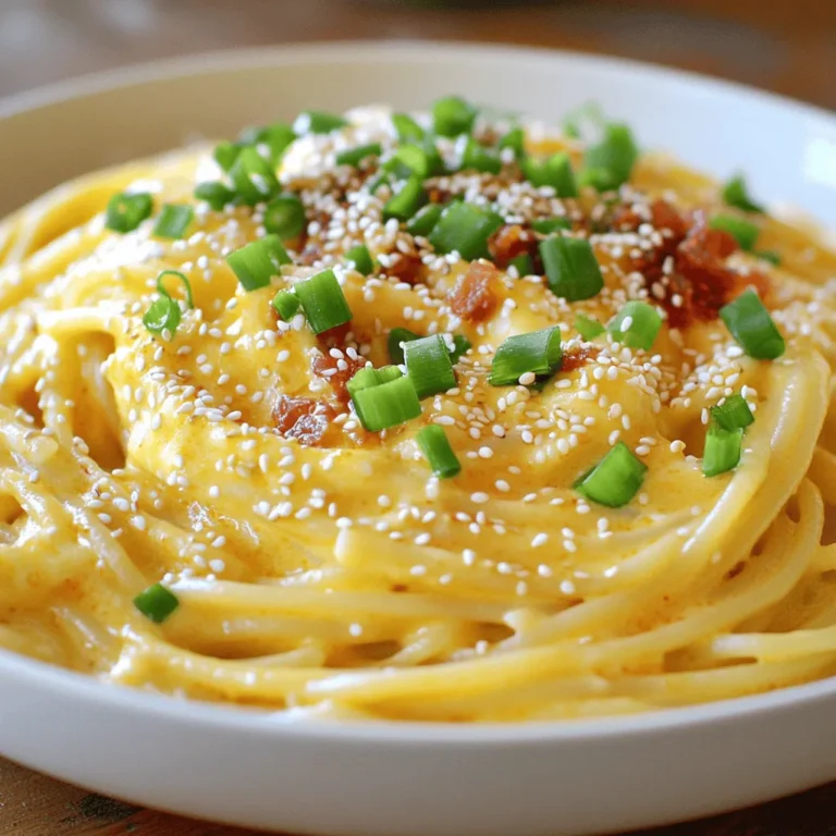 - 8 oz spaghetti or fettuccine - 3 large egg yolks - 1 whole egg - 1/2 cup finely grated Parmesan cheese - 1 tablespoon gochujang - 2 cloves garlic, minced - 1 tablespoon olive oil - 4 oz pancetta or diced turkey bacon (optional) - Salt and freshly cracked black pepper - Chopped green onions (for garnish) - Sesame seeds (for garnish) Gather these ingredients before you start cooking. This will make your process smooth and fun. The star of this dish is gochujang. It adds a deep heat and unique flavor. The creamy sauce comes from the eggs and cheese. The garlic and olive oil offer a nice aroma. If you want a meat option, use pancetta or turkey bacon. - Large pot - Medium mixing bowl - Large skillet - Tongs You need a large pot to boil the pasta. A medium mixing bowl helps mix the egg and cheese. The large skillet cooks the garlic and meat. Tongs are key to tossing your pasta with the sauce. Having the right tools makes cooking easier and more enjoyable. - Calories per serving: about 500 - Protein: 20g - Fat: 25g - Carbohydrates: 50g This dish is rich and filling. The calories come from the pasta, eggs, and cheese. It packs a good protein punch from the eggs and cheese. Enjoy it as a main meal or share it with a friend. For more details, check the Full Recipe for serving sizes and more tips. - Bring a large pot of salted water to a boil. - Cook spaghetti or fettuccine until al dente, about 8-10 minutes. First, salt the water. This helps the pasta taste great. When it boils, add the pasta. Stir it often. Before draining, save one cup of pasta water. This water helps make the sauce creamy later. - Whisk together egg yolks, whole egg, Parmesan, gochujang, and seasonings. - Heat olive oil and sauté garlic. In a medium bowl, mix the egg yolks, whole egg, and finely grated Parmesan cheese. Add gochujang and a pinch of salt and pepper. Whisk until it looks smooth. Heat olive oil in a skillet over medium heat. Add minced garlic. Sauté it for about 30 seconds. Watch for it to smell great and turn golden. - Cook pancetta or turkey bacon if using. - Toss drained pasta with garlic oil. - Mix in egg and gochujang mixture off the heat. If you want meat, add pancetta or turkey bacon now. Cook it until it is crispy, about 3-4 minutes. Then, toss the drained pasta into the skillet. Mix it well with the garlic oil. Off the heat, pour the egg and gochujang mixture over the hot pasta. Use tongs to toss it. The heat will cook the eggs gently, making a creamy sauce. Slowly add the reserved pasta water until the sauce is creamy and smooth. Taste and add more salt or pepper if you need to. Plate your Gochujang Carbonara right away. Enjoy the spicy twist! For the full recipe, check out the detailed steps and tips. To achieve a creamy sauce, start with room temperature eggs. Cold eggs can make the sauce clumpy. Whisk the yolks and the whole egg together well. This creates a smooth base. When you combine the egg mixture with the pasta, do it off the heat. The pasta should be hot enough to cook the eggs gently. Toss quickly with tongs. This helps make a rich sauce. If your sauce feels too thick, use reserved pasta water. Add it a little at a time. This water adds starch and helps to loosen the sauce. Keep tossing until you reach your desired creaminess. To boost the flavor, try adding spices. A pinch of red pepper flakes can add heat. Fresh herbs like parsley or basil can bring brightness. These small changes can really lift your dish. You can also experiment with different cheese. Pecorino Romano adds a sharp flavor. A mix of Parmesan and Pecorino can give you a nice depth. Use what you like best for a personal touch. One big mistake is overcooking the pasta. Al dente is best, as it will cook a bit more in the sauce. Always check the package time and taste a strand. Another mistake is scrambling the eggs. Keep the heat low when mixing the egg and pasta. If the skillet is too hot, the eggs will cook too fast. You want a creamy sauce, not scrambled eggs. {{image_4}} You can make a great vegetarian version of gochujang carbonara. Start by replacing the pancetta. Use mushrooms instead. They add a nice umami flavor. You can use shiitake or cremini mushrooms for this. Just sauté them in olive oil until they are golden and tender. Next, add seasonal vegetables. Think spinach, zucchini, or asparagus. They brighten up the dish and add color. Just toss them in the skillet with the garlic. This adds flavor and nutrition. Want more heat? You can increase the gochujang. Adding a little more will make it extra spicy. Just be careful! Start small and taste as you go. If you want to add other spices, try crushed red pepper flakes. They bring another layer of heat and flavor. Do you need a gluten-free option? You can easily swap out regular pasta for gluten-free pasta. There are many good brands available now. They work well in this recipe. You can also explore other noodle types. Try rice noodles or soba noodles. Each option gives a unique twist to the dish. They can bring different textures and flavors, making it fun to try new things. To keep your Gochujang Carbonara fresh, store it in an airtight container. Place the container in the fridge. Make sure to cool the pasta to room temperature before sealing. This helps prevent moisture buildup. Leftovers last about 3 days in the fridge. The best way to reheat carbonara is on the stove. Add a splash of water or broth to a skillet. Heat it over low to medium heat. Stir gently until warm. This keeps the sauce creamy and smooth. Avoid using the microwave, as it can dry out the pasta. You can freeze carbonara, but it may change texture. To freeze, place cooled portions in freezer-safe bags. Remove as much air as possible before sealing. For best taste, eat it within 1 month. When ready to eat, thaw it in the fridge overnight. Reheat gently on the stove with added liquid. This helps restore some of the creaminess. For the full recipe, check out the details above. Gochujang is a Korean chili paste. It has a deep red color. This paste is made from fermented soybeans, glutinous rice, and chili powder. Its flavor is sweet, spicy, and umami-rich. Gochujang adds a unique kick to many dishes. You can find it in Asian markets and some grocery stores. Yes, you can prep this dish ahead of time. Cook the pasta and store it in the fridge. Keep the sauce separate, so it stays creamy. When you are ready to eat, heat the pasta and mix in the sauce. This way, you enjoy fresh, tasty carbonara. If you lack pancetta, try turkey bacon or diced ham. For a vegetarian option, use mushrooms. Sauté them until golden and add them to the dish. You can also use smoked tofu for a plant-based protein. To make it milder, use less gochujang. You can start with half a tablespoon and taste it. If you want more heat, add a little more gochujang or some red pepper flakes. Adjust slowly until it meets your preference. For the complete steps and extra tips for making Gochujang Carbonara, click here: [Full Recipe]. This blog post covered how to make Gochujang Carbonara, from ingredients to storage tips. You learned about choosing the right pasta, creating a creamy sauce, and avoiding common cooking mistakes. No matter your taste, you can try variations like vegetarian options. Always store leftovers correctly to enjoy them later. Remember, cooking is fun, so feel free to experiment with flavors! Enjoy your delicious meal and impress others with your skills!