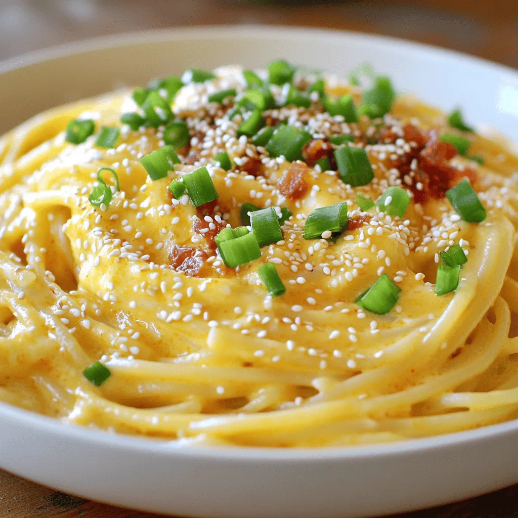 - 8 oz spaghetti or fettuccine - 3 large egg yolks - 1 whole egg - 1/2 cup finely grated Parmesan cheese - 1 tablespoon gochujang - 2 cloves garlic, minced - 1 tablespoon olive oil - 4 oz pancetta or diced turkey bacon (optional) - Salt and freshly cracked black pepper - Chopped green onions (for garnish) - Sesame seeds (for garnish) Gather these ingredients before you start cooking. This will make your process smooth and fun. The star of this dish is gochujang. It adds a deep heat and unique flavor. The creamy sauce comes from the eggs and cheese. The garlic and olive oil offer a nice aroma. If you want a meat option, use pancetta or turkey bacon. - Large pot - Medium mixing bowl - Large skillet - Tongs You need a large pot to boil the pasta. A medium mixing bowl helps mix the egg and cheese. The large skillet cooks the garlic and meat. Tongs are key to tossing your pasta with the sauce. Having the right tools makes cooking easier and more enjoyable. - Calories per serving: about 500 - Protein: 20g - Fat: 25g - Carbohydrates: 50g This dish is rich and filling. The calories come from the pasta, eggs, and cheese. It packs a good protein punch from the eggs and cheese. Enjoy it as a main meal or share it with a friend. For more details, check the Full Recipe for serving sizes and more tips. - Bring a large pot of salted water to a boil. - Cook spaghetti or fettuccine until al dente, about 8-10 minutes. First, salt the water. This helps the pasta taste great. When it boils, add the pasta. Stir it often. Before draining, save one cup of pasta water. This water helps make the sauce creamy later. - Whisk together egg yolks, whole egg, Parmesan, gochujang, and seasonings. - Heat olive oil and sauté garlic. In a medium bowl, mix the egg yolks, whole egg, and finely grated Parmesan cheese. Add gochujang and a pinch of salt and pepper. Whisk until it looks smooth. Heat olive oil in a skillet over medium heat. Add minced garlic. Sauté it for about 30 seconds. Watch for it to smell great and turn golden. - Cook pancetta or turkey bacon if using. - Toss drained pasta with garlic oil. - Mix in egg and gochujang mixture off the heat. If you want meat, add pancetta or turkey bacon now. Cook it until it is crispy, about 3-4 minutes. Then, toss the drained pasta into the skillet. Mix it well with the garlic oil. Off the heat, pour the egg and gochujang mixture over the hot pasta. Use tongs to toss it. The heat will cook the eggs gently, making a creamy sauce. Slowly add the reserved pasta water until the sauce is creamy and smooth. Taste and add more salt or pepper if you need to. Plate your Gochujang Carbonara right away. Enjoy the spicy twist! For the full recipe, check out the detailed steps and tips. To achieve a creamy sauce, start with room temperature eggs. Cold eggs can make the sauce clumpy. Whisk the yolks and the whole egg together well. This creates a smooth base. When you combine the egg mixture with the pasta, do it off the heat. The pasta should be hot enough to cook the eggs gently. Toss quickly with tongs. This helps make a rich sauce. If your sauce feels too thick, use reserved pasta water. Add it a little at a time. This water adds starch and helps to loosen the sauce. Keep tossing until you reach your desired creaminess. To boost the flavor, try adding spices. A pinch of red pepper flakes can add heat. Fresh herbs like parsley or basil can bring brightness. These small changes can really lift your dish. You can also experiment with different cheese. Pecorino Romano adds a sharp flavor. A mix of Parmesan and Pecorino can give you a nice depth. Use what you like best for a personal touch. One big mistake is overcooking the pasta. Al dente is best, as it will cook a bit more in the sauce. Always check the package time and taste a strand. Another mistake is scrambling the eggs. Keep the heat low when mixing the egg and pasta. If the skillet is too hot, the eggs will cook too fast. You want a creamy sauce, not scrambled eggs. {{image_4}} You can make a great vegetarian version of gochujang carbonara. Start by replacing the pancetta. Use mushrooms instead. They add a nice umami flavor. You can use shiitake or cremini mushrooms for this. Just sauté them in olive oil until they are golden and tender. Next, add seasonal vegetables. Think spinach, zucchini, or asparagus. They brighten up the dish and add color. Just toss them in the skillet with the garlic. This adds flavor and nutrition. Want more heat? You can increase the gochujang. Adding a little more will make it extra spicy. Just be careful! Start small and taste as you go. If you want to add other spices, try crushed red pepper flakes. They bring another layer of heat and flavor. Do you need a gluten-free option? You can easily swap out regular pasta for gluten-free pasta. There are many good brands available now. They work well in this recipe. You can also explore other noodle types. Try rice noodles or soba noodles. Each option gives a unique twist to the dish. They can bring different textures and flavors, making it fun to try new things. To keep your Gochujang Carbonara fresh, store it in an airtight container. Place the container in the fridge. Make sure to cool the pasta to room temperature before sealing. This helps prevent moisture buildup. Leftovers last about 3 days in the fridge. The best way to reheat carbonara is on the stove. Add a splash of water or broth to a skillet. Heat it over low to medium heat. Stir gently until warm. This keeps the sauce creamy and smooth. Avoid using the microwave, as it can dry out the pasta. You can freeze carbonara, but it may change texture. To freeze, place cooled portions in freezer-safe bags. Remove as much air as possible before sealing. For best taste, eat it within 1 month. When ready to eat, thaw it in the fridge overnight. Reheat gently on the stove with added liquid. This helps restore some of the creaminess. For the full recipe, check out the details above. Gochujang is a Korean chili paste. It has a deep red color. This paste is made from fermented soybeans, glutinous rice, and chili powder. Its flavor is sweet, spicy, and umami-rich. Gochujang adds a unique kick to many dishes. You can find it in Asian markets and some grocery stores. Yes, you can prep this dish ahead of time. Cook the pasta and store it in the fridge. Keep the sauce separate, so it stays creamy. When you are ready to eat, heat the pasta and mix in the sauce. This way, you enjoy fresh, tasty carbonara. If you lack pancetta, try turkey bacon or diced ham. For a vegetarian option, use mushrooms. Sauté them until golden and add them to the dish. You can also use smoked tofu for a plant-based protein. To make it milder, use less gochujang. You can start with half a tablespoon and taste it. If you want more heat, add a little more gochujang or some red pepper flakes. Adjust slowly until it meets your preference. For the complete steps and extra tips for making Gochujang Carbonara, click here: [Full Recipe]. This blog post covered how to make Gochujang Carbonara, from ingredients to storage tips. You learned about choosing the right pasta, creating a creamy sauce, and avoiding common cooking mistakes. No matter your taste, you can try variations like vegetarian options. Always store leftovers correctly to enjoy them later. Remember, cooking is fun, so feel free to experiment with flavors! Enjoy your delicious meal and impress others with your skills!