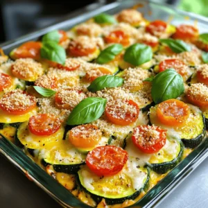 To make a delicious Cheesy Baked Zucchini Casserole, you will need the following ingredients: - 4 medium zucchinis, sliced into 1/4-inch rounds - 1 cup cherry tomatoes, halved - 1 small onion, finely chopped - 2 cloves garlic, minced - 1 cup mozzarella cheese, freshly shredded - 1 cup sharp cheddar cheese, freshly shredded - 1/2 cup grated Parmesan cheese - 1/2 cup panko breadcrumbs - 2 tablespoons extra-virgin olive oil - 1 teaspoon dried oregano - 1/2 teaspoon red pepper flakes - Salt and black pepper to taste - Fresh basil leaves, torn, for garnish These ingredients bring together a mix of flavors and textures. The zucchinis add a soft bite, while the cheeses provide a creamy richness. The cherry tomatoes burst with sweetness and acidity, brightening the dish. The panko breadcrumbs add a satisfying crunch on top, making every bite enjoyable. Don’t forget to check out the Full Recipe to see how to bring all these wonderful ingredients together! - Preheat the oven to 375°F. - Grease a 9x13 inch baking dish with olive oil. - Combine sliced zucchini, cherry tomatoes, chopped onion, and minced garlic in a bowl. - Drizzle the veggies with olive oil. Sprinkle with oregano, salt, and pepper. Toss until mixed well. - Spread half of the zucchini mixture in the greased dish. - Sprinkle half of the mozzarella and cheddar cheese over the first layer. - Add the rest of the zucchini mixture on top. Press it down gently. - Cover with the remaining mozzarella and cheddar cheese. - In a small bowl, mix panko breadcrumbs with grated Parmesan cheese. - Layer this breadcrumb mix over the cheese. - Cover the dish with foil and bake for 25 minutes. - Carefully remove the foil and bake for another 15-20 minutes, until golden brown. - Let the casserole cool for 5 minutes before serving. - Garnish with torn fresh basil leaves for a burst of flavor. For the Full Recipe, check the ingredients and detailed steps above. Enjoy your cheesy baked zucchini casserole! To get the best texture in your casserole, salting the zucchini is key. Zucchini holds a lot of water. Salting helps draw out that moisture. Just slice the zucchini and sprinkle it with salt. Let it sit for about 15 minutes. After that, rinse and pat it dry. This step keeps your casserole from becoming too watery. Using fresh cheeses is also important. Fresh mozzarella and sharp cheddar give the best flavor. They melt well and create that gooey texture we all love. Consider shredding the cheese yourself. Pre-shredded cheese often has additives that can affect melting. Adjusting the cooking time can change your result. If you like your casserole extra soft, bake it longer. For a firmer bite, stick to the time in the recipe. Oven temperatures can vary, so check yours with an oven thermometer. Your dish should be golden brown and bubbling when done. Try using different herbs and spices to change the taste. Basil and thyme work great with zucchini. You can also add some garlic powder for an extra kick. For cheese combinations, mix mozzarella with feta for a nice twist. The sharpness of cheddar pairs well with creamy cheeses too. For more details, check the Full Recipe for Cheesy Baked Zucchini Casserole. Enjoy creating your own version! {{image_4}} You can boost the protein in your casserole easily. - Add cooked ground turkey or beef for a hearty meal. - If you prefer a vegetarian option, use beans. Beans add protein and fiber. Looking for low-carb options? Zucchini is great, but you can swap it out. - Try using other veggies like eggplant for a keto-friendly dish. - Cauliflower also works well as an added vegetable. It gives a nice texture. Seasonal ingredients can elevate your casserole. - Add colorful veggies like bell peppers or sweet corn. They add flavor and crunch. - Fresh herbs can also enhance your dish. Use basil or parsley for a fresh touch. For the full recipe, check out the Cheesy Baked Zucchini Casserole. After you enjoy your cheesy baked zucchini casserole, let it cool first. Then, transfer it to an airtight container. This helps keep it fresh. Store it in the fridge for up to 4 days. If you want to keep it longer, freezing is a great option. To freeze the casserole, first, let it cool completely. Cut it into individual portions for easy thawing. Wrap each piece tightly in plastic wrap, then place them in a freezer-safe bag. This way, you can enjoy it later without losing flavor. When you’re ready to eat, take a piece out. Thaw it in the fridge overnight. Reheat it in the oven at 350°F (175°C) until it’s hot all the way through. This keeps the cheese melty and delicious. Enjoy every bite! Cheesy Baked Zucchini Casserole stays fresh for about 3 to 5 days in the fridge. Store it in an airtight container to keep it safe from odors and moisture. Always check for any signs of spoilage before eating. Yes, you can prepare this casserole a day ahead. Just follow the steps until the baking stage. Cover it tightly and store it in the fridge. When you're ready, bake it straight from the fridge. This method saves time on busy days. This casserole pairs well with a fresh green salad or garlic bread. A light vinaigrette on the salad enhances the meal. You could also serve it with grilled chicken or fish for added protein. Yes, you can easily make it gluten-free. Just replace the panko breadcrumbs with gluten-free breadcrumbs. Check the cheese labels to ensure they are gluten-free as well. This way, everyone can enjoy this tasty dish. Absolutely! Feel free to mix in other veggies. Bell peppers, mushrooms, or spinach work well. These swaps can add extra flavors and nutrients, making your casserole even more delicious. Just ensure to adjust the cooking time if needed. In this blog post, we explored a delicious Cheesy Baked Zucchini Casserole. We listed required ingredients and detailed step-by-step instructions for preparation. You learned how to mix, layer, and bake your casserole to perfection. Plus, I shared tips for texture, timing, and enhancing flavor. For a delightful twist, you can add proteins or seasonal veggies. Enjoy the leftovers by following our storage tips. This recipe is simple, tasty, and perfect for any meal. Dive in and make it your own!