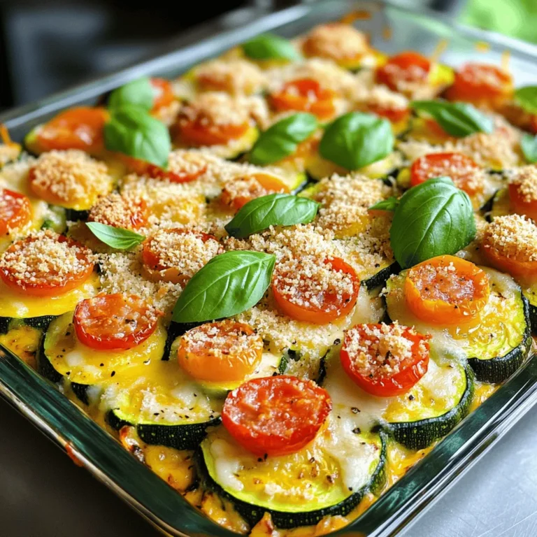 To make a delicious Cheesy Baked Zucchini Casserole, you will need the following ingredients: - 4 medium zucchinis, sliced into 1/4-inch rounds - 1 cup cherry tomatoes, halved - 1 small onion, finely chopped - 2 cloves garlic, minced - 1 cup mozzarella cheese, freshly shredded - 1 cup sharp cheddar cheese, freshly shredded - 1/2 cup grated Parmesan cheese - 1/2 cup panko breadcrumbs - 2 tablespoons extra-virgin olive oil - 1 teaspoon dried oregano - 1/2 teaspoon red pepper flakes - Salt and black pepper to taste - Fresh basil leaves, torn, for garnish These ingredients bring together a mix of flavors and textures. The zucchinis add a soft bite, while the cheeses provide a creamy richness. The cherry tomatoes burst with sweetness and acidity, brightening the dish. The panko breadcrumbs add a satisfying crunch on top, making every bite enjoyable. Don’t forget to check out the Full Recipe to see how to bring all these wonderful ingredients together! - Preheat the oven to 375°F. - Grease a 9x13 inch baking dish with olive oil. - Combine sliced zucchini, cherry tomatoes, chopped onion, and minced garlic in a bowl. - Drizzle the veggies with olive oil. Sprinkle with oregano, salt, and pepper. Toss until mixed well. - Spread half of the zucchini mixture in the greased dish. - Sprinkle half of the mozzarella and cheddar cheese over the first layer. - Add the rest of the zucchini mixture on top. Press it down gently. - Cover with the remaining mozzarella and cheddar cheese. - In a small bowl, mix panko breadcrumbs with grated Parmesan cheese. - Layer this breadcrumb mix over the cheese. - Cover the dish with foil and bake for 25 minutes. - Carefully remove the foil and bake for another 15-20 minutes, until golden brown. - Let the casserole cool for 5 minutes before serving. - Garnish with torn fresh basil leaves for a burst of flavor. For the Full Recipe, check the ingredients and detailed steps above. Enjoy your cheesy baked zucchini casserole! To get the best texture in your casserole, salting the zucchini is key. Zucchini holds a lot of water. Salting helps draw out that moisture. Just slice the zucchini and sprinkle it with salt. Let it sit for about 15 minutes. After that, rinse and pat it dry. This step keeps your casserole from becoming too watery. Using fresh cheeses is also important. Fresh mozzarella and sharp cheddar give the best flavor. They melt well and create that gooey texture we all love. Consider shredding the cheese yourself. Pre-shredded cheese often has additives that can affect melting. Adjusting the cooking time can change your result. If you like your casserole extra soft, bake it longer. For a firmer bite, stick to the time in the recipe. Oven temperatures can vary, so check yours with an oven thermometer. Your dish should be golden brown and bubbling when done. Try using different herbs and spices to change the taste. Basil and thyme work great with zucchini. You can also add some garlic powder for an extra kick. For cheese combinations, mix mozzarella with feta for a nice twist. The sharpness of cheddar pairs well with creamy cheeses too. For more details, check the Full Recipe for Cheesy Baked Zucchini Casserole. Enjoy creating your own version! {{image_4}} You can boost the protein in your casserole easily. - Add cooked ground turkey or beef for a hearty meal. - If you prefer a vegetarian option, use beans. Beans add protein and fiber. Looking for low-carb options? Zucchini is great, but you can swap it out. - Try using other veggies like eggplant for a keto-friendly dish. - Cauliflower also works well as an added vegetable. It gives a nice texture. Seasonal ingredients can elevate your casserole. - Add colorful veggies like bell peppers or sweet corn. They add flavor and crunch. - Fresh herbs can also enhance your dish. Use basil or parsley for a fresh touch. For the full recipe, check out the Cheesy Baked Zucchini Casserole. After you enjoy your cheesy baked zucchini casserole, let it cool first. Then, transfer it to an airtight container. This helps keep it fresh. Store it in the fridge for up to 4 days. If you want to keep it longer, freezing is a great option. To freeze the casserole, first, let it cool completely. Cut it into individual portions for easy thawing. Wrap each piece tightly in plastic wrap, then place them in a freezer-safe bag. This way, you can enjoy it later without losing flavor. When you’re ready to eat, take a piece out. Thaw it in the fridge overnight. Reheat it in the oven at 350°F (175°C) until it’s hot all the way through. This keeps the cheese melty and delicious. Enjoy every bite! Cheesy Baked Zucchini Casserole stays fresh for about 3 to 5 days in the fridge. Store it in an airtight container to keep it safe from odors and moisture. Always check for any signs of spoilage before eating. Yes, you can prepare this casserole a day ahead. Just follow the steps until the baking stage. Cover it tightly and store it in the fridge. When you're ready, bake it straight from the fridge. This method saves time on busy days. This casserole pairs well with a fresh green salad or garlic bread. A light vinaigrette on the salad enhances the meal. You could also serve it with grilled chicken or fish for added protein. Yes, you can easily make it gluten-free. Just replace the panko breadcrumbs with gluten-free breadcrumbs. Check the cheese labels to ensure they are gluten-free as well. This way, everyone can enjoy this tasty dish. Absolutely! Feel free to mix in other veggies. Bell peppers, mushrooms, or spinach work well. These swaps can add extra flavors and nutrients, making your casserole even more delicious. Just ensure to adjust the cooking time if needed. In this blog post, we explored a delicious Cheesy Baked Zucchini Casserole. We listed required ingredients and detailed step-by-step instructions for preparation. You learned how to mix, layer, and bake your casserole to perfection. Plus, I shared tips for texture, timing, and enhancing flavor. For a delightful twist, you can add proteins or seasonal veggies. Enjoy the leftovers by following our storage tips. This recipe is simple, tasty, and perfect for any meal. Dive in and make it your own!