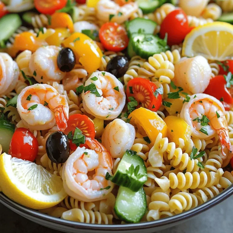 - 8 oz. rotini pasta - 1 cup cooked shrimp, peeled and deveined - 1 cup cooked scallops - 1/2 cup cherry tomatoes, halved - 1/4 cup black olives, sliced - 1/4 cup red bell pepper, diced - 1/4 cup red onion, finely chopped - 1/2 cup cucumber, diced - 1/4 cup fresh parsley, chopped - 1/3 cup extra virgin olive oil - 2 tablespoons fresh lemon juice - 1 teaspoon Dijon mustard - Sea salt and freshly cracked black pepper, to taste When I make seafood pasta salad, I focus on fresh and tasty ingredients. The rotini pasta gives a nice twist and holds the dressing well. I love using shrimp and scallops for their sweet and savory taste. The halved cherry tomatoes add a burst of color and flavor. Black olives give a nice briny touch that balances the salad. For extra crunch and freshness, I add diced red bell pepper, red onion, and cucumber. Each brings a different texture and flavor. Fresh parsley brightens up the salad and adds a pop of green. The dressing is simple but full of flavor. I mix olive oil, lemon juice, and Dijon mustard. A good pinch of sea salt and cracked black pepper makes it perfect. This dressing ties all the ingredients together beautifully. You can find the full recipe above, and I hope you enjoy making this dish as much as I do! First, cook your rotini pasta. Follow the package instructions closely. This usually takes about 8-10 minutes. You want the pasta to be al dente, meaning it should still have a slight bite. Once cooked, drain the pasta in a colander. To cool it down, rinse it under cold water for a few seconds. This step helps to stop the cooking process and keep the pasta from sticking together. After rinsing, let it drain well and transfer it to a large bowl. Now, let’s make the dressing. In a small bowl, whisk together the extra virgin olive oil and fresh lemon juice. Add in the Dijon mustard, sea salt, and freshly cracked black pepper. Whisk until you see a smooth blend. This dressing will bring all the flavors together and add a nice tang to the salad. Next, it's time to combine everything! Gently add the cooled pasta to your large mixing bowl. Then, add the cooked shrimp, scallops, halved cherry tomatoes, sliced black olives, diced red bell pepper, finely chopped red onion, diced cucumber, and chopped fresh parsley. Pour your dressing over this mix. Using a large spoon, toss everything together gently. Make sure all ingredients are coated well with the dressing, but be careful not to break the seafood. Cover the bowl and place it in the refrigerator for at least 30 minutes. This resting time allows the flavors to meld beautifully. - Always cook shrimp and scallops until they are firm and opaque. - Use fresh ingredients like ripe tomatoes and crisp cucumbers for the best flavor. - For a tangy taste, add more lemon juice to the dressing. - Try using a yogurt-based dressing for a creamy twist. - Serve the salad in a large, colorful bowl for a fun look. - Garnish with lemon slices and fresh parsley for a pop of color. With these tips, your seafood pasta salad will shine at any gathering. For the complete recipe, check out the Full Recipe section. {{image_4}} You can swap shrimp and scallops for other seafood options. Try using crab meat or canned tuna. Both add great flavor and texture. For a fun twist, use smoked salmon. If you prefer something different, consider a mix of clams or mussels. They bring a unique taste to your salad. If you're looking for vegetarian alternatives, try roasted chickpeas or marinated artichokes. These options add a hearty element to your dish. You can also use tofu for added protein. It absorbs dressings well and adds a nice texture. Different pasta shapes can make your salad more interesting. Rotini is great, but you could try bowtie or penne pasta. These shapes hold the dressing well and are fun to eat. For a light option, use whole wheat pasta. It offers more fiber and nutrients. If you need gluten-free options, look for rice or quinoa pasta. These alternatives work well and keep the dish light. They cook similarly to regular pasta, so no need to worry about texture. Adding different herbs and spices can elevate your seafood pasta salad. Fresh basil or dill can add a nice twist. You can also sprinkle in some red pepper flakes for a bit of heat. Just a pinch can make a big difference. Incorporating additional vegetables or ingredients can enhance the flavors even more. Try adding avocado for creaminess or arugula for peppery notes. You can also mix in some capers for a briny flavor. Each option brings new layers to your meal. For the full recipe, check out the Seafood Pasta Salad Delight! To keep your seafood pasta salad fresh, place it in an airtight container. This helps maintain its taste and texture. Make sure to refrigerate the salad within two hours of serving. Seafood pasta salad lasts about three days in the fridge. Always check for signs of spoilage before eating leftovers. If it smells off or looks strange, it’s best to toss it. You can freeze seafood pasta salad, but it may change in texture. The seafood might become rubbery when thawed. To freeze, place it in a freezer-safe container. Make sure to leave some space for expansion. When ready to eat, thaw it in the fridge overnight. After thawing, give it a good stir to mix the ingredients. If the salad seems dry, add a little olive oil or lemon juice to freshen it up. For the full recipe, refer to the detailed instructions above. How long does seafood pasta salad take to prepare? This salad takes about 15 minutes to prep and 30 minutes to chill. So, plan for around 45 minutes total. You can enjoy this fresh dish in no time. Can I use frozen seafood for this recipe? Yes, frozen seafood works well! Just thaw it first and pat it dry. This helps keep the salad from becoming watery. What sides pair well with seafood pasta salad? Great sides include crusty bread, green salad, or grilled veggies. They complement the flavors nicely without overwhelming the dish. Is this recipe gluten-free? No, this recipe is not gluten-free because of the rotini pasta. However, you can use gluten-free pasta to make this dish suitable for gluten-free diets. Can I make this salad a day in advance? Yes, you can! Making it a day ahead lets the flavors blend better. Just keep it covered in the fridge until you serve it. Tips for making it dairy-free or low-carb To make it dairy-free, simply skip any cheese. For a low-carb version, use spiralized zucchini or cauliflower rice instead of pasta. Suggestions for allergen-friendly versions If you have shellfish allergies, try using chicken or tofu. You can also skip the seafood altogether and add more veggies for a fresh twist. For the full recipe, check out the details above! In summary, we explored the key ingredients and preparation steps for a delicious seafood pasta salad. I shared tips for perfecting the dish and ways to customize it. You can make it your own with different seafood or pasta shapes. This salad is not just tasty but also easy to store. With proper care, your leftovers will last. Enjoy making this dish, whether for a gathering or a simple meal at home. It’s versatile, fresh, and sure to please everyone at your table.