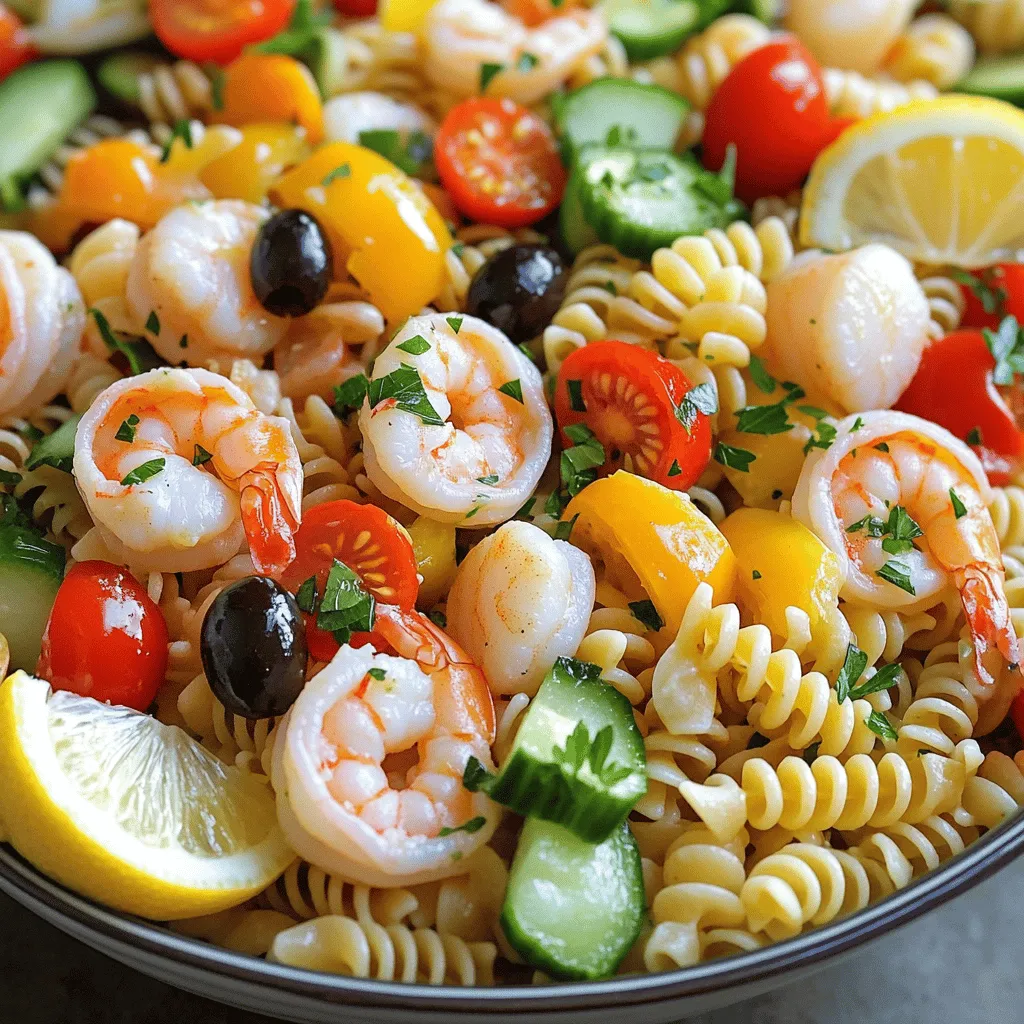 - 8 oz. rotini pasta - 1 cup cooked shrimp, peeled and deveined - 1 cup cooked scallops - 1/2 cup cherry tomatoes, halved - 1/4 cup black olives, sliced - 1/4 cup red bell pepper, diced - 1/4 cup red onion, finely chopped - 1/2 cup cucumber, diced - 1/4 cup fresh parsley, chopped - 1/3 cup extra virgin olive oil - 2 tablespoons fresh lemon juice - 1 teaspoon Dijon mustard - Sea salt and freshly cracked black pepper, to taste When I make seafood pasta salad, I focus on fresh and tasty ingredients. The rotini pasta gives a nice twist and holds the dressing well. I love using shrimp and scallops for their sweet and savory taste. The halved cherry tomatoes add a burst of color and flavor. Black olives give a nice briny touch that balances the salad. For extra crunch and freshness, I add diced red bell pepper, red onion, and cucumber. Each brings a different texture and flavor. Fresh parsley brightens up the salad and adds a pop of green. The dressing is simple but full of flavor. I mix olive oil, lemon juice, and Dijon mustard. A good pinch of sea salt and cracked black pepper makes it perfect. This dressing ties all the ingredients together beautifully. You can find the full recipe above, and I hope you enjoy making this dish as much as I do! First, cook your rotini pasta. Follow the package instructions closely. This usually takes about 8-10 minutes. You want the pasta to be al dente, meaning it should still have a slight bite. Once cooked, drain the pasta in a colander. To cool it down, rinse it under cold water for a few seconds. This step helps to stop the cooking process and keep the pasta from sticking together. After rinsing, let it drain well and transfer it to a large bowl. Now, let’s make the dressing. In a small bowl, whisk together the extra virgin olive oil and fresh lemon juice. Add in the Dijon mustard, sea salt, and freshly cracked black pepper. Whisk until you see a smooth blend. This dressing will bring all the flavors together and add a nice tang to the salad. Next, it's time to combine everything! Gently add the cooled pasta to your large mixing bowl. Then, add the cooked shrimp, scallops, halved cherry tomatoes, sliced black olives, diced red bell pepper, finely chopped red onion, diced cucumber, and chopped fresh parsley. Pour your dressing over this mix. Using a large spoon, toss everything together gently. Make sure all ingredients are coated well with the dressing, but be careful not to break the seafood. Cover the bowl and place it in the refrigerator for at least 30 minutes. This resting time allows the flavors to meld beautifully. - Always cook shrimp and scallops until they are firm and opaque. - Use fresh ingredients like ripe tomatoes and crisp cucumbers for the best flavor. - For a tangy taste, add more lemon juice to the dressing. - Try using a yogurt-based dressing for a creamy twist. - Serve the salad in a large, colorful bowl for a fun look. - Garnish with lemon slices and fresh parsley for a pop of color. With these tips, your seafood pasta salad will shine at any gathering. For the complete recipe, check out the Full Recipe section. {{image_4}} You can swap shrimp and scallops for other seafood options. Try using crab meat or canned tuna. Both add great flavor and texture. For a fun twist, use smoked salmon. If you prefer something different, consider a mix of clams or mussels. They bring a unique taste to your salad. If you're looking for vegetarian alternatives, try roasted chickpeas or marinated artichokes. These options add a hearty element to your dish. You can also use tofu for added protein. It absorbs dressings well and adds a nice texture. Different pasta shapes can make your salad more interesting. Rotini is great, but you could try bowtie or penne pasta. These shapes hold the dressing well and are fun to eat. For a light option, use whole wheat pasta. It offers more fiber and nutrients. If you need gluten-free options, look for rice or quinoa pasta. These alternatives work well and keep the dish light. They cook similarly to regular pasta, so no need to worry about texture. Adding different herbs and spices can elevate your seafood pasta salad. Fresh basil or dill can add a nice twist. You can also sprinkle in some red pepper flakes for a bit of heat. Just a pinch can make a big difference. Incorporating additional vegetables or ingredients can enhance the flavors even more. Try adding avocado for creaminess or arugula for peppery notes. You can also mix in some capers for a briny flavor. Each option brings new layers to your meal. For the full recipe, check out the Seafood Pasta Salad Delight! To keep your seafood pasta salad fresh, place it in an airtight container. This helps maintain its taste and texture. Make sure to refrigerate the salad within two hours of serving. Seafood pasta salad lasts about three days in the fridge. Always check for signs of spoilage before eating leftovers. If it smells off or looks strange, it’s best to toss it. You can freeze seafood pasta salad, but it may change in texture. The seafood might become rubbery when thawed. To freeze, place it in a freezer-safe container. Make sure to leave some space for expansion. When ready to eat, thaw it in the fridge overnight. After thawing, give it a good stir to mix the ingredients. If the salad seems dry, add a little olive oil or lemon juice to freshen it up. For the full recipe, refer to the detailed instructions above. How long does seafood pasta salad take to prepare? This salad takes about 15 minutes to prep and 30 minutes to chill. So, plan for around 45 minutes total. You can enjoy this fresh dish in no time. Can I use frozen seafood for this recipe? Yes, frozen seafood works well! Just thaw it first and pat it dry. This helps keep the salad from becoming watery. What sides pair well with seafood pasta salad? Great sides include crusty bread, green salad, or grilled veggies. They complement the flavors nicely without overwhelming the dish. Is this recipe gluten-free? No, this recipe is not gluten-free because of the rotini pasta. However, you can use gluten-free pasta to make this dish suitable for gluten-free diets. Can I make this salad a day in advance? Yes, you can! Making it a day ahead lets the flavors blend better. Just keep it covered in the fridge until you serve it. Tips for making it dairy-free or low-carb To make it dairy-free, simply skip any cheese. For a low-carb version, use spiralized zucchini or cauliflower rice instead of pasta. Suggestions for allergen-friendly versions If you have shellfish allergies, try using chicken or tofu. You can also skip the seafood altogether and add more veggies for a fresh twist. For the full recipe, check out the details above! In summary, we explored the key ingredients and preparation steps for a delicious seafood pasta salad. I shared tips for perfecting the dish and ways to customize it. You can make it your own with different seafood or pasta shapes. This salad is not just tasty but also easy to store. With proper care, your leftovers will last. Enjoy making this dish, whether for a gathering or a simple meal at home. It’s versatile, fresh, and sure to please everyone at your table.