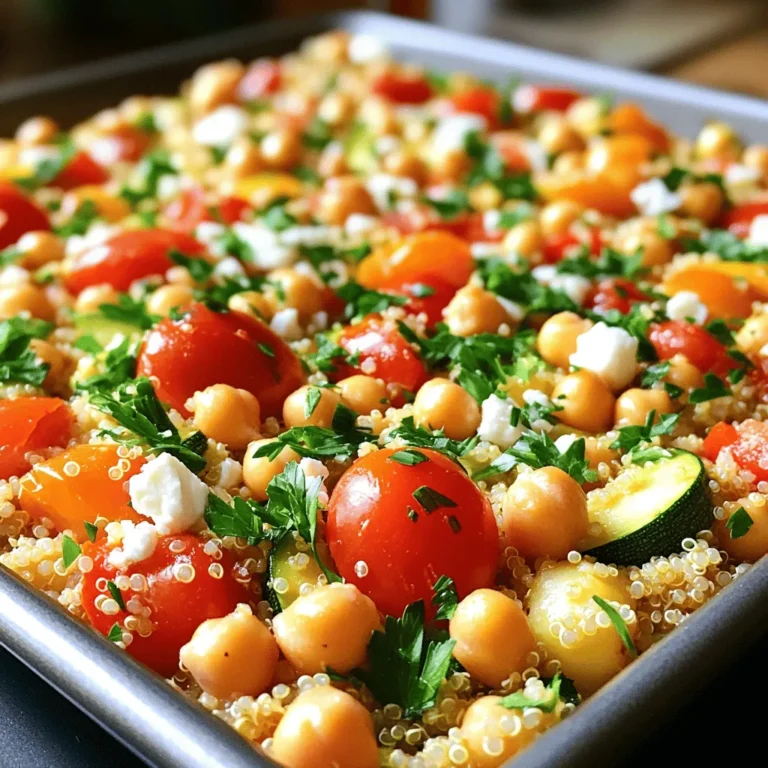 Here’s what you need for the One-Pan Mediterranean Quinoa Bake: - 1 cup quinoa, thoroughly rinsed - 2 cups vegetable broth - 1 can (15 oz) chickpeas, drained and rinsed - 1 cup cherry tomatoes, halved - 1 red bell pepper, diced into bite-sized pieces - 1 medium zucchini, diced - 1 teaspoon dried oregano - 1 teaspoon garlic powder - ½ teaspoon smoked paprika - Sea salt and freshly cracked black pepper to taste - 2 tablespoons extra virgin olive oil - ¼ cup feta cheese, crumbled (optional for a creamy touch) - Fresh parsley, chopped, for garnish You can easily change up this recipe. Here are some optional ingredients: - Spinach or kale for added greens - Olives for a briny flavor - Different cheese types like goat cheese - Red pepper flakes for some heat - Lemon zest for a fresh twist Each ingredient in this dish brings something special: - Quinoa: A great source of protein and fiber. It's gluten-free, too. - Chickpeas: Full of protein and can help keep you full longer. - Tomatoes: Rich in vitamins A and C, plus they add a lovely sweetness. - Bell pepper: Packed with antioxidants and adds a nice crunch. - Zucchini: Low in calories and high in vitamins. - Olive oil: Contains healthy fats that are good for your heart. - Feta cheese: Adds creaminess and flavor, plus some calcium. - Herbs and spices: Enhance flavor without extra calories, making meals tasty and healthy. This dish offers a balance of nutrients and flavors that make it a delightful choice for dinner. Enjoy cooking! Start your prep by gathering all the ingredients. You will need: - 1 cup quinoa, thoroughly rinsed - 2 cups vegetable broth - 1 can (15 oz) chickpeas, drained and rinsed - 1 cup cherry tomatoes, halved - 1 red bell pepper, diced into bite-sized pieces - 1 medium zucchini, diced - 1 teaspoon dried oregano - 1 teaspoon garlic powder - ½ teaspoon smoked paprika - Sea salt and freshly cracked black pepper to taste - 2 tablespoons extra virgin olive oil - ¼ cup feta cheese, crumbled (optional for a creamy touch) - Fresh parsley, chopped, for garnish Measure each ingredient carefully. Rinse the quinoa under cold water. This step removes any bitterness. Chop your vegetables into even pieces. This ensures they cook evenly. Preheat your oven to 375°F (190°C). This step is important to get even baking. In a large, oven-safe skillet, mix the rinsed quinoa and vegetable broth. Stir well to combine. Next, add the chickpeas, cherry tomatoes, bell pepper, and zucchini. Sprinkle the dried oregano, garlic powder, smoked paprika, salt, and pepper over the mixture. Drizzle the olive oil on top. Stir everything together until all ingredients are evenly mixed. Cover the skillet tightly. Place the covered skillet in the preheated oven and bake for 25 minutes. This step helps the quinoa absorb the broth. After 25 minutes, carefully remove the cover. Stir in the crumbled feta cheese if you want that creamy touch. Return the skillet to the oven. Bake uncovered for another 10 minutes. This helps the quinoa get fluffy and the veggies tender. Once done, take the skillet out and let it cool for a few minutes. Garnish with fresh parsley before serving. Cleanup is simple since this is a one-pan meal. Just let the skillet soak in warm soapy water. Enjoy your One-Pan Mediterranean Quinoa Bake! To make the One-Pan Mediterranean Quinoa Bake shine, use fresh ingredients. Rinse your quinoa well to remove any bitterness. This small step enhances the taste. For a richer flavor, use homemade vegetable broth. It adds depth that store-bought broth may lack. Adjust spices to your liking. You can add more smoked paprika for a smoky kick. Always taste the dish before serving to ensure it meets your standards. Cleanup can be a breeze with this one-pan meal. After cooking, let the skillet soak in warm, soapy water. This softens any stuck bits, making it easy to scrub. Use a non-stick skillet to reduce food sticking. You can also line your skillet with parchment paper for even easier cleanup. When you finish eating, simply place utensils in the dishwasher. Presentation matters, even with easy meals. Serve the quinoa bake directly in the skillet for a rustic look. Garnish with fresh parsley right before serving. This adds a pop of color. Consider adding slices of lemon on the side. It gives a fresh zest that brightens the dish. Pair it with a simple salad for a complete meal. Enjoy your delightful Mediterranean meal! {{image_4}} You can easily adjust this recipe to fit various diets. If you're gluten-free, use quinoa, which is naturally gluten-free. For a nut-free version, skip any nuts you might want to add. If you prefer a lower-carb option, you can swap quinoa for cauliflower rice. For cheese lovers, use dairy-free cheese to keep it vegan. Want to spice things up? Try adding different spices to the mix. For an Italian twist, use basil and oregano. For a Mexican vibe, add cumin and chili powder. You can also toss in some black beans and corn for a hearty addition. Experiment with flavors like curry powder for an Indian flair, or use soy sauce and ginger for an Asian touch. Though baking is simple, you have other options too. You can cook this dish on the stovetop. Just simmer everything in a pot until the quinoa is done. A pressure cooker is great for a quick meal. Just ensure to follow the same ingredient ratios. You can even use an air fryer for a crispy texture. Just keep an eye on it to avoid burning. For the full recipe, check out the One-Pan Mediterranean Quinoa Bake. Store your One-Pan Mediterranean Quinoa Bake in an airtight container. This keeps it fresh. Make sure it cools to room temperature before sealing. If you have extra portions, use smaller containers. This helps with portion control and easy access later. When you’re ready to enjoy leftovers, heat them gently. Use the microwave for quick warming. You can also reheat on the stove. Add a splash of vegetable broth to keep it moist. Stir often to ensure even heating. You can freeze the quinoa bake for later meals. Portion it into freezer-safe containers. Use parchment paper to separate layers if necessary. Label each container with the date. It keeps well for up to three months. Thaw in the fridge overnight before reheating. Enjoy the flavors just like the first time! The One-Pan Mediterranean Quinoa Bake takes about 50 minutes to cook. You will spend 15 minutes prepping the ingredients. Then, it bakes in the oven for 35 minutes. This dish is quick and easy, making it perfect for busy nights. Yes, you can make this recipe vegan easily. Just omit the feta cheese. The dish will still be full of flavor and nutrition, thanks to the quinoa, chickpeas, and veggies. You won't miss the cheese at all! This bake is tasty on its own. However, you can enhance your meal with a simple salad. A fresh green salad with lemon vinaigrette works well. You can also serve it with crusty bread for a heartier dinner. For a fun twist, try roasted vegetables or a side of hummus. For the full recipe, check out the One-Pan Mediterranean Quinoa Bake. Enjoy your cooking! In this post, we explored the One-Pan Mediterranean Quinoa Bake. We covered key ingredients and their benefits, with options for customization. You learned step-by-step how to prep, cook, and bake. Tips for perfecting your dish and easy cleanup were also shared. Variations let you adjust for dietary needs and tastes. Finally, we discussed the best ways to store and enjoy leftovers. Overall, this dish is simple, tasty, and fun to make. Enjoy creating your version!