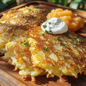- 4 medium-sized russet potatoes - 1 small onion - 2 large eggs - 1/4 cup all-purpose flour - 1 teaspoon baking powder - 1 teaspoon garlic powder - Salt and pepper to taste - 1/4 cup fresh parsley - Vegetable oil for frying Gather these simple ingredients. They are key to making crispy potato pancakes. The russet potatoes give a nice texture. The onion adds flavor. Eggs help bind everything together. Next, we need some dry ingredients. The flour gives structure. Baking powder helps them rise a bit. Garlic powder adds a tasty kick. For seasoning, use salt and pepper to taste. Fresh parsley brings a pop of color and freshness. Finally, vegetable oil is essential for frying. It helps achieve that golden crispiness. To see the full recipe, you can refer to the [Full Recipe]. Start by peeling four medium-sized russet potatoes. Grate them finely using a box grater. Next, do the same with one small onion. After grating, you need to remove moisture. Place the grated potatoes and onions in a clean kitchen towel. Wring out the mixture gently until it is dry. This step is key for crispy pancakes. In a large bowl, combine the grated potatoes and onions. Now, add two large beaten eggs. Stir until the eggs mix well with the potatoes and onions. In a separate bowl, whisk together the dry ingredients. You need 1/4 cup of all-purpose flour, 1 teaspoon of baking powder, and 1 teaspoon of garlic powder. Add salt and pepper to taste. Once well mixed, gradually fold this dry mixture into the potato mixture. Be gentle when folding to keep the texture light. Finally, stir in 1/4 cup of freshly chopped parsley for a burst of flavor. Heat a generous amount of vegetable oil in a skillet over medium-high heat. You want the oil to shimmer. Using a tablespoon or ice cream scoop, take the potato mixture and drop it into the hot oil. Flatten each scoop slightly with a spatula. Fry the pancakes for about 3-4 minutes on each side. Look for a golden brown color to know they are ready. Avoid overcrowding the skillet; cook them in batches if needed. Once done, transfer the pancakes to a plate lined with paper towels to absorb excess oil. Enjoy the crispy potato pancakes hot! For the full recipe, check out the [Full Recipe]. To make crispy potato pancakes, moisture control is key. After grating the potatoes and onion, place the mixture in a clean kitchen towel. Wring it out to remove extra moisture. This step is vital for crispiness. Next, heat your oil properly. Aim for medium-high heat. If the oil is too cool, the pancakes will absorb it and become soggy. If it's too hot, they may burn. You want that perfect shimmer before frying. When you cook your pancakes, avoid overcrowding the skillet. If you add too many at once, the temperature drops. This can lead to soggy pancakes. Cook them in small batches for the best results. To keep the pancakes warm, place them on a plate in an oven set to low heat. This way, they stay crispy while you finish cooking the rest. For garnishes, I love serving crispy potato pancakes with sour cream or applesauce. These toppings add a nice contrast to the crispy texture. You can also sprinkle fresh parsley on top for a pop of color. As for side dishes, consider serving them with a simple salad or sautéed greens. These pair well and balance the meal. For the full recipe, check out the detailed instructions. {{image_4}} You can boost your crispy potato pancakes with cheese. Cheddar adds a sharp bite, while feta gives a tangy twist. Just mix in some crumbled cheese before frying. Herbs and spices also enhance flavor. Chives add a mild onion taste, while dill brings a fresh note. Feel free to experiment with your favorite herbs. You can use different types of potatoes for unique flavors. Yukon Gold potatoes offer a buttery taste, while sweet potatoes add sweetness. If you want gluten-free options, try almond flour or chickpea flour. These swaps keep the pancakes crispy while adding new flavors. Serving styles can change the whole vibe of your dish. Make mini pancakes for appetizers at parties. They are easy to grab and enjoy. For brunch, stack them high and serve with toppings like sour cream or applesauce. This adds a fun twist to your meal. For the full recipe, check out the Crispy Potato Pancakes section above. To keep your crispy potato pancakes fresh, store them in an airtight container. Place parchment paper between each layer to avoid sticking. They stay good in the fridge for about 3 to 5 days. Always let them cool down before storing. This helps keep them crispy for later. If you want to save some for later, freezing is a great option. Let the cooked pancakes cool first. Then, place them in a single layer on a baking sheet. Freeze until solid, then transfer them to a freezer bag. They last about 2 to 3 months in the freezer. To reheat frozen pancakes, you can use an oven or a skillet. For the oven, preheat to 400°F and bake for about 10 to 15 minutes. If using a skillet, heat a bit of oil over medium heat and cook each pancake until warm and crispy. Enjoy them again with your favorite toppings! To keep your potato pancakes crispy, the key is moisture control. Always wring out the grated potatoes and onions to remove excess water. Use a hot pan with enough oil. Fry in small batches so the pancakes don't steam. After frying, place them on a wire rack instead of paper towels. This lets air circulate and keeps them from getting soggy. Yes, you can make potato pancakes ahead of time. Cook them, then store them in an airtight container. They will last up to two days in the fridge. To reheat, place them in a hot skillet for a few minutes on each side. This brings back their crispiness. You can also bake them in the oven at 375°F for about 10 minutes. Crispy potato pancakes pair well with many sides. Sour cream and applesauce are classic choices. You can also try Greek yogurt or a spicy sauce for a twist. Fresh herbs like chives or parsley add color and flavor. For a heartier meal, serve with a side salad or smoked salmon. You can customize potato pancakes in many ways. Add cheese like cheddar or feta for a rich taste. Fresh herbs like dill or chives add a nice touch. You can even mix in grated vegetables, like carrots or zucchini, for extra nutrition. Feel free to play with spices too, like paprika or cumin. Yes, you can bake potato pancakes. Preheat your oven to 425°F. Place the pancakes on a baking sheet lined with parchment paper. Brush them lightly with oil. Bake for about 20 minutes, flipping halfway through. They will be less greasy but still tasty. You may not get the same crispiness as frying, but they will still be good. Check the [Full Recipe] for more tips. Making crispy potato pancakes is simple and fun. We covered the key ingredients, like russet potatoes and eggs, and the steps for perfecting the mixture. I shared tips for achieving that golden, crispy texture and serving suggestions to elevate your dish. Remember, you can always customize your pancakes with different flavors or serving styles. Enjoy your cooking adventure and make these delicious pancakes your own. They’re sure to impress at any meal!