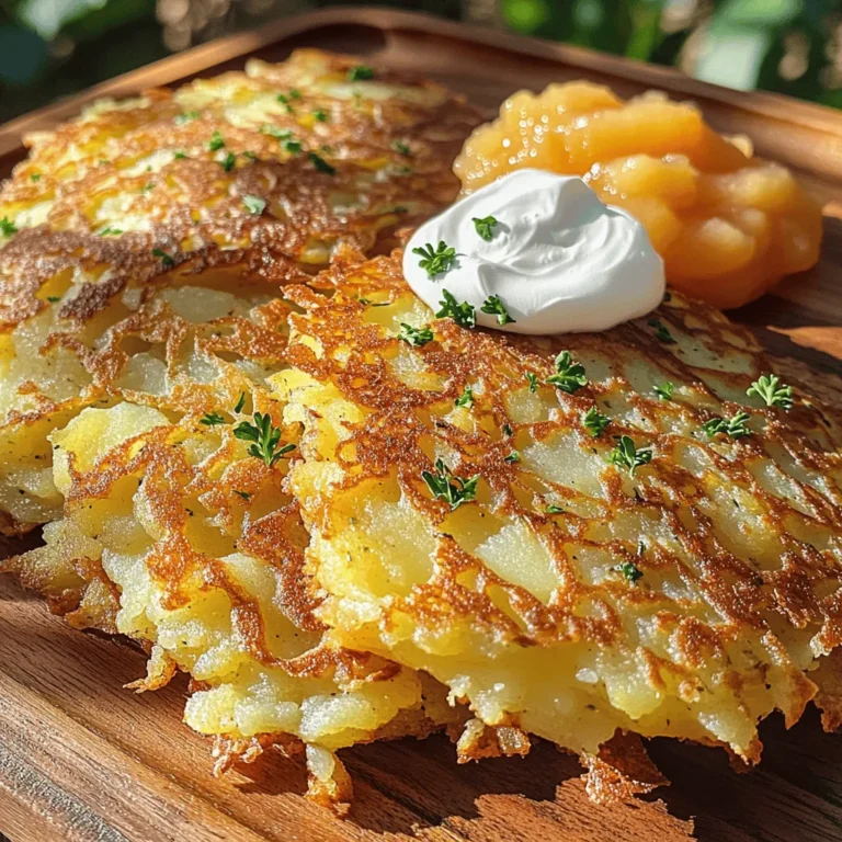 - 4 medium-sized russet potatoes - 1 small onion - 2 large eggs - 1/4 cup all-purpose flour - 1 teaspoon baking powder - 1 teaspoon garlic powder - Salt and pepper to taste - 1/4 cup fresh parsley - Vegetable oil for frying Gather these simple ingredients. They are key to making crispy potato pancakes. The russet potatoes give a nice texture. The onion adds flavor. Eggs help bind everything together. Next, we need some dry ingredients. The flour gives structure. Baking powder helps them rise a bit. Garlic powder adds a tasty kick. For seasoning, use salt and pepper to taste. Fresh parsley brings a pop of color and freshness. Finally, vegetable oil is essential for frying. It helps achieve that golden crispiness. To see the full recipe, you can refer to the [Full Recipe]. Start by peeling four medium-sized russet potatoes. Grate them finely using a box grater. Next, do the same with one small onion. After grating, you need to remove moisture. Place the grated potatoes and onions in a clean kitchen towel. Wring out the mixture gently until it is dry. This step is key for crispy pancakes. In a large bowl, combine the grated potatoes and onions. Now, add two large beaten eggs. Stir until the eggs mix well with the potatoes and onions. In a separate bowl, whisk together the dry ingredients. You need 1/4 cup of all-purpose flour, 1 teaspoon of baking powder, and 1 teaspoon of garlic powder. Add salt and pepper to taste. Once well mixed, gradually fold this dry mixture into the potato mixture. Be gentle when folding to keep the texture light. Finally, stir in 1/4 cup of freshly chopped parsley for a burst of flavor. Heat a generous amount of vegetable oil in a skillet over medium-high heat. You want the oil to shimmer. Using a tablespoon or ice cream scoop, take the potato mixture and drop it into the hot oil. Flatten each scoop slightly with a spatula. Fry the pancakes for about 3-4 minutes on each side. Look for a golden brown color to know they are ready. Avoid overcrowding the skillet; cook them in batches if needed. Once done, transfer the pancakes to a plate lined with paper towels to absorb excess oil. Enjoy the crispy potato pancakes hot! For the full recipe, check out the [Full Recipe]. To make crispy potato pancakes, moisture control is key. After grating the potatoes and onion, place the mixture in a clean kitchen towel. Wring it out to remove extra moisture. This step is vital for crispiness. Next, heat your oil properly. Aim for medium-high heat. If the oil is too cool, the pancakes will absorb it and become soggy. If it's too hot, they may burn. You want that perfect shimmer before frying. When you cook your pancakes, avoid overcrowding the skillet. If you add too many at once, the temperature drops. This can lead to soggy pancakes. Cook them in small batches for the best results. To keep the pancakes warm, place them on a plate in an oven set to low heat. This way, they stay crispy while you finish cooking the rest. For garnishes, I love serving crispy potato pancakes with sour cream or applesauce. These toppings add a nice contrast to the crispy texture. You can also sprinkle fresh parsley on top for a pop of color. As for side dishes, consider serving them with a simple salad or sautéed greens. These pair well and balance the meal. For the full recipe, check out the detailed instructions. {{image_4}} You can boost your crispy potato pancakes with cheese. Cheddar adds a sharp bite, while feta gives a tangy twist. Just mix in some crumbled cheese before frying. Herbs and spices also enhance flavor. Chives add a mild onion taste, while dill brings a fresh note. Feel free to experiment with your favorite herbs. You can use different types of potatoes for unique flavors. Yukon Gold potatoes offer a buttery taste, while sweet potatoes add sweetness. If you want gluten-free options, try almond flour or chickpea flour. These swaps keep the pancakes crispy while adding new flavors. Serving styles can change the whole vibe of your dish. Make mini pancakes for appetizers at parties. They are easy to grab and enjoy. For brunch, stack them high and serve with toppings like sour cream or applesauce. This adds a fun twist to your meal. For the full recipe, check out the Crispy Potato Pancakes section above. To keep your crispy potato pancakes fresh, store them in an airtight container. Place parchment paper between each layer to avoid sticking. They stay good in the fridge for about 3 to 5 days. Always let them cool down before storing. This helps keep them crispy for later. If you want to save some for later, freezing is a great option. Let the cooked pancakes cool first. Then, place them in a single layer on a baking sheet. Freeze until solid, then transfer them to a freezer bag. They last about 2 to 3 months in the freezer. To reheat frozen pancakes, you can use an oven or a skillet. For the oven, preheat to 400°F and bake for about 10 to 15 minutes. If using a skillet, heat a bit of oil over medium heat and cook each pancake until warm and crispy. Enjoy them again with your favorite toppings! To keep your potato pancakes crispy, the key is moisture control. Always wring out the grated potatoes and onions to remove excess water. Use a hot pan with enough oil. Fry in small batches so the pancakes don't steam. After frying, place them on a wire rack instead of paper towels. This lets air circulate and keeps them from getting soggy. Yes, you can make potato pancakes ahead of time. Cook them, then store them in an airtight container. They will last up to two days in the fridge. To reheat, place them in a hot skillet for a few minutes on each side. This brings back their crispiness. You can also bake them in the oven at 375°F for about 10 minutes. Crispy potato pancakes pair well with many sides. Sour cream and applesauce are classic choices. You can also try Greek yogurt or a spicy sauce for a twist. Fresh herbs like chives or parsley add color and flavor. For a heartier meal, serve with a side salad or smoked salmon. You can customize potato pancakes in many ways. Add cheese like cheddar or feta for a rich taste. Fresh herbs like dill or chives add a nice touch. You can even mix in grated vegetables, like carrots or zucchini, for extra nutrition. Feel free to play with spices too, like paprika or cumin. Yes, you can bake potato pancakes. Preheat your oven to 425°F. Place the pancakes on a baking sheet lined with parchment paper. Brush them lightly with oil. Bake for about 20 minutes, flipping halfway through. They will be less greasy but still tasty. You may not get the same crispiness as frying, but they will still be good. Check the [Full Recipe] for more tips. Making crispy potato pancakes is simple and fun. We covered the key ingredients, like russet potatoes and eggs, and the steps for perfecting the mixture. I shared tips for achieving that golden, crispy texture and serving suggestions to elevate your dish. Remember, you can always customize your pancakes with different flavors or serving styles. Enjoy your cooking adventure and make these delicious pancakes your own. They’re sure to impress at any meal!
