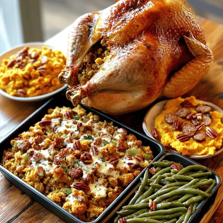 - Whole roasted turkey: A 12-14 lb turkey is perfect for your spread. - Cornbread stuffing ingredients: You need 4 cups of crumbled cornbread, diced onion, diced celery, and chicken broth. - Sweet potato casserole components: Gather 4 cups of peeled and cubed sweet potatoes, brown sugar, melted butter, cinnamon, and chopped pecans. - Green beans preparation items: Use 2 cups of trimmed green beans and olive oil for a flavorful side. - Sausage for stuffing: Adding 1 cup of cooked and diced sausage gives the stuffing extra flavor. - Additional toppings for sweet potatoes: Consider using marshmallows or extra pecans for a sweet crunch. To explore the complete process of bringing this Southern Thanksgiving spread to life, check out the Full Recipe. To start, you need a good turkey. A 12-14 pound turkey works best. First, preheat the oven to 325°F (165°C). Season the turkey inside and out with salt and pepper. Add sage, thyme, and rosemary on top. This gives a nice flavor. Place the turkey breast-side up on a roasting rack in a large pan. Roast the turkey for about 13 minutes per pound. Remember to baste it with its juices every 30 minutes. This keeps the meat moist. When the turkey's thickest part reaches 165°F (75°C), it’s done. While the turkey cooks, you can make cornbread stuffing. Start by heating a large skillet over medium heat. Add olive oil, then sauté diced onion and celery until soft, about 5-7 minutes. This brings out their sweet flavors. In a large bowl, combine crumbled cornbread, sautéed veggies, chicken broth, sage, thyme, rosemary, salt, and pepper. Mix it well until it feels moist. Transfer this mix to a greased baking dish. Bake at 350°F (175°C) for 30 minutes. Look for a golden-brown top. Next, let's move to sweet potato casserole. In a large pot, bring water to a boil. Add cubed sweet potatoes and cook until soft, about 15 minutes. Drain and return them to the pot. Mash with brown sugar, melted butter, cinnamon, and vanilla. Spread the creamy mix into a greased casserole dish. Top with chopped pecans. Bake at 350°F (175°C) for 25 minutes. It should look bubbly and slightly set. For the green beans, bring a small pot of water to boil. Blanch trimmed green beans for 3-4 minutes until bright green. Then, quickly transfer them to an ice bath to stop cooking. Once cooled, drain and toss with olive oil, salt, and pepper. For extra flavor, warm them in a skillet over medium heat until heated through. Five minutes before serving, add crispy onion rings on top of the green beans. Return them to the oven for a few minutes until the onion rings are crispy. When everything is ready, carve the turkey. Arrange it beautifully on a large platter. Serve it with golden cornbread stuffing, creamy sweet potato casserole, and vibrant green beans topped with onion rings. Enjoy your Southern Thanksgiving spread with love and joy! For the full recipe, check out the recipe details above. To make the perfect turkey, check the temperature. The thickest part of the breast should reach 165°F. After cooking, let the turkey rest for at least 20 minutes. This helps the juices stay inside, making it moist. For flavor, try different spices. You can use garlic powder, smoked paprika, or even citrus zest. Each will give your turkey a unique taste. Getting the right texture for your stuffing is key. It should be moist but not soggy. If it's too dry, add more broth. If it’s too wet, bake it a little longer. You can use different kinds of bread for stuffing. Try sourdough, whole wheat, or even rye. Each type adds a new flavor and texture to your dish. For a unique twist on sweet potatoes, think about add-ins. You can mix in crushed pineapple or chopped apples for sweetness. These ingredients add a nice contrast to the creamy texture. When it comes to toppings, you have options. Instead of pecans, use walnuts or even crushed graham crackers. They add crunch and a new flavor to your sweet potato casserole. For the full recipe, check out the Southern Thanksgiving Spread. {{image_4}} You can switch up the turkey in many ways. Smoked turkey adds a deep, rich flavor. Fried turkey gives a crispy skin and juicy meat. If you want a vegetarian option, consider a savory stuffed pumpkin or a hearty roasted cauliflower. These options keep your meal festive and fun. Southern cuisine offers many delicious sides to try. Instead of green beans, you can serve collard greens, brussels sprouts, or fried okra. For a twist on cornbread stuffing, consider using wild rice or quinoa for a gluten-free option. If you need dairy-free dishes, try using almond milk and coconut oil in your recipes. No Southern Thanksgiving is complete without dessert. Classic options include pecan pie, sweet potato pie, or a fluffy coconut cake. For alternative sweet treats, try a fruit crisp with seasonal fruits or a chocolate pecan tart. These desserts add a sweet end to your meal. Explore the Full Recipe for more ideas! After your Southern Thanksgiving feast, store leftovers safely. For turkey, carve it into pieces. This helps cool it faster. Place the turkey in an airtight container. Wrap any remaining cornbread stuffing in plastic wrap or store it in a separate container. For sides, like sweet potatoes and green beans, use glass or plastic containers with tight seals. This keeps the flavors fresh. Generally, you can store turkey and sides for about three to four days in the fridge. When you’re ready to enjoy leftovers, reheating is key. For turkey, preheat your oven to 325°F. Place turkey pieces in a baking dish. Add a splash of chicken broth to keep it moist. Cover the dish with foil to lock in steam. Heat for about 15-20 minutes or until warmed through. For cornbread stuffing, place it in a baking dish. Add a little chicken broth if it seems dry. Cover with foil and heat at 350°F for about 20 minutes. For sweet potato casserole, warm it in the oven at 350°F for 15 minutes. If you want it crispy again, remove the foil for the last few minutes. Finally, for green beans, sauté them in a pan with a bit of olive oil over medium heat until heated. These steps help keep your flavors intact and your meal delicious. To keep your turkey moist, start by seasoning it well. Use salt, pepper, and herbs like sage, thyme, and rosemary. Baste the turkey every 30 minutes while it cooks. This helps keep the juices inside. Roast the turkey at 325°F (165°C) until it reaches an internal temperature of 165°F (75°C) in the breast. Let it rest for at least 20 minutes before carving. This resting time allows the juices to settle, making each slice juicy and tender. Yes, you can prepare cornbread stuffing a day ahead. Cook the vegetables and mix them with the crumbled cornbread. Then, add the chicken broth and spices. Store it in the fridge overnight. On Thanksgiving day, just transfer it to a baking dish and bake it. This saves time and lets the flavors meld together nicely. A Southern Thanksgiving spread often includes: - Collard greens - Mashed potatoes - Macaroni and cheese - Green bean casserole - Cranberry sauce - Biscuits These sides add variety and comfort to your meal. They also pair well with turkey and stuffing. Store turkey and sides in the fridge for up to four days. Use airtight containers for best results. For longer storage, freeze leftovers. Turkey can last up to four months in the freezer. Side dishes vary, but most can last about two to three months. Label everything with dates to keep track. Absolutely! You can make sweet potato casserole without marshmallows. Try topping it with crushed pecans or a streusel made of oats, brown sugar, and butter. This adds a nice crunch and rich flavor. You can even mix in spices like nutmeg or ginger for a twist. You’ve learned all the key steps to make a great Southern Thanksgiving meal. Start with a golden turkey, delicious cornbread stuffing, sweet potatoes, and fresh green beans. Remember to check for moisture and experiment with flavors. Store leftovers properly and reheat them without losing taste. Don’t forget to try different variations and toppings to make it your own. This meal can bring family and friends together in a special way. Happy cooking!