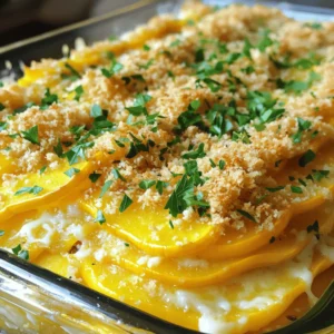 To make a tasty Cheesy Yellow Squash Bake, gather these key ingredients: - 4 medium yellow squash, sliced into thin rounds - 1 cup shredded sharp cheddar cheese - 1 cup creamy cottage cheese - 1/2 cup freshly grated Parmesan cheese - 1/2 cup milk (whole is best for creaminess) - 2 large eggs, beaten - 1 cup seasoned breadcrumbs - 1 teaspoon garlic powder - 1 teaspoon onion powder - Salt and freshly ground black pepper to taste - 2 tablespoons extra virgin olive oil (plus more for greasing) - Fresh parsley, chopped (for garnish) You can boost the flavor of your bake with some optional ingredients: - Chopped green onions or chives for a fresh kick - Crushed red pepper flakes for some heat - Fresh herbs like thyme or basil for an earthy taste - Cooked bacon bits for a savory crunch If you don't have some ingredients on hand, here are a few swaps: - Use mozzarella cheese instead of cheddar for a milder flavor. - Greek yogurt can replace cottage cheese for a tangy taste. - Almond milk or oat milk works well if you're avoiding dairy. - Gluten-free breadcrumbs are a great choice for a gluten-free option. You can find the Full Recipe to get started on this delicious dish! Start by washing your yellow squash. Use a sharp knife to slice it into thin rounds. Thin slices cook evenly and blend well with the cheese. Heat a large skillet over medium heat. Add the sliced squash, cooking for about 5 to 7 minutes. Stir occasionally. You want the squash tender but not mushy. Remove the skillet from the heat and let the squash cool slightly. In a large mixing bowl, combine the shredded cheddar cheese, creamy cottage cheese, and grated Parmesan cheese. These cheeses add great flavor and creaminess. Whisk in the milk and beaten eggs. Mix until the cheese blend is smooth. Season with garlic powder, onion powder, salt, and pepper. These spices bring out the best flavors. Gently fold in the cooled squash. Make sure the squash is evenly mixed into the cheese. Preheat your oven to 375°F (190°C). Grease a 9x13 inch baking dish with olive oil to prevent sticking. Pour the cheesy squash mixture into the dish. Spread it out evenly using a spatula. In a small bowl, mix the seasoned breadcrumbs with a bit of olive oil, salt, and pepper. Toss to coat the breadcrumbs lightly. Sprinkle this crunchy topping over the cheesy mixture. Place the dish in the oven and bake for 25 to 30 minutes. Look for a golden brown top and bubbling edges. Once done, let it cool for a few minutes. Garnish with fresh parsley before serving. Enjoy your Cheesy Yellow Squash Bake! For the full recipe, refer to the section above. To get the best texture, slice your yellow squash thinly. Thin slices cook evenly and blend well with the cheese. Avoid thick pieces, as they can become tough. Sauté the squash until it is tender but not mushy. This step prevents excess moisture in the bake. If the squash is too watery, the dish may become soggy. Choose fresh, firm yellow squash for a great flavor. Look for squash that feels heavy for its size. For cheese, go with sharp cheddar for a bold taste. Creamy cottage cheese adds richness, while Parmesan gives a nice bite. Use whole milk for a creamier texture. Fresh herbs like parsley can elevate the dish, so don’t skip them! Ovens can vary, so keep an eye on your dish. If your oven runs hot, check for doneness a few minutes early. The top should be golden brown and bubbly. If your oven runs cool, it might need a few extra minutes. Always let it cool for a few minutes before serving. This helps it set and makes it easier to serve. For the full recipe, check below! {{image_4}} You can add meat to your Cheesy Yellow Squash Bake for extra flavor and protein. Ground turkey or chicken works well. Cook the meat first in a skillet until brown. Then mix it into the cheese and squash mixture. For a heartier dish, try diced ham or cooked bacon. Both add a nice salty crunch. If you want a vegetarian twist, consider adding mushrooms, spinach, or bell peppers. Sauté these veggies with the squash to enhance the flavor. You can also replace the cottage cheese with ricotta for a creamier texture. This substitution keeps the dish rich and satisfying without meat. Use fresh seasonal ingredients to keep your dish exciting. In summer, add zucchini or tomatoes for a burst of color and taste. In fall, consider adding pumpkin or butternut squash for a warm, cozy feel. These swaps not only change the flavor but also keep the dish fresh and fun. Experimenting with these variations can make your Cheesy Yellow Squash Bake unique every time. For the full recipe, check out the instructions above. After enjoying your cheesy yellow squash bake, let it cool. Then, place any leftovers in an airtight container. Store them in the fridge, where they can last for up to four days. Remember to keep the dish covered to prevent it from drying out. When you're ready to enjoy leftovers, just take them out and reheat. You can freeze this dish easily. Cut the leftovers into servings and place them in freezer-safe containers. Make sure to label them with the date. They can last up to three months in the freezer. When you want to eat, let them thaw in the fridge overnight. Reheat in the oven at 350°F for about 20 minutes, or until hot. You can also use the microwave for quick reheating, but the oven keeps the texture nice. This cheesy yellow squash bake holds up well. In the fridge, it lasts four days. If frozen, it stays good for three months. After thawing, eat it within three days for the best taste. Always check for any signs of spoilage before eating. Enjoy your flavorful dish now or later! For the full recipe, refer to the earlier section. Yes, you can prepare this dish ahead. Simply follow all the steps up to baking. Cover the dish and store it in the fridge for one day. When ready, bake it straight from the fridge. You may need to add a few extra minutes to the baking time. This method keeps the flavors rich and fresh. Absolutely! You can use gluten-free breadcrumbs in place of regular ones. Look for brands that are labeled gluten-free. You can also make your own by grinding gluten-free crackers or oats. This swap lets everyone enjoy the dish without worry. To make Cheesy Yellow Squash Bake dairy-free, substitute the cheese. Use dairy-free cheese options made from nuts or soy. You can also swap cottage cheese with a plant-based version. For milk, use almond or oat milk instead. These changes will keep your dish creamy and tasty! For the full recipe, visit the recipe section. In this post, we covered how to make a tasty Cheesy Yellow Squash Bake. We started with the essential ingredients and talked about optional ones for flavor. I shared tips for the best cooking results and went over variations to fit your taste. Lastly, I included storage tips so you can enjoy leftovers. I hope you feel ready to try this dish. Cooking should be fun and simple! Enjoy each bite.
