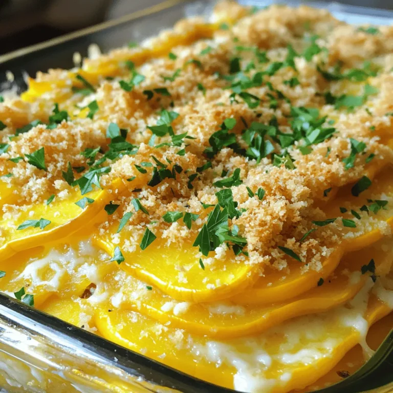 To make a tasty Cheesy Yellow Squash Bake, gather these key ingredients: - 4 medium yellow squash, sliced into thin rounds - 1 cup shredded sharp cheddar cheese - 1 cup creamy cottage cheese - 1/2 cup freshly grated Parmesan cheese - 1/2 cup milk (whole is best for creaminess) - 2 large eggs, beaten - 1 cup seasoned breadcrumbs - 1 teaspoon garlic powder - 1 teaspoon onion powder - Salt and freshly ground black pepper to taste - 2 tablespoons extra virgin olive oil (plus more for greasing) - Fresh parsley, chopped (for garnish) You can boost the flavor of your bake with some optional ingredients: - Chopped green onions or chives for a fresh kick - Crushed red pepper flakes for some heat - Fresh herbs like thyme or basil for an earthy taste - Cooked bacon bits for a savory crunch If you don't have some ingredients on hand, here are a few swaps: - Use mozzarella cheese instead of cheddar for a milder flavor. - Greek yogurt can replace cottage cheese for a tangy taste. - Almond milk or oat milk works well if you're avoiding dairy. - Gluten-free breadcrumbs are a great choice for a gluten-free option. You can find the Full Recipe to get started on this delicious dish! Start by washing your yellow squash. Use a sharp knife to slice it into thin rounds. Thin slices cook evenly and blend well with the cheese. Heat a large skillet over medium heat. Add the sliced squash, cooking for about 5 to 7 minutes. Stir occasionally. You want the squash tender but not mushy. Remove the skillet from the heat and let the squash cool slightly. In a large mixing bowl, combine the shredded cheddar cheese, creamy cottage cheese, and grated Parmesan cheese. These cheeses add great flavor and creaminess. Whisk in the milk and beaten eggs. Mix until the cheese blend is smooth. Season with garlic powder, onion powder, salt, and pepper. These spices bring out the best flavors. Gently fold in the cooled squash. Make sure the squash is evenly mixed into the cheese. Preheat your oven to 375°F (190°C). Grease a 9x13 inch baking dish with olive oil to prevent sticking. Pour the cheesy squash mixture into the dish. Spread it out evenly using a spatula. In a small bowl, mix the seasoned breadcrumbs with a bit of olive oil, salt, and pepper. Toss to coat the breadcrumbs lightly. Sprinkle this crunchy topping over the cheesy mixture. Place the dish in the oven and bake for 25 to 30 minutes. Look for a golden brown top and bubbling edges. Once done, let it cool for a few minutes. Garnish with fresh parsley before serving. Enjoy your Cheesy Yellow Squash Bake! For the full recipe, refer to the section above. To get the best texture, slice your yellow squash thinly. Thin slices cook evenly and blend well with the cheese. Avoid thick pieces, as they can become tough. Sauté the squash until it is tender but not mushy. This step prevents excess moisture in the bake. If the squash is too watery, the dish may become soggy. Choose fresh, firm yellow squash for a great flavor. Look for squash that feels heavy for its size. For cheese, go with sharp cheddar for a bold taste. Creamy cottage cheese adds richness, while Parmesan gives a nice bite. Use whole milk for a creamier texture. Fresh herbs like parsley can elevate the dish, so don’t skip them! Ovens can vary, so keep an eye on your dish. If your oven runs hot, check for doneness a few minutes early. The top should be golden brown and bubbly. If your oven runs cool, it might need a few extra minutes. Always let it cool for a few minutes before serving. This helps it set and makes it easier to serve. For the full recipe, check below! {{image_4}} You can add meat to your Cheesy Yellow Squash Bake for extra flavor and protein. Ground turkey or chicken works well. Cook the meat first in a skillet until brown. Then mix it into the cheese and squash mixture. For a heartier dish, try diced ham or cooked bacon. Both add a nice salty crunch. If you want a vegetarian twist, consider adding mushrooms, spinach, or bell peppers. Sauté these veggies with the squash to enhance the flavor. You can also replace the cottage cheese with ricotta for a creamier texture. This substitution keeps the dish rich and satisfying without meat. Use fresh seasonal ingredients to keep your dish exciting. In summer, add zucchini or tomatoes for a burst of color and taste. In fall, consider adding pumpkin or butternut squash for a warm, cozy feel. These swaps not only change the flavor but also keep the dish fresh and fun. Experimenting with these variations can make your Cheesy Yellow Squash Bake unique every time. For the full recipe, check out the instructions above. After enjoying your cheesy yellow squash bake, let it cool. Then, place any leftovers in an airtight container. Store them in the fridge, where they can last for up to four days. Remember to keep the dish covered to prevent it from drying out. When you're ready to enjoy leftovers, just take them out and reheat. You can freeze this dish easily. Cut the leftovers into servings and place them in freezer-safe containers. Make sure to label them with the date. They can last up to three months in the freezer. When you want to eat, let them thaw in the fridge overnight. Reheat in the oven at 350°F for about 20 minutes, or until hot. You can also use the microwave for quick reheating, but the oven keeps the texture nice. This cheesy yellow squash bake holds up well. In the fridge, it lasts four days. If frozen, it stays good for three months. After thawing, eat it within three days for the best taste. Always check for any signs of spoilage before eating. Enjoy your flavorful dish now or later! For the full recipe, refer to the earlier section. Yes, you can prepare this dish ahead. Simply follow all the steps up to baking. Cover the dish and store it in the fridge for one day. When ready, bake it straight from the fridge. You may need to add a few extra minutes to the baking time. This method keeps the flavors rich and fresh. Absolutely! You can use gluten-free breadcrumbs in place of regular ones. Look for brands that are labeled gluten-free. You can also make your own by grinding gluten-free crackers or oats. This swap lets everyone enjoy the dish without worry. To make Cheesy Yellow Squash Bake dairy-free, substitute the cheese. Use dairy-free cheese options made from nuts or soy. You can also swap cottage cheese with a plant-based version. For milk, use almond or oat milk instead. These changes will keep your dish creamy and tasty! For the full recipe, visit the recipe section. In this post, we covered how to make a tasty Cheesy Yellow Squash Bake. We started with the essential ingredients and talked about optional ones for flavor. I shared tips for the best cooking results and went over variations to fit your taste. Lastly, I included storage tips so you can enjoy leftovers. I hope you feel ready to try this dish. Cooking should be fun and simple! Enjoy each bite.
