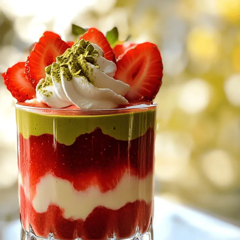 - 1 cup fresh strawberries, hulled and sliced - 1 tablespoon honey or maple syrup (adjust to taste) - 1 cup milk (or any plant-based milk you prefer) - 1 teaspoon matcha green tea powder - 1 tablespoon hot water - Ice cubes (optional, for a chilled version) - Whipped cream - Fresh strawberry slices, for garnish - Mint leaves, for garnish In this drink, fresh strawberries bring a sweet and fruity flavor. They add a bright color and fun texture. Matcha green tea powder adds a rich, earthy taste and a nice green hue. Milk or plant-based milk makes the drink creamy and smooth. You can choose any milk you like, such as almond or oat milk. For sweetness, you can use honey or maple syrup. This lets you control how sweet you want the drink. If you want to make it extra special, top it with whipped cream. Fresh strawberry slices or mint leaves make great garnishes, too. They add a nice touch to your drink. For the complete guide on how to make this delightful drink, check out the Full Recipe. To start, mix the matcha powder with hot water. Use about one tablespoon of matcha and one tablespoon of hot water for the best flavor. I like to use a small bowl for this. Whisk the matcha well until it is smooth and free from clumps. This step is crucial. A smooth matcha makes your drink taste rich and creamy. Next, we need to make the strawberry puree. Take one cup of fresh strawberries, hull and slice them. Place the strawberries in a blender. Add one tablespoon of honey or maple syrup to sweeten. Blend the mixture until it becomes a smooth puree. If the puree is too thick, you can add a bit of water to reach your desired consistency. This puree adds a burst of flavor and color to your drink. Now, let's assemble the latte! Grab a tall glass to show off those beautiful layers. Start by adding the strawberry puree to the bottom of the glass, filling it about one-third full. Next, gently pour in one cup of warm milk over the strawberry layer. Avoid boiling the milk to keep its texture right. Finally, slowly drizzle the matcha mixture on top. This creates a lovely layered look. For a refreshing twist, you can add ice cubes. If you want to make it extra special, top with whipped cream and a fresh strawberry slice. For the full recipe, check out the details we provided earlier! To make a beautiful layered drink, start with the strawberry puree. Pour it into the glass first. This will be the base layer. Next, warm your milk to just below boiling. If the milk is too hot, it will mix with the puree. Pour the warm milk slowly over the back of a spoon. This helps keep the layers separate. Lastly, drizzle the matcha on top gently for the best effect. You can adjust the sweetness for your taste. If it’s not sweet enough, add more honey or maple syrup. For a different twist, try adding a splash of vanilla extract. This small change can make a big difference. You can also experiment with other flavors like almond or coconut. Choosing the right glass makes a big impact. Clear glasses work best to show off the layers. You want your drink to look as good as it tastes. For garnishing, add a fresh strawberry slice on top. A small mint leaf can make it look fancy too. This simple touch will impress anyone you serve it to. For the full recipe, check out the details above! {{image_4}} To make a chilled version of the Strawberry Matcha Latte, follow these simple steps: 1. Prepare the matcha as usual, but let it cool. 2. Blend the strawberries with honey or maple syrup. 3. Fill a glass with ice cubes. 4. Layer the strawberry puree, then the milk, and finally the cooled matcha. For flavor variations, try other fruits like blueberries or raspberries. Blend them in place of strawberries for a unique twist. If you want a vegan or dairy-free option, choose plant-based milk. Some great alternatives are: - Almond milk - Oat milk - Coconut milk For sweetener substitutes, consider using: - Agave syrup - Stevia - Coconut sugar These options keep the drink delicious and plant-based. You can incorporate flavored matcha powders to enhance your drink. Available flavors include: - Vanilla matcha - Chocolate matcha - Mint matcha You can also use flavored syrups. Try adding a splash of vanilla or caramel syrup to give your latte an extra kick. The flavor possibilities are endless! For the full recipe, check out the Strawberry Matcha Bliss. Storing strawberries and puree is simple. Keep your fresh strawberries in the fridge for up to three days. Place them in a container with a lid. Do not wash them until you are ready to use them. For the strawberry puree, transfer it to an airtight container. It will stay good in the fridge for about a week. Keeping matcha fresh is crucial for flavor. Store matcha powder in a cool, dark place. A sealed container works best. If you use the matcha often, keep it in the fridge to extend its life. Meal prep ideas for busy mornings can make your life easier. You can prepare the strawberry puree ahead of time. Just blend it and store it in the fridge. You can also whisk the matcha with water and keep it in a sealed jar. Best practices for refrigeration include using clear containers. This way, you can see what you have. Make sure to label the containers with dates to track freshness. Tips for consuming homemade lattes include finishing them within two days. The longer they sit, the more the layers blend together. This can change the drink's look and taste. Signs of spoiling are easy to spot. If the strawberry puree looks off or smells sour, it’s time to toss it. Also, if the matcha begins to clump, it may have gone bad. For the best taste, enjoy your Strawberry Matcha Latte fresh, using the Full Recipe for guidance. A Strawberry Matcha Latte is a layered drink featuring sweet strawberry puree and rich matcha. This drink combines the fresh taste of strawberries with the earthy flavor of matcha green tea. The result is a vibrant, tasty drink that energizes you while refreshing your palate. Yes, you can use frozen strawberries. They will create a thicker texture in your puree. However, fresh strawberries provide a brighter taste. If you use frozen, let them thaw a bit to blend easily. To make a dairy-free Strawberry Matcha Latte, use plant-based milk. Almond milk, oat milk, or coconut milk work well. These alternatives keep the drink creamy and delicious without dairy. You can find Strawberry Matcha Lattes at popular cafes like Starbucks and local coffee shops. Many places offer it on their menu. If you want to make it at home, check out the Full Recipe for a simple guide. Matcha is full of antioxidants and boosts your metabolism. It can help with focus too. Strawberries are rich in vitamins and fiber, promoting heart health. Together, they make a tasty drink that supports a healthy lifestyle. You now know how to make a delicious Strawberry Matcha Latte from scratch. From the main ingredients to optional flavors, this drink is a treat. You learned the steps to prepare the matcha, make the puree, and assemble a stunning latte. Use the tips for layering and presentation to impress. Don’t forget about variations and storage methods to enjoy your latte longer. With this guide, you can customize your drink to your tastes. Embrace creativity and have fun making your perfect cup!