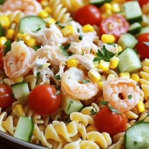 - 8 ounces rotini pasta - 1 cup cooked shrimp, peeled and deveined - 1 cup crab meat, shredded - 1 cup cherry tomatoes, halved - 1/2 cup cucumber, diced - 1/3 cup mayonnaise - 2 tablespoons Greek yogurt - 2 tablespoons freshly squeezed lemon juice - 1 tablespoon Dijon mustard - 1 teaspoon dried dill - Fresh parsley, chopped - Salt and freshly ground black pepper to taste The ingredients for Ocean's Delight Seafood Pasta Salad come together to create a delightful dish. The rotini pasta serves as a sturdy base, holding up to the vibrant seafood and veggies. The combination of shrimp and crab brings a taste of the ocean to your table. Fresh tomatoes and cucumbers add crunch and color. For the dressing, I like to mix mayonnaise with Greek yogurt for creaminess. The lemon juice brightens the flavor, while Dijon mustard adds a slight kick. Dried dill gives it an herby finish. You can adjust the dressing to suit your taste. Don’t forget the optional garnish! Chopped parsley adds a fresh touch. A sprinkle of salt and pepper enhances all the flavors. If you want, you can find the full recipe for Ocean's Delight Seafood Pasta Salad to guide you through this tasty process. - Bring salted water to boil - Cook rotini pasta until al dente - Drain and rinse under cold water Start by boiling a large pot of water. Add a generous pinch of salt. This helps flavor the pasta. Once the water bubbles, add the rotini pasta. Cook it until al dente, which usually takes about 8-10 minutes. When the pasta is ready, drain it in a colander. Rinse it under cold water to stop the cooking. This step keeps the pasta firm and fresh. - Combine mayonnaise, Greek yogurt, lemon juice, mustard, dill, salt, and pepper - Whisk until smooth Next, grab a medium bowl. Add the mayonnaise and Greek yogurt. Squeeze in fresh lemon juice for a zesty kick. Then, mix in Dijon mustard and dried dill. Sprinkle in some salt and pepper to taste. Whisk these ingredients together until they are smooth and creamy. This dressing will coat your pasta perfectly. - Mix cooled pasta, shrimp, crab meat, tomatoes, cucumber, onion, and corn - Fold in the dressing gently In a large mixing bowl, add the cooled pasta. Now it's time for the seafood! Gently mix in the cooked shrimp and shredded crab meat. Add the halved cherry tomatoes, diced cucumber, finely chopped red onion, and sweet corn. This adds great color and crunch. Carefully fold in the dressing. Make sure everything is well combined without breaking the pasta or seafood. - Cover and refrigerate for at least 30 minutes - Allow flavors to meld Cover the bowl with plastic wrap or a lid. Place it in the fridge for at least 30 minutes. This chilling time is important. It allows the flavors to meld together, making every bite delicious. - Toss gently before serving - Garnish with parsley When you are ready to serve, take the salad out of the fridge. Give it a gentle toss to mix everything well. Taste it, and if needed, add a bit more salt or pepper. Finally, garnish with freshly chopped parsley. This adds a nice pop of color and flavor. Enjoy your Ocean's Delight Seafood Pasta Salad! You can find the Full Recipe to try it out at home. To make your Ocean's Delight Seafood Pasta Salad shine, focus on the pasta first. - Cook the rotini pasta al dente for the best texture. This means it should be firm, not mushy. - Rinse the pasta with cold water right after cooking. This stops the cooking process and cools it down quickly. The dressing makes a big difference in flavor. - Adjust the lemon juice to fit your taste. More juice adds tanginess that wakes up the flavors. - If you love herbs, add more dill. This gives the salad a fresh, herby flavor. How you serve this dish can elevate it even more. - Pair your salad with crusty bread or a light vinaigrette side salad. Both add nice textures and flavors. - You can serve it as a main meal or as a party dish. It's perfect for any gathering! {{image_4}} You can change the seafood in this salad. Use scallops or lobster instead of shrimp. These options add a rich flavor. If you want more seafood taste, add mussels. They pair well with the pasta and enhance the dish. Feel free to customize the veggies. Incorporate bell peppers for a crunchy texture. Avocados add creaminess and healthy fats. You can also substitute green peas for sweet corn. This swap gives a slightly different taste and adds color. The dressing can change for different flavors. Try yogurt-based dressings for a lighter, healthier choice. This option keeps the salad creamy but reduces calories. You can also use olive oil and vinegar. This combination offers a fresh and zesty taste that complements the seafood perfectly. For the full recipe, check the details in the previous sections. Store your Ocean's Delight Seafood Pasta Salad in an airtight container. This step keeps it fresh and tasty. You should enjoy it within 2-3 days for the best flavor and texture. Freezing seafood pasta salad is not a good idea. The texture of seafood and pasta changes when frozen. It’s best to prepare this dish fresh whenever you can. Before serving, gently remix the salad. You may need to adjust the seasoning, as flavors can mellow in the fridge. A little extra salt or lemon juice can brighten it up. Enjoy your delicious salad! - Prep time: 15 minutes - Total time: 45 minutes Making Ocean's Delight Seafood Pasta Salad is quick and easy. You will spend only 15 minutes prepping the ingredients. After that, cooking and chilling will take about 30 more minutes. In just 45 minutes, you’ll have a fresh and tasty dish ready to enjoy. - Yes, it is best if made and chilled for at least 30 minutes before serving You can make this salad ahead of time. In fact, I recommend it! Chill it for at least 30 minutes. This step helps the flavors blend well. It makes each bite full of flavor and freshness. - Yes, as long as properly stored in the refrigerator; consume within 2-3 days Eating leftovers is safe if you store them right. Keep the salad in an airtight container in the fridge. It tastes best when eaten within 2-3 days. If you follow these tips, your Ocean's Delight Seafood Pasta Salad can stay fresh and yummy! This Ocean's Delight Seafood Pasta Salad is full of flavor and easy to make. You learned about the main ingredients, dressing, and tips for a perfect dish. Remember to chill it so the flavors blend well. You can also switch up the seafood or veggies to suit your taste. Enjoy this salad on its own or as a tasty side. It’s perfect for gatherings or a quick meal at home. Whichever way you choose, this salad will impress!