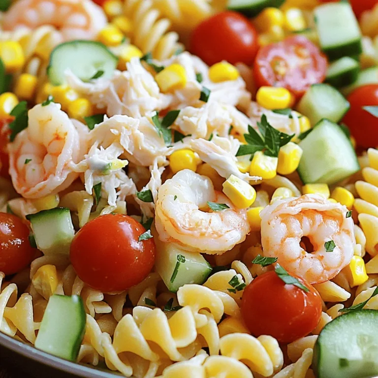 - 8 ounces rotini pasta - 1 cup cooked shrimp, peeled and deveined - 1 cup crab meat, shredded - 1 cup cherry tomatoes, halved - 1/2 cup cucumber, diced - 1/3 cup mayonnaise - 2 tablespoons Greek yogurt - 2 tablespoons freshly squeezed lemon juice - 1 tablespoon Dijon mustard - 1 teaspoon dried dill - Fresh parsley, chopped - Salt and freshly ground black pepper to taste The ingredients for Ocean's Delight Seafood Pasta Salad come together to create a delightful dish. The rotini pasta serves as a sturdy base, holding up to the vibrant seafood and veggies. The combination of shrimp and crab brings a taste of the ocean to your table. Fresh tomatoes and cucumbers add crunch and color. For the dressing, I like to mix mayonnaise with Greek yogurt for creaminess. The lemon juice brightens the flavor, while Dijon mustard adds a slight kick. Dried dill gives it an herby finish. You can adjust the dressing to suit your taste. Don’t forget the optional garnish! Chopped parsley adds a fresh touch. A sprinkle of salt and pepper enhances all the flavors. If you want, you can find the full recipe for Ocean's Delight Seafood Pasta Salad to guide you through this tasty process. - Bring salted water to boil - Cook rotini pasta until al dente - Drain and rinse under cold water Start by boiling a large pot of water. Add a generous pinch of salt. This helps flavor the pasta. Once the water bubbles, add the rotini pasta. Cook it until al dente, which usually takes about 8-10 minutes. When the pasta is ready, drain it in a colander. Rinse it under cold water to stop the cooking. This step keeps the pasta firm and fresh. - Combine mayonnaise, Greek yogurt, lemon juice, mustard, dill, salt, and pepper - Whisk until smooth Next, grab a medium bowl. Add the mayonnaise and Greek yogurt. Squeeze in fresh lemon juice for a zesty kick. Then, mix in Dijon mustard and dried dill. Sprinkle in some salt and pepper to taste. Whisk these ingredients together until they are smooth and creamy. This dressing will coat your pasta perfectly. - Mix cooled pasta, shrimp, crab meat, tomatoes, cucumber, onion, and corn - Fold in the dressing gently In a large mixing bowl, add the cooled pasta. Now it's time for the seafood! Gently mix in the cooked shrimp and shredded crab meat. Add the halved cherry tomatoes, diced cucumber, finely chopped red onion, and sweet corn. This adds great color and crunch. Carefully fold in the dressing. Make sure everything is well combined without breaking the pasta or seafood. - Cover and refrigerate for at least 30 minutes - Allow flavors to meld Cover the bowl with plastic wrap or a lid. Place it in the fridge for at least 30 minutes. This chilling time is important. It allows the flavors to meld together, making every bite delicious. - Toss gently before serving - Garnish with parsley When you are ready to serve, take the salad out of the fridge. Give it a gentle toss to mix everything well. Taste it, and if needed, add a bit more salt or pepper. Finally, garnish with freshly chopped parsley. This adds a nice pop of color and flavor. Enjoy your Ocean's Delight Seafood Pasta Salad! You can find the Full Recipe to try it out at home. To make your Ocean's Delight Seafood Pasta Salad shine, focus on the pasta first. - Cook the rotini pasta al dente for the best texture. This means it should be firm, not mushy. - Rinse the pasta with cold water right after cooking. This stops the cooking process and cools it down quickly. The dressing makes a big difference in flavor. - Adjust the lemon juice to fit your taste. More juice adds tanginess that wakes up the flavors. - If you love herbs, add more dill. This gives the salad a fresh, herby flavor. How you serve this dish can elevate it even more. - Pair your salad with crusty bread or a light vinaigrette side salad. Both add nice textures and flavors. - You can serve it as a main meal or as a party dish. It's perfect for any gathering! {{image_4}} You can change the seafood in this salad. Use scallops or lobster instead of shrimp. These options add a rich flavor. If you want more seafood taste, add mussels. They pair well with the pasta and enhance the dish. Feel free to customize the veggies. Incorporate bell peppers for a crunchy texture. Avocados add creaminess and healthy fats. You can also substitute green peas for sweet corn. This swap gives a slightly different taste and adds color. The dressing can change for different flavors. Try yogurt-based dressings for a lighter, healthier choice. This option keeps the salad creamy but reduces calories. You can also use olive oil and vinegar. This combination offers a fresh and zesty taste that complements the seafood perfectly. For the full recipe, check the details in the previous sections. Store your Ocean's Delight Seafood Pasta Salad in an airtight container. This step keeps it fresh and tasty. You should enjoy it within 2-3 days for the best flavor and texture. Freezing seafood pasta salad is not a good idea. The texture of seafood and pasta changes when frozen. It’s best to prepare this dish fresh whenever you can. Before serving, gently remix the salad. You may need to adjust the seasoning, as flavors can mellow in the fridge. A little extra salt or lemon juice can brighten it up. Enjoy your delicious salad! - Prep time: 15 minutes - Total time: 45 minutes Making Ocean's Delight Seafood Pasta Salad is quick and easy. You will spend only 15 minutes prepping the ingredients. After that, cooking and chilling will take about 30 more minutes. In just 45 minutes, you’ll have a fresh and tasty dish ready to enjoy. - Yes, it is best if made and chilled for at least 30 minutes before serving You can make this salad ahead of time. In fact, I recommend it! Chill it for at least 30 minutes. This step helps the flavors blend well. It makes each bite full of flavor and freshness. - Yes, as long as properly stored in the refrigerator; consume within 2-3 days Eating leftovers is safe if you store them right. Keep the salad in an airtight container in the fridge. It tastes best when eaten within 2-3 days. If you follow these tips, your Ocean's Delight Seafood Pasta Salad can stay fresh and yummy! This Ocean's Delight Seafood Pasta Salad is full of flavor and easy to make. You learned about the main ingredients, dressing, and tips for a perfect dish. Remember to chill it so the flavors blend well. You can also switch up the seafood or veggies to suit your taste. Enjoy this salad on its own or as a tasty side. It’s perfect for gatherings or a quick meal at home. Whichever way you choose, this salad will impress!
