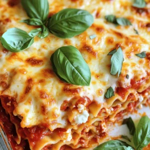 - 12 lasagna noodles - 2 cups ricotta cheese - 2 cups shredded mozzarella cheese - 1 cup grated parmesan cheese - 2 cups marinara sauce - 1 large egg - 1 teaspoon dried oregano - 1 teaspoon garlic powder - Salt and pepper, to taste - Fresh basil leaves for garnish These ingredients are key to making a tasty lasagna. You need lasagna noodles to provide the base of your dish. Ricotta cheese gives creaminess, while mozzarella adds that wonderful melt. Parmesan adds a sharp flavor that rounds out the dish. Marinara sauce brings a rich, tomato taste. The egg helps bind the cheese mixture, while oregano and garlic powder enhance the flavors. Don't forget salt and pepper for seasoning. Fresh basil leaves add a lovely touch to the finished dish. - Alternatives for ricotta cheese: You can use cottage cheese or blended tofu for a dairy-free option. - Different types of cheeses for lasagna: Try using provolone or gouda instead of mozzarella for a unique taste. - Homemade marinara sauce options: You can make your own sauce with canned tomatoes, garlic, and herbs for a fresh flavor. Substituting ingredients can change your lasagna's taste. If you are out of ricotta, cottage cheese works well. Mixing cheeses can create a fun flavor twist. Making your own sauce can boost freshness and control flavors. - Baking dish size and dimensions: A 9x13 inch dish is perfect for this recipe. - Kitchen utensils for preparation: You will need mixing bowls, a fork, and a spatula for layering. - Recommended oven temperature for best results: Set your oven to 375°F (190°C) for even cooking. Having the right tools makes cooking easier. A good-sized baking dish ensures even cooking. Basic kitchen utensils help mix and layer the ingredients properly. Setting the right oven temperature ensures a great final product. 1. Preheat your oven to 375°F (190°C). This helps the lasagna cook well. 2. Cook the lasagna noodles as the package says. Drain and lay them flat. This stops them from sticking. 3. In a bowl, mix the ricotta cheese with one large egg, dried oregano, garlic powder, salt, and pepper. Stir until it's smooth and creamy. 1. Grab a 9x13 inch baking dish. Spread a thin layer of marinara sauce at the bottom. This adds flavor and keeps the noodles moist. 2. Place 4 lasagna noodles on top of the sauce. Make sure they overlap a bit if needed. 3. Spread half of the ricotta mixture over the noodles. Then, sprinkle 1 cup of shredded mozzarella cheese and a third of the grated parmesan on top. 4. Repeat these steps for a second layer. Add another layer of marinara sauce, 4 noodles, and the rest of the ricotta mixture. Top with another cup of mozzarella cheese. 5. For the last layer, place the final 4 noodles on top. Spread the rest of the marinara sauce over them. Finish with the remaining mozzarella and parmesan cheese. 1. Cover the baking dish with aluminum foil. Spray the underside with cooking spray to stop sticking. 2. Bake the lasagna for 25 minutes. This keeps it moist. 3. Carefully remove the foil and bake for another 15 minutes. This makes the cheese bubbly and golden. 4. Once done, take the lasagna out of the oven. Let it cool for 10 minutes. This helps the layers set and makes slicing easier. - Overcooking the noodles: Cook your noodles just until al dente. If you overcook them, they can become mushy in the final dish. Keep an eye on the timer, and taste a noodle to check. - Skipping the resting period: After baking, let your lasagna rest for about 10 minutes. This helps the layers set, making it easier to slice. If you cut it too soon, it may fall apart. - Use of cooking spray on foil: When covering your lasagna with foil, spray the underside with cooking spray. This prevents the cheese from sticking and keeps your top layer nice and cheesy. - Broiling for an extra bubbly finish: For an even more golden and bubbly top, broil your lasagna for a few minutes after baking. Watch it closely to avoid burning, but this step adds a delightful texture. - Using fresh herbs: Fresh basil or oregano can elevate your lasagna's taste. Sprinkle chopped herbs between layers for a burst of flavor that brightens each bite. - Adding spices to the marinara sauce: Spice up your marinara sauce with red pepper flakes or Italian seasoning. This simple addition can bring warmth and depth to your dish, making it truly special. {{image_4}} You can make a tasty vegetarian lasagna by adding fresh vegetables. Spinach and mushrooms work great. They add flavor, texture, and nutrients. You can also use zucchini or bell peppers for extra color. For cheese, consider using plant-based cheeses. They melt well and taste good. Look for brands that mimic the texture of regular cheese. This way, you can enjoy a rich, creamy dish without dairy. If you love meat, a meat lovers' lasagna is perfect for you. Consider including ground beef or Italian sausage. Both add great flavor and heartiness. You can also try different sauces. A bolognese sauce is a rich choice. It pairs well with the meat and adds depth to your dish. You can even mix in some spicy sausage for a kick! For those who need gluten-free options, don’t worry! There are many types of gluten-free noodles available. Rice, quinoa, or lentil noodles work well in lasagna. When it comes to sauce, you can make a homemade version. Use fresh tomatoes, herbs, and olive oil. This way, you avoid any gluten in store-bought sauces. Making your sauce lets you control the flavors too. Check out the Full Recipe for more ways to enjoy lasagna! To keep your lasagna fresh, store it in an airtight container. Make sure it cools down first. You can place it in the fridge for up to five days. This way, you can enjoy it later without losing flavor. You can freeze lasagna before or after baking. If freezing before baking, wrap it tightly in plastic wrap and then in foil. This helps prevent freezer burn. To freeze after baking, let it cool completely. Then, cut it into slices, wrap each piece in foil, and store them in a freezer-safe bag. When you’re ready to eat, thaw it in the fridge overnight. For reheating, bake it at 350°F until hot, about 30 minutes. Making lasagna in advance is a great idea. You can prepare it a day or two before serving. Just store it in the fridge. Portioning is also helpful. Cut the lasagna into squares before storing. This way, you can grab a piece for a quick meal. Making lasagna takes about 70 minutes in total. You spend around 20 minutes prepping. This includes cooking the noodles and mixing the cheese. Then, you bake it for about 50 minutes. This breaks down into 25 minutes covered and 15 minutes uncovered. Yes, you can skip ricotta cheese. You can try cottage cheese or cream cheese instead. Both make great substitutes. They give a nice creamy texture without changing the taste too much. Lasagna pairs well with many side dishes. A simple green salad with a light dressing works great. Garlic bread is another favorite choice. You can also serve steamed veggies for a healthy touch. Yes, letting lasagna rest is important. It helps the layers set properly. If you cut it too soon, the layers may slide apart. Waiting about 10 minutes makes serving easier and looks better on the plate. You can use no-boil lasagna noodles. They are easy to use and save time. However, they may absorb more sauce. This can make your lasagna drier. If you use them, add a little extra sauce to keep it moist. In this article, I covered the essential ingredients and tools needed to make lasagna. I provided step-by-step instructions and tips to prevent common mistakes. You now have ideas for variations, storage tips, and answers to frequently asked questions. With these insights, you can make lasagna that suits your taste. Remember, practice makes perfect, so keep trying. Enjoy your delicious lasagna creation!