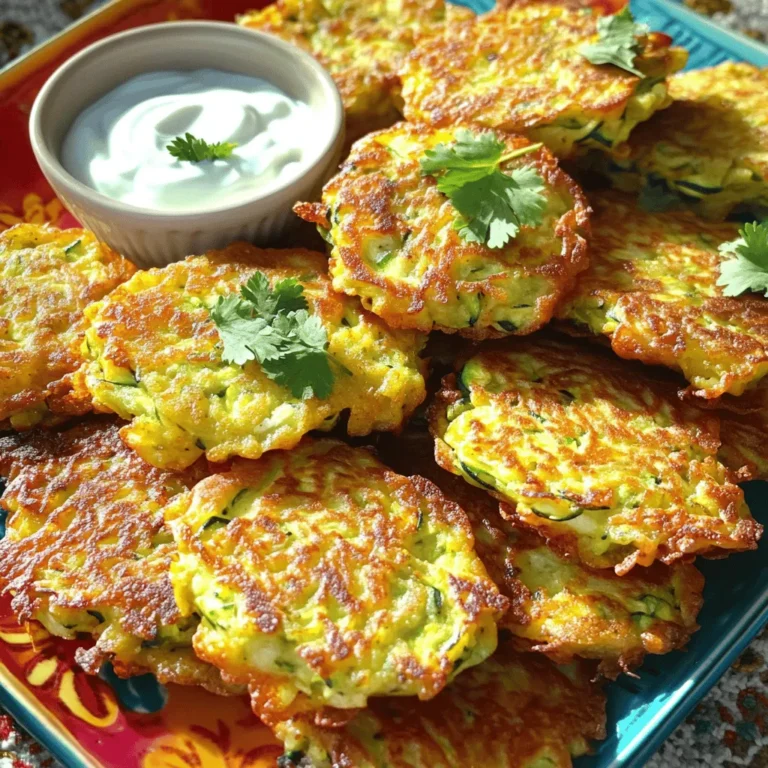 - 2 medium zucchinis (grated) - 1 teaspoon salt - 1/2 cup all-purpose flour - 1/2 cup grated Parmesan cheese - 1 large egg (lightly beaten) - 1/4 cup green onions (finely chopped) - 2 cloves garlic (minced) - 1/2 teaspoon black pepper - 1/2 teaspoon paprika - Olive oil (for frying) - Greek yogurt or sour cream (for serving, optional) The main star of zucchini fritters is, of course, the zucchini. I love using medium zucchinis as they are just the right size. Grating them allows for even cooking and a pleasant texture. Salt is key to drawing out moisture from the zucchini. This step helps the fritters stay crispy and not soggy. Remember to squeeze the grated zucchini well. All-purpose flour helps bind the mixture and gives structure. It makes the fritters hold together while frying. Grated Parmesan cheese adds a savory kick that makes every bite delicious. The egg acts as a binder, holding all the ingredients together. It also adds richness. Green onions and garlic provide fresh flavor and aroma. Black pepper and paprika add a hint of warmth and spice. They make the fritters more exciting. Olive oil is essential for frying, giving the fritters a crispy finish. You can enjoy these fritters with Greek yogurt or sour cream. They add a cool contrast to the warm fritters. - Fresh herbs (parsley, dill) - Spices (cumin, Italian seasoning) For added flavor, consider fresh herbs like parsley or dill. They brighten up the dish. Spices like cumin or Italian seasoning can add depth. You can mix and match to create your perfect fritter. For the full recipe, check the Crispy Zucchini Bliss Fritters section. First, I grate the zucchini using a box grater. This makes it easy to mix later. I sprinkle the grated zucchini with one teaspoon of salt. This step helps draw out moisture. I let it sit for about ten minutes. After that, I take a clean kitchen towel and place the zucchini in the center. I gather the towel corners and twist it. This action squeezes out the extra liquid. Squeezing well ensures the fritters stay firm. Now, I grab a large mixing bowl. In it, I combine the squeezed zucchini, half a cup of all-purpose flour, and half a cup of grated Parmesan cheese. I also add one large beaten egg, a quarter cup of finely chopped green onions, and two cloves of minced garlic. I sprinkle in half a teaspoon of black pepper and paprika. I mix it all well. It’s key to ensure all the ingredients blend evenly. This creates a tasty and cohesive mixture. Next, I heat olive oil in a skillet over medium heat. I use enough oil to coat the bottom. Once the oil shimmers, I drop spoonfuls of the zucchini mixture into the skillet. I flatten each spoonful slightly to form fritters. I cook them for about three to four minutes on each side. I aim for a beautiful golden brown color. I watch the fritters closely to avoid burning. Once they are crispy, I transfer them to a plate lined with paper towels. This helps absorb any extra oil. I serve the fritters warm, often with Greek yogurt or sour cream. You can find the full recipe [here](Full Recipe). To make crispy zucchini fritters, start by removing excess moisture. This step is crucial. Grate the zucchini and sprinkle it with salt. Let it sit for about ten minutes. Then, use a clean towel to squeeze out the water. The drier your zucchini, the firmer your fritters will be. Next, pay attention to frying temperature. Heat your olive oil over medium heat until it shimmers. If the oil is too hot, the outside will burn before the inside cooks. If it's too cool, the fritters will soak up too much oil and become greasy. Use olive oil for frying. It has a nice flavor and a good smoke point. This oil will help achieve that perfect golden color. Pair your fritters with delicious dips. Greek yogurt or sour cream works great. You can also try tzatziki for a refreshing twist. For a beautiful presentation, arrange the fritters on a colorful platter. Add a sprinkle of fresh herbs, like parsley or dill. This adds color and a fresh taste. If your fritters are falling apart, it might be due to too much moisture. Ensure you've squeezed out all the water from the zucchini. You might also need to add a bit more flour to bind the mix. For more flavor, consider adding spices. Cumin or Italian seasoning can elevate the taste. You can also mix in different cheeses, like feta or cheddar, for a new twist. {{image_4}} For a healthier twist on zucchini fritters, try using whole wheat flour. This choice adds fiber and nutrients. It also gives the fritters a nice, nutty flavor. You can also bake the fritters instead of frying them. Just place them on a baking sheet, brush with a little olive oil, and bake until golden. This method cuts down on oil and keeps the fritters light. To mix things up, consider adding different cheeses. Feta gives a tangy touch, while cheddar brings a sharp flavor. You can also spice things up by incorporating spices. Cumin or Italian seasoning can add depth. A pinch of red pepper flakes can give them a kick too! If you need a gluten-free option, almond flour works well. It keeps the fritters nice and crispy. For those following a vegan diet, you can replace the egg with a flaxseed mixture. Just mix one tablespoon of ground flaxseed with three tablespoons of water. Let it sit for a few minutes until it thickens. This simple swap allows everyone to enjoy these tasty fritters. Don't forget to check the Full Recipe for all the details! To keep your zucchini fritters fresh, place them in an airtight container. Make sure to layer parchment paper between fritters to prevent sticking. Store them in the fridge for up to three days. After this time, the fritters may lose their crispiness. If you notice any off smell or mold, it's best to toss them. When it comes to reheating, the oven is your best friend. Preheat it to 350°F (175°C). Place the fritters on a baking sheet and heat for about 10 minutes. This keeps them crispy. You can use the microwave for quick reheating, but they may turn soft. If you choose this method, heat them on a microwave-safe plate for about 30 seconds. For the best taste, stick to the oven whenever possible. For more tips, you can check the Full Recipe. Zucchini fritters can last up to three days in the fridge. To store them, place them in an airtight container. Check for signs of spoilage like a sour smell or visible mold. If you see either, it's best to toss them. Yes, you can freeze zucchini fritters! To do this, let them cool completely. Then, place them in a single layer on a baking sheet and freeze for about an hour. Once frozen, transfer them to a freezer-safe bag. They will keep for up to three months. Zucchini fritters pair well with a variety of sides. You can serve them with: - Greek yogurt or sour cream - Fresh salsa or marinara sauce - A crisp green salad - Roasted vegetables These options add flavor and help balance the dish. Yes, you can make zucchini fritters ahead of time. Prepare them and store them in the fridge for up to a day. When ready to eat, just heat them in a skillet until warm. This keeps them crispy and delicious. For the full recipe, check out the Crispy Zucchini Bliss Fritters. Zucchini fritters are easy to make and tasty. You learned about key ingredients, step-by-step cooking, and tips for success. You also explored variations for healthy and dietary needs. Remember, removing excess moisture helps keep them crispy. Try different flavors or dips for fun. Store leftovers properly and reheat them well. Enjoy your zucchini fritters as a snack or a meal! Keep experimenting to make them your own. Happy cooking!