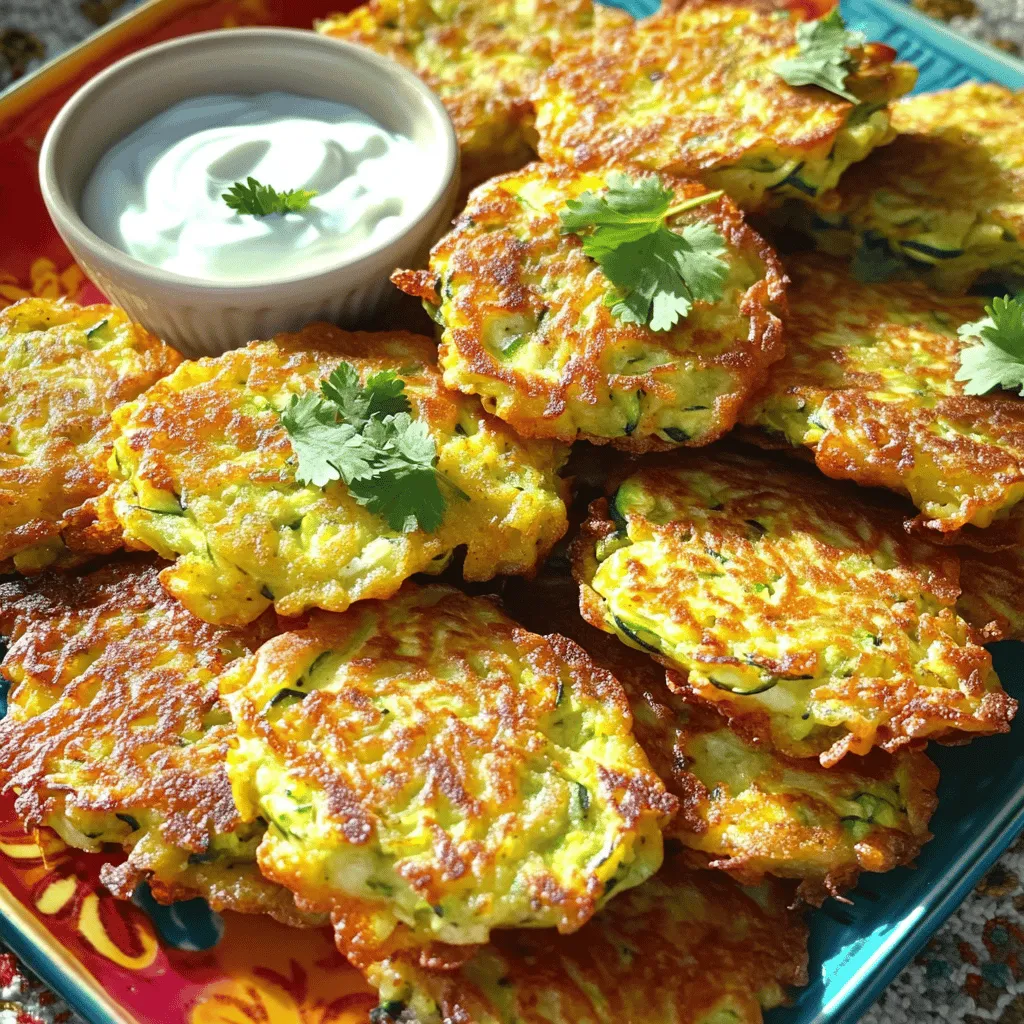 - 2 medium zucchinis (grated) - 1 teaspoon salt - 1/2 cup all-purpose flour - 1/2 cup grated Parmesan cheese - 1 large egg (lightly beaten) - 1/4 cup green onions (finely chopped) - 2 cloves garlic (minced) - 1/2 teaspoon black pepper - 1/2 teaspoon paprika - Olive oil (for frying) - Greek yogurt or sour cream (for serving, optional) The main star of zucchini fritters is, of course, the zucchini. I love using medium zucchinis as they are just the right size. Grating them allows for even cooking and a pleasant texture. Salt is key to drawing out moisture from the zucchini. This step helps the fritters stay crispy and not soggy. Remember to squeeze the grated zucchini well. All-purpose flour helps bind the mixture and gives structure. It makes the fritters hold together while frying. Grated Parmesan cheese adds a savory kick that makes every bite delicious. The egg acts as a binder, holding all the ingredients together. It also adds richness. Green onions and garlic provide fresh flavor and aroma. Black pepper and paprika add a hint of warmth and spice. They make the fritters more exciting. Olive oil is essential for frying, giving the fritters a crispy finish. You can enjoy these fritters with Greek yogurt or sour cream. They add a cool contrast to the warm fritters. - Fresh herbs (parsley, dill) - Spices (cumin, Italian seasoning) For added flavor, consider fresh herbs like parsley or dill. They brighten up the dish. Spices like cumin or Italian seasoning can add depth. You can mix and match to create your perfect fritter. For the full recipe, check the Crispy Zucchini Bliss Fritters section. First, I grate the zucchini using a box grater. This makes it easy to mix later. I sprinkle the grated zucchini with one teaspoon of salt. This step helps draw out moisture. I let it sit for about ten minutes. After that, I take a clean kitchen towel and place the zucchini in the center. I gather the towel corners and twist it. This action squeezes out the extra liquid. Squeezing well ensures the fritters stay firm. Now, I grab a large mixing bowl. In it, I combine the squeezed zucchini, half a cup of all-purpose flour, and half a cup of grated Parmesan cheese. I also add one large beaten egg, a quarter cup of finely chopped green onions, and two cloves of minced garlic. I sprinkle in half a teaspoon of black pepper and paprika. I mix it all well. It’s key to ensure all the ingredients blend evenly. This creates a tasty and cohesive mixture. Next, I heat olive oil in a skillet over medium heat. I use enough oil to coat the bottom. Once the oil shimmers, I drop spoonfuls of the zucchini mixture into the skillet. I flatten each spoonful slightly to form fritters. I cook them for about three to four minutes on each side. I aim for a beautiful golden brown color. I watch the fritters closely to avoid burning. Once they are crispy, I transfer them to a plate lined with paper towels. This helps absorb any extra oil. I serve the fritters warm, often with Greek yogurt or sour cream. You can find the full recipe [here](Full Recipe). To make crispy zucchini fritters, start by removing excess moisture. This step is crucial. Grate the zucchini and sprinkle it with salt. Let it sit for about ten minutes. Then, use a clean towel to squeeze out the water. The drier your zucchini, the firmer your fritters will be. Next, pay attention to frying temperature. Heat your olive oil over medium heat until it shimmers. If the oil is too hot, the outside will burn before the inside cooks. If it's too cool, the fritters will soak up too much oil and become greasy. Use olive oil for frying. It has a nice flavor and a good smoke point. This oil will help achieve that perfect golden color. Pair your fritters with delicious dips. Greek yogurt or sour cream works great. You can also try tzatziki for a refreshing twist. For a beautiful presentation, arrange the fritters on a colorful platter. Add a sprinkle of fresh herbs, like parsley or dill. This adds color and a fresh taste. If your fritters are falling apart, it might be due to too much moisture. Ensure you've squeezed out all the water from the zucchini. You might also need to add a bit more flour to bind the mix. For more flavor, consider adding spices. Cumin or Italian seasoning can elevate the taste. You can also mix in different cheeses, like feta or cheddar, for a new twist. {{image_4}} For a healthier twist on zucchini fritters, try using whole wheat flour. This choice adds fiber and nutrients. It also gives the fritters a nice, nutty flavor. You can also bake the fritters instead of frying them. Just place them on a baking sheet, brush with a little olive oil, and bake until golden. This method cuts down on oil and keeps the fritters light. To mix things up, consider adding different cheeses. Feta gives a tangy touch, while cheddar brings a sharp flavor. You can also spice things up by incorporating spices. Cumin or Italian seasoning can add depth. A pinch of red pepper flakes can give them a kick too! If you need a gluten-free option, almond flour works well. It keeps the fritters nice and crispy. For those following a vegan diet, you can replace the egg with a flaxseed mixture. Just mix one tablespoon of ground flaxseed with three tablespoons of water. Let it sit for a few minutes until it thickens. This simple swap allows everyone to enjoy these tasty fritters. Don't forget to check the Full Recipe for all the details! To keep your zucchini fritters fresh, place them in an airtight container. Make sure to layer parchment paper between fritters to prevent sticking. Store them in the fridge for up to three days. After this time, the fritters may lose their crispiness. If you notice any off smell or mold, it's best to toss them. When it comes to reheating, the oven is your best friend. Preheat it to 350°F (175°C). Place the fritters on a baking sheet and heat for about 10 minutes. This keeps them crispy. You can use the microwave for quick reheating, but they may turn soft. If you choose this method, heat them on a microwave-safe plate for about 30 seconds. For the best taste, stick to the oven whenever possible. For more tips, you can check the Full Recipe. Zucchini fritters can last up to three days in the fridge. To store them, place them in an airtight container. Check for signs of spoilage like a sour smell or visible mold. If you see either, it's best to toss them. Yes, you can freeze zucchini fritters! To do this, let them cool completely. Then, place them in a single layer on a baking sheet and freeze for about an hour. Once frozen, transfer them to a freezer-safe bag. They will keep for up to three months. Zucchini fritters pair well with a variety of sides. You can serve them with: - Greek yogurt or sour cream - Fresh salsa or marinara sauce - A crisp green salad - Roasted vegetables These options add flavor and help balance the dish. Yes, you can make zucchini fritters ahead of time. Prepare them and store them in the fridge for up to a day. When ready to eat, just heat them in a skillet until warm. This keeps them crispy and delicious. For the full recipe, check out the Crispy Zucchini Bliss Fritters. Zucchini fritters are easy to make and tasty. You learned about key ingredients, step-by-step cooking, and tips for success. You also explored variations for healthy and dietary needs. Remember, removing excess moisture helps keep them crispy. Try different flavors or dips for fun. Store leftovers properly and reheat them well. Enjoy your zucchini fritters as a snack or a meal! Keep experimenting to make them your own. Happy cooking!