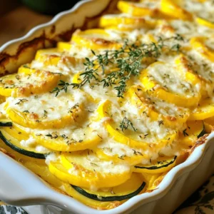 For this creamy and satisfying dish, gather these simple ingredients: - 2 medium yellow squash, thinly sliced - 2 medium zucchini, thinly sliced - 1 medium onion, finely chopped - 2 cloves garlic, minced - 1 cup heavy cream - 1 cup shredded Gruyère cheese - 1 cup shredded sharp cheddar cheese - 1/2 cup grated Parmesan cheese - 1 teaspoon dried thyme - 1/2 teaspoon smoked paprika - Salt and black pepper to taste - 2 tablespoons olive oil - 1/4 cup breadcrumbs (optional, for topping) These ingredients combine to create rich flavors and a lovely texture. Not every ingredient is required to make a great dish. Here are some swaps: - Use any squash: Butternut or acorn squash works well. - Swap heavy cream: Use half-and-half or a plant-based cream for lighter options. - Cheese alternatives: Try mozzarella or gouda if Gruyère is hard to find. - Fresh herbs: If you lack thyme, use oregano or basil for a different flavor. These substitutions keep the dish flexible and enjoyable. Using fresh ingredients makes your dish taste its best. Here are some tips: - Choose squash that feels firm and is free of blemishes. - Select zucchini that is small to medium-sized for better flavor. - Fresh herbs add brightness; look for vibrant leaves. - Use whole garlic bulbs; they last longer and taste better than pre-minced. By selecting fresh items, you ensure a delightful outcome. For the full recipe, check out the complete guide. To make squash au gratin, gather your ingredients first. You need fresh yellow squash, zucchini, onion, and garlic. The heavy cream and cheeses add creaminess and flavor. Start by preheating your oven to 375°F (190°C). This ensures even cooking. Next, heat olive oil in a skillet over medium heat. Add the chopped onion and sauté for about 5-7 minutes. The onion should turn soft and translucent. Stir in the minced garlic and cook for one more minute. This will add a lovely aroma to your dish. In a bowl, combine the sliced squash and zucchini with the onion and garlic mix. Add dried thyme, smoked paprika, salt, and black pepper. Toss everything well to coat the squash evenly. In another bowl, whisk the heavy cream with half of the Gruyère and cheddar cheeses. This creamy mixture will bring richness to the dish. Now, it’s time to layer your gratin. Grease a baking dish lightly with butter or olive oil. Place half of the squash mixture at the bottom. Pour half of the creamy cheese mixture over this layer. Spread it out evenly. Repeat this process with the remaining squash and cream mixtures. Make sure each layer is even. Top it off with the rest of the Gruyère and cheddar cheeses. For a crunchy finish, sprinkle grated Parmesan and optional breadcrumbs on top. Cover the dish with aluminum foil and bake for 25 minutes. After this, remove the foil and continue baking for 15-20 more minutes. The top should be golden and bubbly. Allow the dish to cool for a few minutes before serving. Enjoy this creamy and satisfying dish! For the complete recipe, check out the Full Recipe section. To get the best texture, you want creamy and cheesy layers. Use fresh squash for a tender bite. Slice the squash thinly to help it cook evenly. If you want a crispy top, add breadcrumbs or more cheese. Let the dish rest for a few minutes after baking. This helps the layers set nicely. Adding herbs boosts the flavor. Fresh thyme works wonders. You can also try rosemary or basil for a twist. For an extra kick, mix in a bit of red pepper flakes. Smoked paprika adds depth, while garlic brings a lovely aroma. Don't forget to season well with salt and pepper. Taste as you go to find your perfect balance. You can prepare this dish a day in advance. Just layer and assemble everything in your baking dish. Cover it well and store it in the fridge. When you are ready to bake, add a few extra minutes to the cooking time. This way, you can enjoy a warm, comforting meal without all the last-minute effort. For the full recipe, check out the Heavenly Squash Au Gratin section. {{image_4}} You can easily boost the flavor of your squash au gratin by adding protein. Chicken or bacon works great. If you choose chicken, use cooked, shredded chicken. Mix it in with the squash before layering. For bacon, cook it until crispy. Crumble it and add it on top of the cheese layer. The savory taste makes each bite even tastier. If you want a vegetarian twist, consider adding more vegetables. Spinach, mushrooms, or bell peppers can enhance the dish. Sauté them with the onions for added flavor. You can also add beans or lentils for extra protein. This way, you keep the dish filling and nutritious without meat. To make this dish gluten-free, skip the breadcrumbs or use gluten-free ones. You can also thicken the cream sauce with cornstarch instead of flour. This keeps the texture creamy and smooth. Always check labels on cheese and broth to ensure they are gluten-free. Enjoy a delicious meal that fits your dietary needs! For the full recipe, check out the heavenly squash au gratin. To keep your Squash Au Gratin fresh, let it cool first. Once cooled, transfer leftovers to an airtight container. This helps keep the flavors intact. Store in the fridge for up to three days. Label the container with the date so you can remember when you made it. When it's time to enjoy your leftovers, preheat your oven to 350°F (175°C). Place the gratin in a baking dish and cover it with aluminum foil. Heat for about 20 minutes. This warms it through without drying it out. If you like a crispy top, remove the foil for the last five minutes. If you want to freeze it, first let the dish cool completely. Cut it into portions to make it easier to thaw later. Wrap each piece tightly in plastic wrap. Then, place them in a freezer-safe bag. You can freeze it for up to three months. When ready to eat, thaw it overnight in the fridge before reheating. For the complete recipe, refer to the Full Recipe section. Yes, you can use other types of squash. Butternut squash works great. Acorn squash adds a sweet touch. You can also mix different kinds for fun flavors. Just remember to slice them thinly. This helps them cook evenly. Squash Au Gratin pairs well with many dishes. Serve it with roasted chicken for a hearty meal. It also goes well with grilled fish for a lighter option. A fresh salad can balance the creamy dish nicely. For a cozy night, try it with crusty bread. To make Squash Au Gratin healthier, try these tips: - Use low-fat cheese instead of regular cheese. - Swap heavy cream for milk or a plant-based cream. - Add more veggies like spinach or bell peppers. - Cut back on salt by using herbs for flavor. These changes keep the dish tasty while cutting some calories. For the full recipe, check out the recipe card above. In this blog post, we explored how to make Squash Au Gratin. We covered ingredients, cooking steps, and tips for the best texture. You learned about swapping ingredients and ways to add flavors. I shared how to store leftovers and answered common questions. Making this dish is fun and rewarding. With the right tips, you’ll impress everyone at your table. Enjoy experimenting with different variations and make it your own!