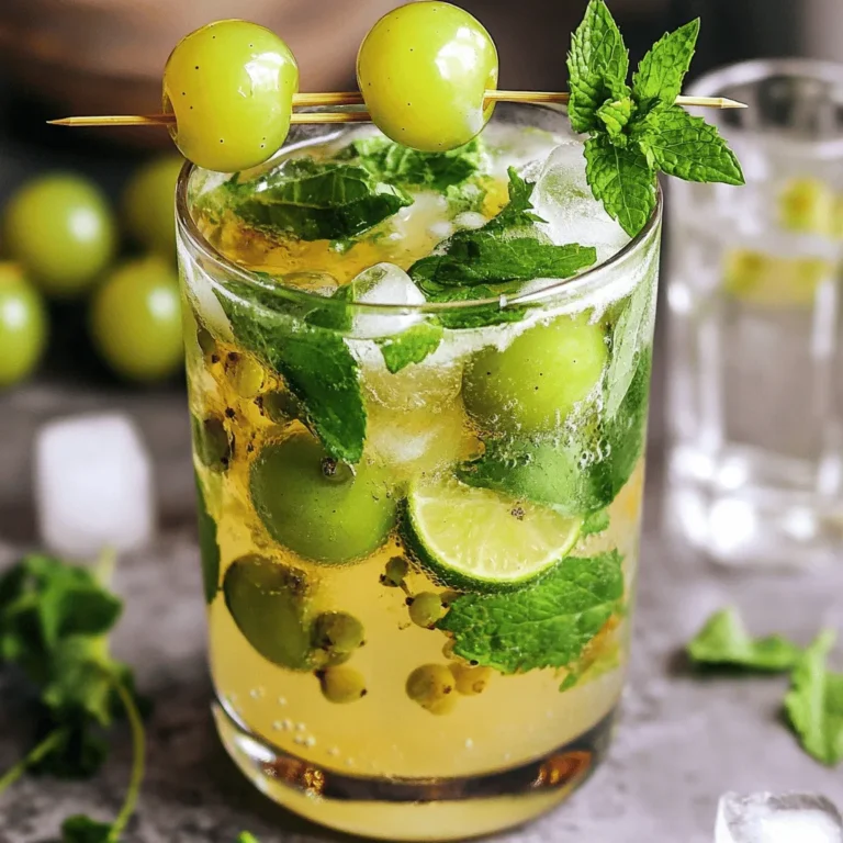 - 1 cup green seedless grapes - 10 fresh mint leaves - 1 lime - Sugar - Sparkling water - Ice cubes - Whole grapes for garnish To make a Grape Mojito, you need fresh and vibrant ingredients. Start with a cup of green seedless grapes. These grapes add a sweet and juicy base to your drink. Next, grab ten fresh mint leaves. The mint gives a refreshing touch, making each sip pleasant. You will also need one lime. Its juice adds a zesty flavor that balances sweetness. Finally, keep some sugar handy. Adjust the amount based on your taste. In addition to the main ingredients, you will need sparkling water. This bubbly drink makes your mojito fizzy and fun. Ice cubes are a must to keep your cocktail chilled. Lastly, consider whole grapes for garnish. They add a nice look and extra flavor to your drink. For the complete recipe, check out the Full Recipe. - In a sturdy glass or cocktail shaker, combine: - 1 cup green seedless grapes, halved - 10 fresh mint leaves - 1 tablespoon sugar - 1 lime, juiced (about 2 tablespoons) First, use a muddler or the back of a spoon. Gently press and twist the mix. This step releases the grape juices and mint flavor. You want a fragrant blend that smells amazing. - Fill the glass or shaker with ice cubes. - Pour in 1 cup of sparkling water. Carefully mix it with a bar spoon. Stir gently to keep those bubbles. You want a nice balance of fruity and minty flavors. - Taste your Grape Mojito. If you want it sweeter, add more sugar. Stir gently to dissolve. - Pour the mojito into two glasses, filling them halfway. Add more ice if you wish. - For a pretty finish, garnish with a sprig of mint and whole grapes on a skewer. Now you have a refreshing drink ready to enjoy. For the full recipe, check out the instructions above! You can adjust the sugar in your Grape Mojito to fit your taste. Some like it sweeter, while others prefer it less sweet. Start with one tablespoon, then add more if needed. If you want alternatives to sugar, try honey or agave syrup. Both add sweetness and a unique flavor. For the best taste, always use fresh mint. It gives your drink a bright and lively aroma. Also, think about trying different lime varieties. Key limes are small and tart, while Persian limes are larger and sweeter. Each type can change the drink's flavor profile. Tall glasses are perfect for serving your Grape Mojito. They show off the vibrant colors and layers. For garnishing, consider using whole grapes on a skewer. This adds a fun and tasty touch that looks great. You can also place a mint sprig on top for extra flair. {{image_4}} Creating a Grape Mojito is fun, and you can easily change it up. Here are some tasty variations you might enjoy. - Berry Mojito: Add fresh berries like strawberries or blueberries. They add a sweet burst of flavor and color. - Citrus Mojito: Squeeze in some orange or grapefruit juice. This adds a zesty note that brightens the drink. - Non-alcoholic grape mojito: Skip the rum for a refreshing mocktail. Just stick to the grapes, mint, lime juice, and sparkling water for a delicious drink. - Using different rums for unique flavors: Try light, dark, or spiced rum. Each type gives the mojito a different taste and aroma. - Summer-inspired versions: Freeze grapes or fruit juice into ice cubes. They keep your drink cold and add extra flavor as they melt. - Winter warming additions: Use spiced rum for a cozy twist. This adds warmth and depth, perfect for chilly nights. These variations allow you to enjoy the Grape Mojito in many different ways. Check out the Full Recipe to get started on your favorite version! Store grapes and mint in the fridge. Keep grapes in a sealed bag to avoid drying out. For mint, wrap it in a damp paper towel. Place it in a bag or container. This helps keep the mint fresh and fragrant. Lime juice lasts longer in an airtight container. Use it within a few days for the best flavor. If you have leftover Grape Mojito, store it in the fridge. Use a sealed container to keep it fresh. The bubbles will fade, but the taste stays good. For best results, make your mojito just before serving. If you want to prepare in advance, muddle the grapes and mint first. Add lime juice and sparkling water right before serving. Fresh grapes can last about a week in the fridge. Mint lasts around five days if stored right. Lime juice keeps for about a week, too. Signs of spoilage include brown spots on grapes or wilting mint. If the juice smells sour, it’s time to toss it. Always check before using any ingredient. Yes, you can use frozen grapes. They work well in this drink. Frozen grapes chill the mojito nicely. They also add a sweet flavor. Just remember to muddle them gently. This way, you can still release their juices. For a Grape Mojito, light rum is the best choice. It has a smooth flavor that blends well. Brands like Bacardi or Captain Morgan are great options. You can also try flavored rums, like coconut or mango. They add a twist to the drink. To make a mocktail version, simply skip the rum. Use the same ingredients, but add more sparkling water. This keeps the drink light and refreshing. You can also add extra lime juice for zing. Garnish with mint and grapes for a pretty look. The Mojito has roots in Cuba. It dates back to the 1500s. Sailors mixed it to fight illness. They used local ingredients like mint, lime, and sugar. Over time, it grew popular in bars and homes. Now, it’s a classic cocktail worldwide. Yes, you can add other herbs like basil or rosemary. They give a unique twist to your mojito. Just muddle them with the mint for best flavor. Basil adds a sweet note, while rosemary gives an earthy taste. Experiment and find your favorite blend! The Grape Mojito offers a refreshing twist with simple, fresh ingredients and easy steps. You learned how to muddle grapes and mint, mix in sparkling water, and adjust sweetness for your taste. You can even try fun variations for any season. Remember to store your ingredients correctly and enjoy your delicious drink. You now have all the tools to make this great cocktail your own. Enjoy experimenting, and cheers to your new favorite drink!