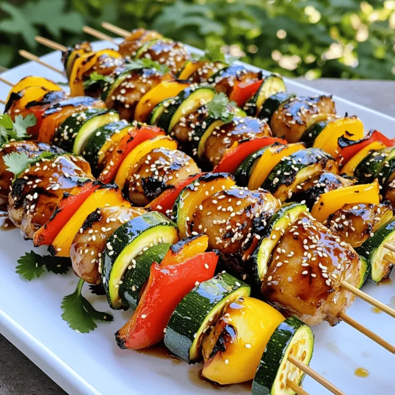 - 1 pound boneless, skinless chicken thighs, cut into 1-inch cubes - 1/4 cup soy sauce - 1/4 cup honey - 2 tablespoons rice vinegar - 1 tablespoon sesame oil - 2 cloves garlic, finely minced - 1 teaspoon fresh ginger, grated - 1 red bell pepper, cut into 1-inch squares - 1 yellow bell pepper, cut into 1-inch squares - 1 zucchini, sliced into thick rounds The main ingredients are key to a great teriyaki dish. Chicken thighs are juicy and flavorful. The soy sauce and honey create a sweet and salty marinade. Rice vinegar adds a slight tang. Garlic and ginger bring warmth and depth to the flavor. The colorful veggies add crunch and a fresh touch. - 1 teaspoon cornstarch mixed with 1 tablespoon cold water (optional, for thickening the sauce) - Sesame seeds, for garnish - Fresh cilantro, for garnish Cornstarch helps thicken the teriyaki sauce. This makes it stick better to the chicken. Sesame seeds and cilantro are perfect for garnishing. They add a nice look and extra flavor. - Bamboo skewers (soaked in water for at least 30 minutes) - Grill or grill pan You need skewers to hold the chicken and veggies. Soaking them in water prevents burning. A grill or grill pan cooks the skewers evenly. It gives the chicken those beautiful grill marks. For the full recipe and more tips, check out the Full Recipe section. To start, we need to mix the marinade. In a medium bowl, combine the soy sauce, honey, rice vinegar, sesame oil, minced garlic, and grated ginger. Whisk these ingredients together until they blend well. This mixture is key to our teriyaki chicken skewers. Marinating is very important. It lets the chicken soak up all the nice flavors. Aim for at least 30 minutes. For the best taste, try to marinate for 1 to 2 hours. This makes a big difference in flavor. Now, it’s time to thread the chicken and veggies onto the skewers. First, take your soaked bamboo skewers and start with a piece of chicken. Then, add a square of red bell pepper, followed by a piece of yellow pepper. Next, add a thick slice of zucchini. Repeat this pattern. This colorful arrangement is not just tasty; it looks great too! Make sure the pieces fit snugly but not so tightly that they can't cook well. A nice visual appeal will impress everyone at the table. When it’s time to cook, we can grill the skewers. Preheat your grill or grill pan to medium-high heat. Place the skewers on the grill and cook them for about 10 to 12 minutes. Turn them occasionally for even cooking. If you prefer, you can also bake or broil the skewers. Just adjust the cooking time. Cook until the chicken is fully done and has lovely grill marks. For added flavor, brush the skewers with the thickened teriyaki sauce while they cook. Check the Full Recipe for more details on each step! To make a great teriyaki marinade, you need balance. Start with soy sauce for saltiness. Add honey for sweetness. Rice vinegar brings in acidity, which brightens the flavors. Garlic and ginger give depth. Ensure you mix these well. A good marinade coats the chicken evenly. For extra flavor, let the chicken sit in the marinade for longer. Aim for 1 to 2 hours for the best taste. If you want more richness, try adding a splash of orange juice. This will enhance the flavor profile. Grilling your skewers right is key. First, preheat your grill to medium-high heat. This helps get those beautiful grill marks. Place the skewers on the grill and leave them alone for a few minutes. Avoid moving them too much; let them sear. Flip them only once or twice. If you brush them with the thickened sauce, it adds a nice glaze. Keep an eye on the time; cook them for about 10-12 minutes. Common mistakes include overcrowding the grill. Give each skewer space so they cook evenly. Also, don’t skip the resting time after grilling; it helps the juices redistribute. When serving, presentation matters. Lay the skewers on a big platter. Drizzle with any leftover teriyaki sauce for extra flavor. Sprinkle sesame seeds and chopped cilantro on top. It adds color and looks inviting. For side dishes, think simple. Steamed rice or a fresh salad pairs well. You could also serve grilled veggies for a complete meal. These combinations elevate your dish and make for a delicious feast. Remember, the Full Recipe will guide you through the process! {{image_4}} You can swap chicken for other proteins like beef or tofu. Beef gives a rich, hearty taste. Tofu offers a plant-based option that absorbs flavors well. Adjust cooking times depending on what you use. Beef may need longer than chicken, while tofu cooks quicker. Always check for doneness to keep your meal safe. Feel free to include seasonal vegetables. Bell peppers, zucchini, and onions add color and crunch. Try mushrooms or cherry tomatoes for even more variety. These colorful additions not only taste great but also make your dish visually appealing. Mixing different veggies can create a vibrant plate that excites the eyes. You can use store-bought teriyaki sauce for speed. Homemade sauce allows you to control flavors better. If you want a kick, try adding chili flakes for spice. For a sweeter twist, mix in some pineapple juice. These variations help you customize the sauce to fit your taste. Check the [Full Recipe] for details on how to make your own sauce! After enjoying your teriyaki chicken skewers, you may have some leftovers. It’s best to store them right away. Place the skewers in an airtight container. This keeps them fresh and prevents odors. You can refrigerate them for up to four days. For longer storage, wrap them tightly in plastic wrap and place them in a freezer bag. You can freeze them for up to three months. Just remember to label the bag with the date. When it’s time to enjoy leftovers, reheating correctly matters. You want to keep the chicken moist. The oven works best for this. Preheat it to 350°F (175°C). Place the skewers on a baking sheet and cover them with foil. Heat for about 10-15 minutes until warm. The microwave is quicker but can dry out the chicken. If you use it, heat in short bursts of 30 seconds. Check often to avoid overcooking. Leftover teriyaki chicken skewers can last up to four days in the fridge. If frozen, they remain safe for three months. Always check for signs of spoilage before eating. If the chicken smells bad or looks off, don’t eat it. Look for a change in color or texture too. When in doubt, throw it out. Enjoying your teriyaki chicken skewers fresh is the best way to experience their flavor. For the full recipe, refer to the earlier sections. The best chicken for skewers is thighs. They stay juicy and tender when cooked. Breasts can dry out quickly. They have less fat, which makes them less forgiving. Thighs are more flavorful and can handle marinating well. Yes, you can make teriyaki chicken skewers in advance. Marinate the chicken for at least 30 minutes. For the best taste, marinate for 1 to 2 hours. You can even marinate them overnight. Cook them right before serving for the best results. You can serve teriyaki chicken skewers with many tasty sides. Rice, like jasmine or brown rice, pairs well. You can also offer stir-fried veggies for crunch. A fresh salad with sesame dressing adds a nice touch. Consider serving with grilled pineapple for a sweet twist. Explore these options to find what you love! This article covered making delicious teriyaki chicken skewers. We explored key ingredients like chicken, marinade, and vegetables. You learned how to prepare the marinade, assemble skewers, and cook on the grill. We also shared tips for flavor, grilling techniques, and serving ideas. You can mix in different proteins or vegetables and make it your own. Remember to store any leftovers properly to enjoy later. Now, get ready to impress with your new skewering skills!