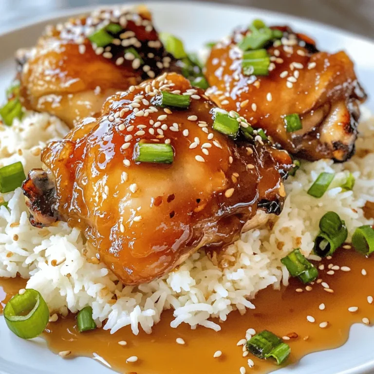 - 1 pound boneless, skinless chicken thighs or breasts, cut into bite-sized chunks - 1/4 cup honey - 1/4 cup low-sodium soy sauce - 3 cloves garlic, finely minced - 1 tablespoon fresh ginger, freshly grated - 1 tablespoon extra-virgin olive oil - 1 teaspoon toasted sesame oil - 1/2 teaspoon freshly ground black pepper The main ingredients create a balance of sweet and savory flavors. The honey provides sweetness, while the soy sauce adds a salty depth. Garlic and ginger bring warmth and spice. You can use either chicken thighs or breasts; thighs offer more flavor and moisture. - 1/2 teaspoon red pepper flakes (optional, for a spicy kick) - 2 green onions, thinly sliced (for garnish) - 1 tablespoon sesame seeds (for garnish) Red pepper flakes add a nice heat to the dish. If you like spice, don’t skip them. Green onions and sesame seeds make a great garnish. They add color and crunch, enhancing the dish's appeal. - Cooked rice or quinoa, for serving Pair the honey garlic chicken with cooked rice or fluffy quinoa. Both options soak up the sauce well. You can also serve it with steamed veggies like broccoli or snap peas. This adds nutrition and color to your plate. For a balanced meal, consider serving a light salad on the side. For the full recipe, check the details above. 1. In a mixing bowl, whisk together the marinade ingredients. You need honey, soy sauce, garlic, ginger, black pepper, and red pepper flakes. Mix until smooth. This helps the flavors blend well. Set the marinade aside for later. 2. Prepare the chicken next. Use boneless, skinless chicken thighs or breasts. Cut them into bite-sized chunks. This makes it easy to cook and eat. Season the chicken lightly with salt and pepper for extra flavor. 1. Heat the oils in a large skillet over medium-high heat. Use extra-virgin olive oil and toasted sesame oil. Wait until the oils shimmer. This shows they’re hot enough to cook the chicken. 2. Carefully add the chicken pieces to the skillet. Make sure they are in a single layer. Cook the chicken for about 5-7 minutes. Stir occasionally to brown all sides. The chicken should reach an internal temperature of 165°F. This ensures it is safe to eat. 1. Pour the prepared honey garlic sauce over the browned chicken. Make sure to coat each piece well. Stir gently to mix everything together. 2. Allow the sauce to simmer gently for about 3-5 minutes. This thickens the sauce a bit. Stir occasionally to keep everything from sticking to the skillet. 3. When the sauce is sticky and thick, remove the skillet from heat. 4. Serve the honey garlic chicken over cooked rice or quinoa. For a nice finish, garnish with sliced green onions and sesame seeds. This adds color and flavor to your dish. For the full recipe, you can refer back to the section on ingredients. Enjoy your meal! To ensure the chicken is fully cooked, use a meat thermometer. The internal temperature should reach 165°F. This step keeps your meal safe and tasty. To prevent sticking in the skillet, heat the oils well before adding chicken. This creates a non-stick surface. Another trick is to avoid overcrowding the pan. Cook in batches if needed. To boost the flavor, think about adding fresh herbs like cilantro or basil. These can add a nice touch. You can also switch the honey for maple syrup for a unique taste. If you want it sweeter, add more honey. For extra spice, simply raise the red pepper flakes. Just a pinch can make a big difference. For a great visual appeal, serve the honey garlic chicken on a large, colorful platter. Place it over a fluffy bed of rice or quinoa. Drizzle any extra sauce on top to make it shine. Finish with a sprinkle of green onions and sesame seeds. This not only adds color but also texture. Your guests will be impressed by the look and taste of the dish! {{image_4}} You can switch the chicken with shrimp or tofu. Shrimp cooks fast and gives a nice flavor. Sauté shrimp for about 3-4 minutes until pink. Tofu, on the other hand, adds a great texture. Sauté it for about 5-7 minutes until golden brown. Both options work well with the honey garlic sauce. If you need a gluten-free dish, use tamari instead of soy sauce. This keeps the flavor while making it safe for gluten-free diets. For a low-calorie version, use less honey or try a sugar substitute. You can also use skinless chicken to cut down on fat. Adding vegetables boosts nutrition and adds color. Try bell peppers, broccoli, or snap peas. Toss them in the skillet with the chicken for a tasty mix. You can also play with different sauces. A splash of sriracha adds heat, while a touch of lime juice brightens the dish. Get creative and make it your own! To keep your honey garlic chicken fresh, store it in the fridge. Place leftovers in an airtight container. This helps prevent odors and keeps the chicken tasty. Use your leftovers within three to four days for the best flavor. You can freeze honey garlic chicken for later use. First, let it cool completely. Then, place the chicken in a freezer-safe bag or container. Remove as much air as possible to avoid freezer burn. It can last in the freezer for up to three months. When ready to eat, move it to the fridge to thaw overnight. To reheat your chicken, you have two good options: the oven or the microwave. If you use the oven, preheat it to 350°F (175°C). Place the chicken in a baking dish and cover it with foil. Heat for about 15-20 minutes. This method keeps the chicken juicy. If you use the microwave, put the chicken on a plate. Heat it in short bursts of 1-2 minutes, stirring in between, until hot. Be careful not to overheat, as this can dry it out. Making this dish takes only 30 minutes. You spend about 10 minutes prepping. Then, cooking takes around 20 minutes. This quick dish fits perfectly into a busy day. Yes, you can use chicken breasts. They cook faster than thighs. Chicken breasts may be drier since they have less fat. Thighs give a rich taste and stay juicy. Adjust your cooking time to about 5-6 minutes for breasts. You can serve this chicken with rice or quinoa. Both are great options for soaking up the sauce. Try adding steamed broccoli or snap peas for color and crunch. A light salad or roasted veggies pairs well too. For drinks, serve iced tea or a light beer. Yes, you can prep the chicken and sauce ahead. Store the chicken and sauce in separate containers. Keep them in the fridge for up to two days. When ready, cook the chicken and add the sauce. This keeps your dish fresh and tasty. This blog post covered everything you need for 30 Minute Honey Garlic Chicken. We explored main and optional ingredients, step-by-step cooking instructions, and tips for flavor and presentation. We also looked at variations with different proteins and dietary needs. Proper storage tips help you enjoy leftovers too. Remember, you can make this meal your own with easy tweaks. Enjoy trying out new flavors and impressing your family or friends!