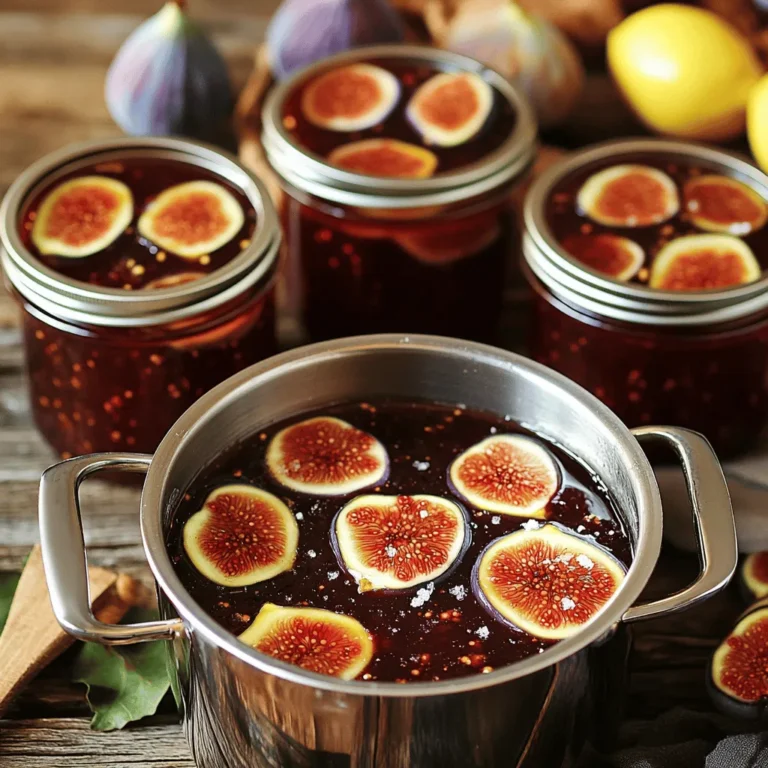 Fresh figs are the star of this jam. Choose ripe, sweet figs for the best taste. Look for figs that are soft to the touch and have a deep color. First, wash the figs under cold water. Then, remove the stems and cut them into quarters. This helps them break down easily while cooking. You should have about 2 pounds of prepared figs for this recipe. Sugar is key in making fig jam thick and sweet. It not only adds sweetness but also helps the jam set. As the figs cook, they release their natural juices. The sugar dissolves and mixes with these juices, forming a syrup. This syrup thickens as it cooks, giving your jam that perfect spreadable texture. Use 1 cup of granulated sugar for this recipe. Adding lemon juice brightens the flavor. It helps balance the sweetness of the figs. You’ll need the juice of one lemon, which is about 2 tablespoons. Vanilla extract adds a warm, sweet note. Use just 1/2 teaspoon for a subtle hint. A pinch of sea salt (1/4 teaspoon) enhances all the flavors. Together, these ingredients create a delightful taste in your fig jam. For the full recipe, check out the Sweet Fig Bliss Jam. First, gather your fresh figs. You need 2 lbs of ripe figs. Remove the stems and cut them into quarters. Place them in a large bowl. Add 1 cup of granulated sugar. Squeeze the juice of one lemon into the bowl. This adds a nice zing to the jam. Pour in 1/2 teaspoon of vanilla extract and 1/4 teaspoon of sea salt. Toss everything together gently. Let it sit for about 30 minutes. This resting time helps the figs release their juices, making a sweet syrup. Now, transfer your fig mixture to a medium pot. Place the pot on medium heat. Stir the mixture often. You want the sugar to dissolve fully and the figs to soften. This should take around 10 minutes. Once everything is mixed well, turn the heat to medium-high. Bring the mixture to a gentle boil. Keep stirring regularly for 20 to 30 minutes. Watch closely as it thickens. It’s ready when it looks spreadable and thick. To check the jam's thickness, take a spoonful and place it on a chilled plate. Let it cool for a minute. Run your finger through the jam. If it holds its shape, it’s done. If it’s too runny, cook it a few more minutes. Once it’s just right, take the pot off the heat. Let it cool for about 10 minutes. Then, ladle the warm jam into clean jars. Seal them tightly while they are warm. This helps create a vacuum seal. Allow the jars to cool completely at room temperature. Enjoy your homemade fig jam! To make your fig jam shine, try adding a bit of spice. A dash of cinnamon can bring warmth. You can also add fresh herbs like rosemary for an earthy twist. Another great tip is to let your figs sit with sugar for 30 minutes. This helps to draw out the juices. The more juice, the better the flavor. Don't skip the lemon juice; it balances the sweetness and brightens the taste. If your jam is too runny, don’t worry! Just cook it a bit longer. Keep stirring to prevent burning. Test the consistency by spooning some onto a chilled plate. If it runs, give it more time. If you overcooked it and it’s too thick, you can fix it! Add a little water and reheat gently, stirring to combine. This will bring back some moisture without losing flavor. Sterilizing jars is key to keeping your jam fresh. Start by washing them in hot, soapy water. Rinse well and place them in a large pot of boiling water. Let them boil for 10 minutes. This kills any germs. You can also use your oven. Preheat it to 225°F (110°C) and place clean jars inside for 10-15 minutes. Always fill jars with warm jam to create a good seal. This keeps your fig jam safe and tasty for weeks! Don’t forget to check the [Full Recipe] for all the details! {{image_4}} You can spice up your fig jam easily. Adding a touch of cinnamon gives warmth. Just a pinch can change the flavor. Try adding rosemary for a fresh twist. This herb adds a nice depth. Experimenting with spices makes your jam unique. Mixing figs with other fruits offers fun flavors. You can try adding apples or pears. Their sweetness pairs well with figs. Another option is to use berries. Blueberries or raspberries create a bright taste. This mix can surprise your taste buds. You get more variety and fun in every jar. You can adjust sweetness based on your taste. If granulated sugar is not your choice, try honey or maple syrup. They give a different flavor and health benefits. For lower sugar, use stevia or monk fruit. These options keep the jam sweet without extra calories. Just remember to balance the flavors as you go. You can find the full recipe [here](#). Store your fig jam in clean, sterilized jars. Make sure to seal the jars tightly. I recommend using glass jars, as they help keep the jam fresh. Place the jars in the refrigerator right after they cool down. This keeps your jam tasty and safe to eat. Fig jam lasts about 2-3 weeks in the fridge. If you want to keep it longer, consider freezing it. When frozen, fig jam can last for up to a year. Just remember to label the jars with the date. This way, you’ll know exactly when you made it. Look for signs of spoilage before using your fig jam. If you see mold on the surface, throw it away. If the jam smells off or has an unusual color, it’s best not to eat it. Another sign is if the jam has a change in texture or consistency. Always trust your senses. If something seems off, it’s better to be safe. Yes, you can use frozen figs. Thaw them first and drain any excess liquid. Frozen figs can still taste great. They might be softer, but they will work well in your jam. Just follow the same steps as with fresh figs. Making jam without pectin lets the fruit shine. You get a pure fig flavor. It’s also a simple process. You only need figs, sugar, and a few extras. Plus, you can control the sweetness better. This method gives a lovely, spreadable texture. Leftover fig jam has many uses. Spread it on toast or pancakes for a sweet treat. You can swirl it into yogurt or oatmeal. Use it as a filling for pastries. It also pairs well with cheese on a charcuterie board. The options are endless! For more ideas, check out the Full Recipe for inspiration. This guide shows you how to make fig jam from start to finish. We explored ingredients like fresh figs, sugar, and flavor enhancers. Step-by-step, you learned to prepare and cook the mixture. Tips helped you fix issues and enhance texture. Variations allowed you to play with spices and fruits. Remember to store your jam safely for the best shelf life. Making fig jam can be fun and rewarding. Enjoy sharing your delicious creation with friends and family!
