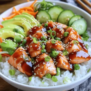 - 1 lb fresh salmon fillet, skinless and boneless - 1/2 cup teriyaki sauce (store-bought or homemade) - 2 cups sushi rice - 2 1/2 cups water - 1/4 cup rice vinegar - 2 tablespoons sugar - 1 teaspoon salt - 1 ripe avocado, sliced - 1 cucumber, julienned - 1 medium carrot, shredded - 2 green onions, finely chopped - Sesame seeds, for garnish - Nori sheets, cut into strips, for optional garnish I love using fresh salmon fillet for this dish. It gives a rich flavor. The teriyaki sauce adds a sweet and savory touch. You can buy it or make your own. Sushi rice is a must. It’s sticky and holds together well. Don't forget the water and rice vinegar to season the rice. For extra texture and taste, I add sugar and salt. They bring out the flavors in the rice. The ripe avocado gives creaminess. I like using cucumber for crunch and carrot for color. Finally, the garnishes are key. Chopped green onions add a fresh bite. Sesame seeds provide a nice crunch. If you want, include nori strips as a fun topping. This full recipe makes a delicious teriyaki salmon sushi bowl that everyone will enjoy. To start, marinate your salmon in teriyaki sauce. This step adds flavor and richness. Place the salmon fillet in a bowl or bag, then pour the teriyaki sauce over it. Make sure the salmon is well-coated. Next, cover the bowl or seal the bag. Refrigerate for at least 30 minutes. This waiting time allows the sauce to soak in. Now, let’s prepare the sushi rice. First, rinse the rice under cold water. Use a fine mesh strainer to wash away the excess starch. Keep rinsing until the water runs clear. This step is key for getting fluffy rice. After rinsing, add the rice to a medium saucepan. Pour in 2 1/2 cups of water. Bring it to a boil over high heat. Once boiling, reduce the heat to low. Cover the pot and let it simmer for 15 minutes. After this time, remove it from heat and let it sit for 10 more minutes. While the rice is resting, we will season it. In a small bowl, mix rice vinegar, sugar, and salt. Stir until everything dissolves completely. Once the rice has rested, gently fold this mixture into the cooked rice. Use a wooden spoon or spatula, and be careful not to smash the grains. This keeps the rice light and fluffy. Next, it’s time to cook the salmon. Preheat your grill or skillet to medium heat. Carefully take the salmon out of the marinade. Let any extra sauce drip off. Place the salmon in the hot skillet or on the grill. Cook for about 4-5 minutes on each side. You want it to flake easily with a fork. Once done, transfer the salmon to a cutting board. Cut it into bite-sized pieces for serving. Now we can assemble the bowl. Start with a layer of seasoned sushi rice at the bottom. This will be your base. Then, artfully arrange the teriyaki salmon pieces on top. Add sliced avocado, julienned cucumber, and shredded carrot around the salmon. This makes the bowl colorful and inviting. Finally, it’s time to garnish. Sprinkle chopped green onions and sesame seeds over the top. For added texture, include nori strips as a decorative touch. This gives your teriyaki salmon sushi bowl a nice finish. Enjoy your meal, and feel proud of your creation! To check if your salmon is done, use a fork. Gently flake the fish at the thickest part. If it flakes easily, it's ready. The salmon should be opaque and warm throughout. If you prefer not to grill, you can bake or pan-sear the salmon. Baking is simple; just place it on a lined baking sheet at 400°F for about 12-15 minutes. This method keeps the fish moist and tender. To make your sushi rice even tastier, think about adding a pinch of dashi or mirin. You can also mix in some toasted sesame oil for a nutty hint. For the best rice texture, rinse it well until the water runs clear. This removes excess starch. After cooking, let the rice rest covered for 10 minutes. This step helps the grains become fluffy and sticky, perfect for sushi bowls. When it comes to plating, get creative! Use a large bowl and layer the rice first. Then, place the salmon in the center. Arrange the avocado, cucumber, and carrots around the salmon. This makes the bowl look colorful and inviting. Consider using a drizzle of extra teriyaki sauce on top for added flair. Finally, sprinkle sesame seeds and green onions for a nice finish. A well-arranged bowl is not just tasty; it's a feast for the eyes! For the full recipe, check out the Teriyaki Salmon Sushi Bowl . {{image_4}} If you want to switch up the protein, try using chicken or shrimp instead of salmon. Both options cook quickly and soak up flavors well. For a vegetarian choice, consider marinating tofu in the same teriyaki sauce. It adds a delightful taste and texture to your sushi bowl. You can customize your sushi bowl with various vegetables. Try adding bell peppers, radishes, or edamame for extra crunch. If you want to change the sauce, peanut sauce or spicy mayo can add a fun twist. You can also sprinkle with crushed nuts or seeds for added flavor. Incorporating regional flavors can make your bowl unique. Add kimchi for a Korean flair or pickled ginger for a Japanese touch. You can also use fresh herbs like cilantro or mint to brighten the dish. Mixing in these cultural elements can turn a simple bowl into a flavorful journey. For the full recipe, check the Full Recipe section above. To keep your teriyaki salmon sushi bowl fresh, start by letting it cool. Place the leftovers in an airtight container. This helps avoid moisture loss. Use a container that seals tightly to keep out air. You should store your sushi bowl in the fridge. It will stay good for about 2 to 3 days. When you’re ready to eat, you can reheat the rice and salmon. For rice, use a microwave-safe bowl. Add a splash of water to keep it moist. Cover the bowl with a damp paper towel. Heat it in the microwave for about 1 minute. Check if it is warm enough. For the salmon, heat it in a skillet over low heat. This keeps it tender and juicy. Avoid high heat, as it can dry out the salmon. If you have extra sushi bowls, you can freeze them. Wrap the bowl tightly in plastic wrap. Then, place it in a freezer-safe container. It can last up to 3 months in the freezer. When you’re ready to enjoy it, thaw the bowl overnight in the fridge. Reheat it as mentioned above to maintain its taste and texture. You can store a teriyaki salmon sushi bowl in the fridge for up to three days. Keep it in an airtight container. After three days, the salmon and veggies may lose their freshness. For best taste, enjoy it as soon as possible. Yes, you can use other fish in this recipe. Great options include tuna, mackerel, or even shrimp. Each fish adds its own flavor and texture, making the bowl unique. Try using what you like best for a fun twist. This recipe can be gluten-free with a few changes. Use gluten-free teriyaki sauce made from tamari or coconut aminos. Always check labels on all ingredients for hidden gluten. This way, you can enjoy the dish without worry. Making homemade teriyaki sauce is simple! Combine the following ingredients in a small pan: - 1/2 cup soy sauce (or tamari for gluten-free) - 1/4 cup honey or maple syrup - 1 tablespoon rice vinegar - 1 teaspoon minced garlic - 1 teaspoon minced ginger Heat over medium until it simmers. Stir until mixed well. Let it cool before using. This sauce adds a fresh taste to your salmon. If you want to swap sushi rice, try using quinoa or brown rice. Both have a different texture but can be tasty. For a low-carb option, you can use cauliflower rice. Each substitute brings its own unique flavor to the bowl. Enjoy experimenting! This blog post covers everything you need for a delicious teriyaki salmon sushi bowl. You learned about key ingredients, marinating the salmon, and preparing sushi rice. I shared tips for cooking salmon perfectly and ideas for creative presentation. You can customize this dish with different proteins or veggies to suit your taste. Store and reheat leftovers wisely to keep their flavors intact. Enjoy experimenting with the recipe, and make it your own!