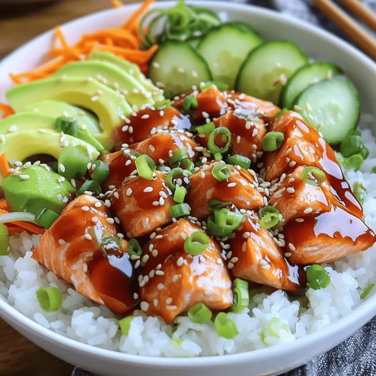 - 1 lb fresh salmon fillet, skinless and boneless - 1/2 cup teriyaki sauce (store-bought or homemade) - 2 cups sushi rice - 2 1/2 cups water - 1/4 cup rice vinegar - 2 tablespoons sugar - 1 teaspoon salt - 1 ripe avocado, sliced - 1 cucumber, julienned - 1 medium carrot, shredded - 2 green onions, finely chopped - Sesame seeds, for garnish - Nori sheets, cut into strips, for optional garnish I love using fresh salmon fillet for this dish. It gives a rich flavor. The teriyaki sauce adds a sweet and savory touch. You can buy it or make your own. Sushi rice is a must. It’s sticky and holds together well. Don't forget the water and rice vinegar to season the rice. For extra texture and taste, I add sugar and salt. They bring out the flavors in the rice. The ripe avocado gives creaminess. I like using cucumber for crunch and carrot for color. Finally, the garnishes are key. Chopped green onions add a fresh bite. Sesame seeds provide a nice crunch. If you want, include nori strips as a fun topping. This full recipe makes a delicious teriyaki salmon sushi bowl that everyone will enjoy. To start, marinate your salmon in teriyaki sauce. This step adds flavor and richness. Place the salmon fillet in a bowl or bag, then pour the teriyaki sauce over it. Make sure the salmon is well-coated. Next, cover the bowl or seal the bag. Refrigerate for at least 30 minutes. This waiting time allows the sauce to soak in. Now, let’s prepare the sushi rice. First, rinse the rice under cold water. Use a fine mesh strainer to wash away the excess starch. Keep rinsing until the water runs clear. This step is key for getting fluffy rice. After rinsing, add the rice to a medium saucepan. Pour in 2 1/2 cups of water. Bring it to a boil over high heat. Once boiling, reduce the heat to low. Cover the pot and let it simmer for 15 minutes. After this time, remove it from heat and let it sit for 10 more minutes. While the rice is resting, we will season it. In a small bowl, mix rice vinegar, sugar, and salt. Stir until everything dissolves completely. Once the rice has rested, gently fold this mixture into the cooked rice. Use a wooden spoon or spatula, and be careful not to smash the grains. This keeps the rice light and fluffy. Next, it’s time to cook the salmon. Preheat your grill or skillet to medium heat. Carefully take the salmon out of the marinade. Let any extra sauce drip off. Place the salmon in the hot skillet or on the grill. Cook for about 4-5 minutes on each side. You want it to flake easily with a fork. Once done, transfer the salmon to a cutting board. Cut it into bite-sized pieces for serving. Now we can assemble the bowl. Start with a layer of seasoned sushi rice at the bottom. This will be your base. Then, artfully arrange the teriyaki salmon pieces on top. Add sliced avocado, julienned cucumber, and shredded carrot around the salmon. This makes the bowl colorful and inviting. Finally, it’s time to garnish. Sprinkle chopped green onions and sesame seeds over the top. For added texture, include nori strips as a decorative touch. This gives your teriyaki salmon sushi bowl a nice finish. Enjoy your meal, and feel proud of your creation! To check if your salmon is done, use a fork. Gently flake the fish at the thickest part. If it flakes easily, it's ready. The salmon should be opaque and warm throughout. If you prefer not to grill, you can bake or pan-sear the salmon. Baking is simple; just place it on a lined baking sheet at 400°F for about 12-15 minutes. This method keeps the fish moist and tender. To make your sushi rice even tastier, think about adding a pinch of dashi or mirin. You can also mix in some toasted sesame oil for a nutty hint. For the best rice texture, rinse it well until the water runs clear. This removes excess starch. After cooking, let the rice rest covered for 10 minutes. This step helps the grains become fluffy and sticky, perfect for sushi bowls. When it comes to plating, get creative! Use a large bowl and layer the rice first. Then, place the salmon in the center. Arrange the avocado, cucumber, and carrots around the salmon. This makes the bowl look colorful and inviting. Consider using a drizzle of extra teriyaki sauce on top for added flair. Finally, sprinkle sesame seeds and green onions for a nice finish. A well-arranged bowl is not just tasty; it's a feast for the eyes! For the full recipe, check out the Teriyaki Salmon Sushi Bowl . {{image_4}} If you want to switch up the protein, try using chicken or shrimp instead of salmon. Both options cook quickly and soak up flavors well. For a vegetarian choice, consider marinating tofu in the same teriyaki sauce. It adds a delightful taste and texture to your sushi bowl. You can customize your sushi bowl with various vegetables. Try adding bell peppers, radishes, or edamame for extra crunch. If you want to change the sauce, peanut sauce or spicy mayo can add a fun twist. You can also sprinkle with crushed nuts or seeds for added flavor. Incorporating regional flavors can make your bowl unique. Add kimchi for a Korean flair or pickled ginger for a Japanese touch. You can also use fresh herbs like cilantro or mint to brighten the dish. Mixing in these cultural elements can turn a simple bowl into a flavorful journey. For the full recipe, check the Full Recipe section above. To keep your teriyaki salmon sushi bowl fresh, start by letting it cool. Place the leftovers in an airtight container. This helps avoid moisture loss. Use a container that seals tightly to keep out air. You should store your sushi bowl in the fridge. It will stay good for about 2 to 3 days. When you’re ready to eat, you can reheat the rice and salmon. For rice, use a microwave-safe bowl. Add a splash of water to keep it moist. Cover the bowl with a damp paper towel. Heat it in the microwave for about 1 minute. Check if it is warm enough. For the salmon, heat it in a skillet over low heat. This keeps it tender and juicy. Avoid high heat, as it can dry out the salmon. If you have extra sushi bowls, you can freeze them. Wrap the bowl tightly in plastic wrap. Then, place it in a freezer-safe container. It can last up to 3 months in the freezer. When you’re ready to enjoy it, thaw the bowl overnight in the fridge. Reheat it as mentioned above to maintain its taste and texture. You can store a teriyaki salmon sushi bowl in the fridge for up to three days. Keep it in an airtight container. After three days, the salmon and veggies may lose their freshness. For best taste, enjoy it as soon as possible. Yes, you can use other fish in this recipe. Great options include tuna, mackerel, or even shrimp. Each fish adds its own flavor and texture, making the bowl unique. Try using what you like best for a fun twist. This recipe can be gluten-free with a few changes. Use gluten-free teriyaki sauce made from tamari or coconut aminos. Always check labels on all ingredients for hidden gluten. This way, you can enjoy the dish without worry. Making homemade teriyaki sauce is simple! Combine the following ingredients in a small pan: - 1/2 cup soy sauce (or tamari for gluten-free) - 1/4 cup honey or maple syrup - 1 tablespoon rice vinegar - 1 teaspoon minced garlic - 1 teaspoon minced ginger Heat over medium until it simmers. Stir until mixed well. Let it cool before using. This sauce adds a fresh taste to your salmon. If you want to swap sushi rice, try using quinoa or brown rice. Both have a different texture but can be tasty. For a low-carb option, you can use cauliflower rice. Each substitute brings its own unique flavor to the bowl. Enjoy experimenting! This blog post covers everything you need for a delicious teriyaki salmon sushi bowl. You learned about key ingredients, marinating the salmon, and preparing sushi rice. I shared tips for cooking salmon perfectly and ideas for creative presentation. You can customize this dish with different proteins or veggies to suit your taste. Store and reheat leftovers wisely to keep their flavors intact. Enjoy experimenting with the recipe, and make it your own!