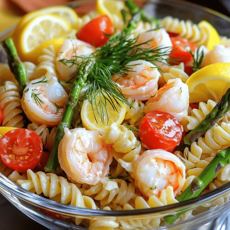 To make a delicious seafood pasta salad, gather these ingredients: - 8 oz fusilli pasta - 1 cup cooked shrimp, peeled and deveined - 1 cup cooked scallops, sliced - 1 cup cherry tomatoes, halved - 1/2 cup asparagus, blanched and cut into 1-inch pieces - 1/4 cup red onion, finely chopped - 1/2 cup cucumber, diced - 1/4 cup black olives, sliced - 1/3 cup mayonnaise - 2 tablespoons freshly squeezed lemon juice - 1 tablespoon extra virgin olive oil - 1 teaspoon garlic powder - 1 teaspoon dried dill - Salt and freshly ground pepper to taste - Fresh dill sprigs for garnish You can tweak your seafood pasta salad with these optional ingredients: - Avocado for creaminess - Bell peppers for crunch - Spinach for extra greens - Feta cheese for tangy flavor For the best flavor, choose these seafood options: - Shrimp: Sweet and tender. - Scallops: Mild and buttery. - Crab: Sweet and flaky. - Lobster: Rich and luxurious. These seafood choices elevate your salad and provide a burst of flavors. If you want the full recipe, check out the Seaside Delight Pasta Salad. To start, grab a large pot and fill it with water. Add a generous pinch of salt, then bring it to a boil. Once the water is bubbling, add the fusilli pasta. Cook it according to the package instructions until it’s al dente, which usually takes about 8 to 10 minutes. After cooking, drain the pasta and rinse it under cold water. This step stops the cooking and cools the pasta quickly. Let it sit and cool completely before you use it. In a large mixing bowl, combine the cooled fusilli with the seafood and veggies. Start by adding the cooked shrimp and scallops, which add a lovely texture. Next, toss in the halved cherry tomatoes, blanched asparagus, chopped red onion, diced cucumber, and sliced black olives. Use a spatula or wooden spoon to gently mix everything together. Be careful not to break the seafood; you want it to stay whole for the best presentation. Now, let’s whip up the dressing. In a small bowl, add the mayonnaise, fresh lemon juice, extra virgin olive oil, garlic powder, dried dill, salt, and pepper. Whisk everything together until it’s smooth and well combined. The dressing should taste bright and flavorful. If it seems too thick, you can add a splash of water or more lemon juice to thin it out. This creamy dressing will tie all the flavors together beautifully. For the complete recipe, visit the Full Recipe link. To cook seafood well, start with fresh ingredients. Fresh shrimp and scallops make a huge difference. When cooking shrimp, look for that bright pink color. It shows they are ready. Don’t overcook them. They become tough. For scallops, sear them for just a few minutes on each side. This gives them a nice golden crust. Always check for doneness. The inside should be opaque. For perfect pasta, always use a large pot of salted water. This adds flavor to the pasta. Cook the fusilli until it is al dente. This means it should be firm but tender. After draining, rinse the pasta under cold water. This stops the cooking and keeps it from becoming mushy. Let it cool completely before mixing it with the seafood. Taste your salad as you go. Start with the dressing; it should be balanced. If it’s too tangy, add a pinch of sugar. If it needs more zing, add more lemon juice. You can also play with herbs. Fresh dill gives a nice touch. Always add salt and pepper to bring out the flavors. Remember, the salad gets better after chilling. Let it rest in the fridge for at least 30 minutes. This helps the flavors blend nicely. For the full recipe, check out the Seaside Delight Pasta Salad. {{image_4}} You can switch up the pasta for more fun. Try penne, rotini, or even orzo. Each shape holds the dressing and flavors well. You might also use whole wheat or gluten-free pasta for different diets. Each option adds a unique twist to the dish. If you want to change the seafood, use crab, lobster, or even canned tuna. Each option gives a new taste to the salad. For a vegetarian version, consider adding artichoke hearts or grilled veggies. These can bring great flavor without the seafood. You can play with the dressing to change up the taste. Instead of mayonnaise, try Greek yogurt for a lighter option. A splash of vinegar adds a tangy kick. You might also add capers, fresh herbs, or even a hint of mustard for depth. These add-ins make your seafood pasta salad even more exciting. For the full recipe, check out Seaside Delight Pasta Salad. To keep your seafood pasta salad fresh, store it in the fridge. Place it in an airtight container. This keeps moisture in and prevents odors from other foods. If you have extra dressing, keep it separate to avoid soggy pasta. Use glass or plastic containers with tight-fitting lids. Glass containers are great because they do not stain. They also do not hold odors. If you plan to eat the salad within a few days, a plastic container works well too. Just ensure it seals tightly. Seafood pasta salad stays fresh for about three days in the fridge. After that, the seafood may lose its taste and texture. When ready to eat, you can serve it cold. There is no need to reheat this dish, as it tastes best chilled. If you prefer warmth, gently heat it in a pan on low heat. Stir often to avoid overcooking the seafood. For more details, check out the Full Recipe. Yes, you can use frozen seafood in this dish. Just make sure to thaw it fully before cooking. This helps maintain the seafood’s texture and flavor. Frozen shrimp and scallops work well. You can simply run them under cold water until thawed. After that, follow the recipe as usual. Seafood Pasta Salad can sit out for up to two hours. After this time, it’s best to refrigerate it. Bacteria can grow quickly in seafood at room temperature. If it’s a hot day, keep it chilled to ensure safety. Always prioritize food safety for a worry-free meal. Several side dishes pair nicely with Seafood Pasta Salad. Here are a few ideas: - Garlic bread for a crunchy contrast - A fresh green salad for added crunch - Grilled vegetables for a smoky flavor - Fruit skewers for a sweet touch - Coleslaw for a creamy, tangy side These options will round out your meal nicely and keep things fresh and flavorful. Enjoy! This blog post covered key steps to make a tasty seafood pasta salad. We explored ingredients, cooking methods, and tips for delicious results. You learned how to choose the best seafood and make tasty variations. Remember to store leftovers properly to keep them fresh. Enjoy experimenting with flavors and sharing your dish. Cooking can be fun! You can impress your friends and family with this easy recipe. Happy cooking!