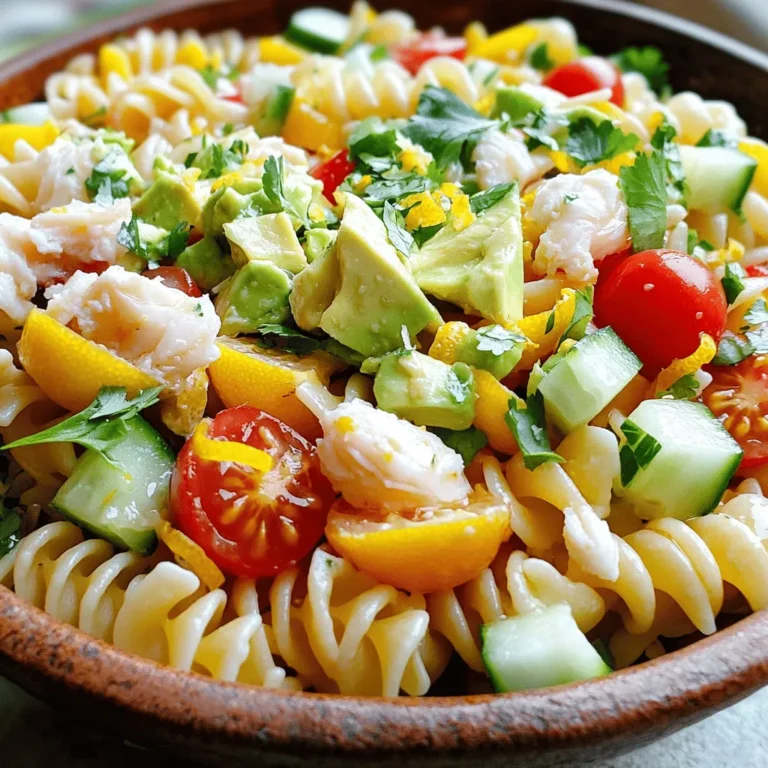 - 8 oz rotini pasta - 1 cup cooked crab meat - 1 ripe avocado, diced - 1 cup cherry tomatoes, halved - 1/2 cucumber, diced - 1/4 red onion, finely chopped - 1/4 cup fresh cilantro, roughly chopped - 3 tablespoons fresh lemon juice - 2 tablespoons extra virgin olive oil - Sea salt and pepper - Optional: 1/4 teaspoon cayenne pepper Gathering the right ingredients makes this pasta salad shine. I love using rotini pasta because its curves hold onto the dressing well. For crab meat, I prefer lump or claw for the best texture. Make sure your avocado is ripe. It should be soft but not mushy. Cherry tomatoes add a fresh burst, while cucumber gives a nice crunch. The red onion brings a hint of bite and color. Cilantro adds a bright flavor, but you can skip it if you’re not a fan. Fresh lemon juice brightens the dish, and olive oil brings it all together. Don't forget sea salt and pepper for seasoning. If you like some heat, cayenne pepper gives a gentle kick. With these ingredients, you can create a simple, yet delightful salad. Check the Full Recipe to get all the details on how to combine them perfectly! To start, you need salted water. Bring it to a boil in a large pot. Add the rotini pasta and cook it until al dente, about 8-10 minutes. Drain the pasta and rinse it under cold water. This stops the cooking process and cools the pasta down. Next, grab a medium-sized mixing bowl. Whisk together fresh lemon juice, olive oil, sea salt, and black pepper. If you like some heat, add a pinch of cayenne pepper. Mix well and taste. Adjust the seasoning to your liking. In a large mixing bowl, combine the cooled pasta with crab meat, diced avocado, halved cherry tomatoes, diced cucumber, finely chopped red onion, and roughly chopped cilantro. Make sure everything is evenly mixed. Each bite should have a bit of everything. Now, slowly pour the dressing over the salad mixture. Use a spatula or a large spoon to toss everything together carefully. Be gentle to avoid mashing the avocado pieces. Cover the bowl with plastic wrap or transfer the salad to an airtight container. Refrigerate for at least 30 minutes. This chilling time helps all the flavors blend together. When it's time to serve, give the salad a gentle toss to mix any settled ingredients. Serve it chilled in individual bowls or on a large dish. Enjoy the colorful and tasty salad! For the full recipe, check out the details above. Choosing crab meat can make a big difference in the flavor. You can pick between lump and claw crab meat. Lump meat is big and sweet. It is great for salads. Claw meat is darker and has a stronger taste. It can be a bit cheaper, too. You can also buy pre-cooked or raw crab meat. Pre-cooked crab is easy and saves time. It’s ready to use right away. Raw crab needs to be cooked first, but it can taste fresher. If you choose raw, follow safe cooking steps. The dressing brings everything together. You can adjust the flavor with lemon juice or spices. If you want more zing, add more lemon. For a bit of heat, try cayenne pepper. Don’t forget about herbs! Fresh herbs like cilantro or parsley can add a lot. Try different seasonings, too. This is a chance to make the dish your own. Cooling your pasta is key. After cooking, drain it and rinse it with cold water. This stops the cooking. It also helps the pasta stay firm. When mixing the salad, be gentle. Toss lightly to keep the avocado pieces whole. Over-mixing can turn the avocado into mush. You want nice bites of avocado in every scoop. For the full recipe, check out the Crab & Avocado Delight Pasta Salad. {{image_4}} You can switch up the pasta to suit your needs. For gluten-free options, try brown rice or chickpea pasta. These choices taste great and keep the dish light. If you're not a fan of crab, you can use shrimp or cooked chicken instead. These swaps work well and add their unique flavors. Boost the nutrition of your pasta salad by adding seasonal vegetables. Think about using fresh zucchini or asparagus in spring, or roasted butternut squash in fall. For added crunch, toss in diced bell peppers or radishes. They bring a nice texture and a pop of color to the dish. To elevate the taste, mix in different dressings. A creamy ranch or tangy vinaigrette can change the flavor profile. Don't be afraid to experiment with herbs too. Fresh dill or basil can add a new twist to your crab salad. These changes make the dish more fun and exciting. Pasta salad with crab stays fresh in the fridge for up to three days. Store it in an airtight container to keep it safe from odors and moisture. Before serving, check for freshness. If it looks or smells off, it’s best to toss it. Freezing pasta salad is not ideal, especially with avocado. The texture of the avocado changes when frozen. However, you can freeze just the pasta and crab mixture. Keep it in a freezer-safe bag for up to one month. When ready, thaw it in the fridge overnight. If you store the salad in the fridge, serve it cold. If you freeze it, thaw it first. Avoid reheating it in the microwave, as this can make the crab tough and ruin the avocado. Always enjoy it chilled for the best taste and texture. For more delicious ideas, check the Full Recipe! Yes, you can use canned crab meat. Here are some pros and cons: - Pros: It's easy to find and saves time. Canned crab is pre-cooked, so you skip cooking. - Cons: It may lack the fresh taste of lump crab meat. The texture can be less appealing. If you choose canned crab, look for high-quality brands. This helps ensure better flavor and texture. To keep your avocado fresh, try these tips: - Use lemon juice: The acid helps slow browning. - Cover tightly: Use plastic wrap to minimize air contact. - Add just before serving: Mix in the avocado last to keep it vibrant. These steps help maintain the bright color and flavor of the avocado in your salad. Pasta salad pairs well with various side dishes. Here are some tasty options: - Grilled chicken or shrimp for protein. - Garlic bread for a crunchy side. - A light green salad for extra veggies. These choices enhance your meal and create a balanced plate. Enjoy your delicious crab pasta salad with these sides! In this blog post, we covered how to make a tasty crab pasta salad. We listed all the essential ingredients and provided step-by-step instructions for cooking and mixing everything. I shared tips for picking the best crab meat and adjusting flavors. We also explored variations and storage options for your salad. This dish is easy to modify and a great choice for any meal. Enjoy making it fresh and flavorful!