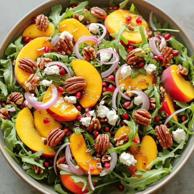 To make Millionaire Peach Salad, you will need fresh and tasty ingredients. Here’s the list: - Fresh peaches - Salad greens - Feta cheese - Candied pecans - Red onion - Pomegranate seeds - Olive oil, balsamic vinegar, and honey - Seasoning: salt and pepper Fresh peaches are key. Choose ripe, juicy ones for the best flavor. The salad greens give a nice crunch. I love using arugula and mixed greens for variety. Feta cheese adds creaminess, while candied pecans provide a sweet, crunchy touch. Red onion adds a sharp taste. Pomegranate seeds bring a burst of sweetness and color. For the dressing, mix olive oil, balsamic vinegar, and honey for balance. Finally, season with salt and pepper to enhance every bite. Check out the Full Recipe for exact measurements and tips! - Start by washing the peaches well under cold water. - Pat them dry with a clean towel. - Slice the peaches into wedges. Set them aside. - Next, grab a large mixing bowl. - Add fresh arugula or baby spinach leaves. - Toss in assorted mixed greens like romaine or kale. - Gently mix the greens with the peach slices. - Make sure the peaches are spread evenly among the greens. - Sprinkle crumbled feta cheese on top of the salad. - Add the crunchy candied pecans for texture. - Include thin slices of red onion for a sharp taste. - Finally, scatter pomegranate seeds over the salad for color. - In a small bowl, whisk together extra virgin olive oil, balsamic vinegar, honey, salt, and pepper. - Mix until the ingredients are well combined. - Just before serving, drizzle the dressing over the salad. - Toss gently to coat all the ingredients. - Taste and adjust seasoning if needed. Enjoy this fresh and vibrant Millionaire Peach Salad! For the complete recipe, refer to the Full Recipe. To choose perfect peaches, look for a few key signs. Ripe peaches feel slightly soft when you press them gently. Their skin should be smooth and free of blemishes. Check for a sweet scent, which means they are ready to eat. A nice golden color is also a good sign. Avoid peaches with green spots, as they may not ripen well. Millionaire Peach Salad works well with many dishes. You can serve it alongside grilled chicken or fish for a complete meal. It also pairs nicely with a light pasta dish. For a fun twist, try serving it with tacos or a charcuterie board. The flavors mix well and make each bite exciting. You can adjust the salad's sweetness and acidity easily. If you want it sweeter, add more honey to the dressing. For a tangier taste, increase the balsamic vinegar. Taste the dressing before adding it to the salad. This way, you ensure it has the perfect balance for your palate. Enjoy experimenting with different flavors to make it your own. {{image_4}} You can easily change parts of this salad. Try using different greens like kale, romaine, or mixed baby greens. They all add unique flavors and textures. If you want a nutty crunch, swap candied pecans for walnuts or almonds. You can also use goat cheese or blue cheese instead of feta. These changes can make the salad special and fit your taste. Seasonal fruits can change the flavor of this salad. In spring, add fresh strawberries or blueberries. In summer, try ripe plums or cherries. In fall, diced apples or pears work nicely. Each fruit brings its own sweetness and charm to the dish. You can enjoy a new taste experience with each season! If you want a gluten-free version, this salad is already great! Just ensure all your ingredients, especially the nuts and dressings, are certified gluten-free. For a vegan option, skip the feta cheese and use avocado for creaminess. You can also use a plant-based dressing instead of honey. These simple swaps make the salad fit for everyone. For the full recipe, check the Millionaire Peach Salad recipe above. To keep your Millionaire Peach Salad fresh, store it in an airtight container. Place the salad in the fridge. This will help maintain the crispness of the greens and the sweetness of the peaches. If possible, keep the dressing separate to prevent sogginess. The salad will stay fresh for up to two days. If you want to prep this salad in advance, wash and slice the peaches ahead of time. Store them in a sealed bag with a bit of lemon juice to stop browning. You can also prepare the greens and toppings separately. This way, you can easily mix and dress the salad on busy days. Millionaire Peach Salad tastes best when served cold. If you have leftovers, enjoy them straight from the fridge. This salad does not need reheating, as it loses its fresh crunch when warmed. For the best flavor, serve it cold and enjoy the mix of sweet and savory notes. You can use several creamy options. Here are a few ideas: - Goat cheese: It has a similar tangy flavor. - Cream cheese: It adds a rich, smooth texture. - Ricotta: This cheese is soft and light. - Cotija: It offers a salty and crumbly bite. These options help keep your salad tasty and creamy. Yes, you can prepare parts of the salad in advance. I recommend these tips: - Wash and slice peaches but keep them in lemon juice. - Make the dressing a day early. Store it in the fridge. - Mix the greens but wait to add toppings until serving. This way, your salad stays fresh and crunchy. You can store the salad for about 1 to 2 days. Use these guidelines: - Keep the dressing separate until you serve. - Store the salad in an airtight container. - Check for freshness before eating. Discard if it looks wilted. Following these tips helps maintain the best taste. This blog post explored making a delicious Peach Salad. We covered all the ingredients, preparation steps, and assembling the dish. Remember to pick ripe peaches for the best taste. You can customize the salad with different ingredients for your liking. Store leftovers properly or prep in advance for busy days. Enjoy your healthy, tasty salad! Experiment with flavors and enjoy every bite.