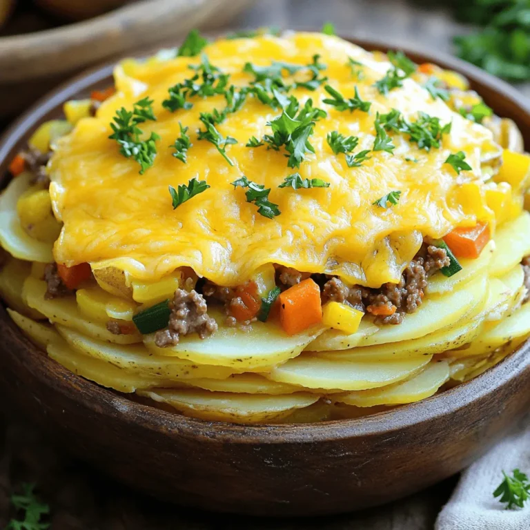 - 1 lb ground beef - 4 medium potatoes, peeled and sliced thinly - 1 cup frozen mixed vegetables (peas, carrots, corn) - 1 medium onion, diced - 2 cups beef broth - 1 cup shredded cheddar cheese - 1 teaspoon garlic powder - 1 teaspoon paprika - Salt and pepper to taste - 1 tablespoon olive oil The ingredients for Easy Ground Beef Hobo Casserole bring together simple yet flavorful elements. The star is the ground beef, which adds heartiness. When you cook it, the beef gives off a rich flavor that pairs well with the layers of potatoes. The potatoes create a soft base, soaking up all those delicious juices. In this dish, I love using frozen mixed vegetables. They add color and nutrition without extra prep. Peas, carrots, and corn blend perfectly in the casserole, making it a great one-dish meal. The diced onion brings a mild sweetness when sautéed, enhancing the overall taste. For seasoning, garlic powder and paprika add depth. You can adjust the salt and pepper to your liking. The cheddar cheese melts beautifully on top, giving the casserole a creamy finish. Using beef broth adds moisture and richness. It seeps into the layers, keeping everything juicy. This recipe is all about balance and comfort. You will find the full recipe linked above, perfect for a cozy dinner with family or friends. - Preheat oven to 375°F (190°C). - In a large skillet, heat 1 tablespoon of olive oil over medium heat. - Add 1 medium diced onion to the skillet and sauté for 3-4 minutes. - Next, add 1 pound of ground beef to the pan. - Use a spatula to break it apart as it cooks for 5-7 minutes. - Season with 1 teaspoon of garlic powder, 1 teaspoon of paprika, salt, and pepper. - If there is extra fat, drain it carefully. - Grease a 9x13 inch baking dish with some olive oil. - Layer half of the sliced potatoes evenly on the bottom. - Spread half of the beef mixture over the potatoes. - Add half of the 1 cup of frozen mixed vegetables on top. - Repeat the layering with the rest of the potatoes, beef, and vegetables. - Pour 2 cups of beef broth evenly across the top. - Cover the dish tightly with aluminum foil. - Bake in the preheated oven for 45 minutes. - After 45 minutes, carefully remove the foil. - Sprinkle 1 cup of shredded cheddar cheese over the casserole. - Return to the oven without the foil for 15 minutes. - Once the cheese is golden and bubbly, let it rest for 5 minutes before serving. To ensure even cooking, layer your ingredients well. Start with potatoes at the bottom. This layer needs to be thick enough to hold everything together. Next, add beef and mixed veggies evenly on top. This way, each bite has all the flavors. Avoid excess fat in your beef by draining it after browning. This makes the dish lighter and helps the flavors shine. Always use a lean ground beef if possible. This helps cut down on grease without losing taste. For a great presentation, serve the casserole in bowls or on plates. You can top each serving with extra cheese for a cheesy finish. I love to sprinkle fresh parsley on top. It adds color and a fresh taste. Pair the casserole with a fresh salad or some crusty bread. A green salad with vinaigrette goes well with the rich flavors of the dish. It adds a nice crunch and balance. To boost flavors, try adding spices like chili powder or Italian herbs. These add a fun twist and depth. You can also experiment with cheese. Swap cheddar for Monterey Jack or pepper jack for a spicy kick. If you want a veggie option, use lentils instead of beef. This makes a hearty, meatless dish. You could also add more veggies, like bell peppers or zucchini, for extra nutrition. For the full recipe, check out the section above. {{image_4}} You can easily change the flavors in your hobo casserole. Try using different veggies like bell peppers, zucchini, or spinach. These add color and taste. Experiment with cheese too! Swap cheddar for mozzarella or pepper jack to spice things up. If you prefer, use turkey instead of beef. Ground turkey is leaner but still tasty. For a veggie option, try lentils or black beans. They add protein and flavor without meat. Making this dish gluten-free is simple. Just use gluten-free broth and check your cheese for gluten. You can also skip the cheese or use a gluten-free cheese. For dairy-free needs, nut cheese or nutritional yeast works well. You can also leave out the cheese entirely if you want. Both options keep the dish comforting and delicious. If you like slow cooking, you can use a slow cooker. Just layer your ingredients as usual. Set it on low for 6-8 hours. This method gives your casserole a rich flavor. For a quicker option, use an Instant Pot. Brown the beef and onion first, then layer everything in the pot. Cook on high pressure for 15 minutes. Let it release naturally for about 10 minutes before opening. This makes the dish easy and fast while still delicious. For the full recipe, check the above sections and enjoy your cooking! To keep your casserole fresh, use airtight containers. Glass or plastic containers work well. Make sure they seal tightly. Label each container with the date you stored it. This way, you know when to eat it. Place the leftovers in the fridge. They will stay good for about three to four days. You can freeze this casserole for later. First, let it cool down to room temperature. Then, cut it into portions. Wrap each piece well in plastic wrap, then foil. Place them in a freezer bag for extra protection. When you want to eat it, take it out and let it thaw overnight in the fridge. To reheat, place the frozen piece in an oven-safe dish. Cover it with foil and heat at 350°F (175°C) for about 30-40 minutes. Remove the foil for the last few minutes to help crisp the top. Enjoy the deliciousness of your Easy Ground Beef Hobo Casserole again! For a detailed guide, refer to the Full Recipe. Can I make this casserole ahead of time? Yes, you can prepare the casserole a day in advance. Assemble it, then cover and store it in the fridge. Bake it the next day when you're ready to enjoy. What can I substitute for beef broth? If you don't have beef broth, use chicken broth or vegetable broth. Both will add good flavor to the dish. How long will leftovers last in the fridge? Leftovers will last about 3 to 4 days in the fridge. Be sure to store them in a sealed container to keep them fresh. Can this recipe be doubled? Absolutely! You can double the ingredients and use a larger baking dish. Just make sure to adjust the cooking time as needed. How to adjust cooking time for smaller portions? If you make a smaller casserole, reduce the cooking time by about 10 to 15 minutes. Check it frequently to avoid overcooking. For the full recipe, visit the recipe section above. This blog post covered a tasty hobo casserole recipe, from ingredients to cooking methods. You learned about fresh vegetables, flavorful seasonings, and easy steps to prepare it. I shared tips on presentation and storage, so you get the best from your meal. Remember, you can modify this recipe to fit your taste. Try different ingredients to keep it exciting. Enjoy making and sharing this dish! Happy cooking!