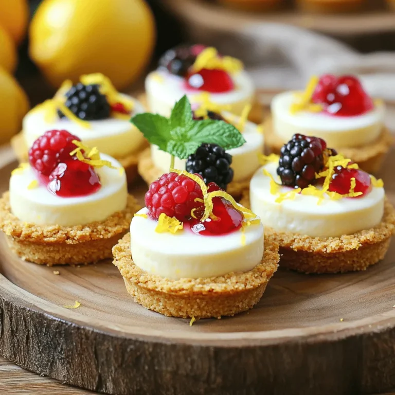 - 1 ½ cups graham cracker crumbs - ½ cup unsalted butter, melted - 2 tablespoons granulated sugar - 8 oz cream cheese, softened - ½ cup powdered sugar - ½ cup heavy whipping cream - Zest and juice of 1 lemon - 1 teaspoon pure vanilla extract - Assorted fresh berries (for topping) - Fresh mint leaves (for garnish) Gathering the right ingredients is key. The graham cracker crumbs form a sweet and crunchy crust. Unsalted butter adds richness, while granulated sugar gives a touch of sweetness. Cream cheese provides that classic cheesecake texture. Powdered sugar balances the filling's flavor. Next, I add heavy whipping cream for lightness. The zest and juice from the lemon bring bright flavor. Pure vanilla extract adds depth. For garnishing, I use fresh berries on top for color and mint leaves for a fresh touch. These ingredients come together to create a treat that is light, creamy, and bursting with flavor. You can find the detailed steps in the Full Recipe. - Combine 1 ½ cups of graham cracker crumbs, ½ cup melted unsalted butter, and 2 tablespoons granulated sugar in a bowl. - Press this mixture firmly into mini tart molds. Ensure it is even and tight. - Chill the crusts in the refrigerator for 10-15 minutes to help them set. - In a large bowl, beat 8 oz of softened cream cheese until it is smooth. - Mix in ½ cup powdered sugar, zest and juice of 1 lemon, and 1 teaspoon vanilla extract. Blend until there are no lumps. - In a separate bowl, whip ½ cup heavy cream with an electric mixer until stiff peaks form. - Gently fold the whipped cream into the cream cheese mixture using a spatula. Be careful not to deflate the whipped cream. - Take the chilled crusts out of the refrigerator. - Fill each crust with the lemon cheesecake filling, smoothing the tops evenly. - Place the filled tarts back in the refrigerator. Chill for at least 2 hours to let the filling set. - Gently remove the tarts from their pans. - Top each tart with fresh berries and a mint leaf for a lovely touch. For the full recipe, please refer to the earlier section. Enjoy making these delightful mini no-bake lemon cheesecake tarts! To make the crust strong, pack the mixture tightly. This helps keep the shape. You can also try different cookies. For example, use chocolate cookies or gingersnaps. Each cookie gives a unique flavor. For a smooth filling, use cream cheese at room temperature. Cold cream cheese can make lumps. You can adjust the lemon juice to find your perfect tartness. If you love tart, add more lemon. For a milder taste, use less juice. To fill the tarts neatly, use a piping bag. This gives a professional look. You can also sprinkle extra lemon zest on the plate. It adds color and makes your dessert pop. For a fun touch, place fresh mint leaves around the tarts. It looks great and adds freshness! You can find the Full Recipe for these delightful tarts to explore more tips. {{image_4}} You can change up the taste of these mini tarts easily. Swap lemon for lime for a zesty twist. The tartness from lime adds a fresh kick. If you want something rich, use chocolate or fruit purees for a unique filling. Chocolate brings sweet indulgence, while fruit purees add a fruity burst. Not everyone can eat the same way. You can make a gluten-free crust with gluten-free crumbs. This way, everyone can enjoy these tarts. For those avoiding dairy, substitute with vegan cream cheese and coconut cream. These options keep the creamy texture while being dairy-free. Garnishing can elevate your dessert. Top your tarts with seasonal fruits like strawberries or raspberries. The colors and flavors will pop! You can also use edible flowers for an elegant presentation. They add a touch of beauty and whimsy to your tarts. For the full recipe, check out the [Full Recipe]. You can store the mini no-bake lemon cheesecake tarts in the refrigerator. They will last for up to three days if covered. To keep them fresh, make sure to cover them well. It’s best to keep the tarts separate from any garnishes until you are ready to serve them. This way, they stay fresh and look great. If you want to save some for later, you can freeze the unfilled crusts. This is a great option if you plan to make them ahead of time. The filled tarts can also be frozen for up to a month. Just remember to thaw them before serving. This will help keep their creamy texture. To prevent the tarts from drying out, use airtight containers. This keeps them fresh and tasty. It’s also smart to label your containers with dates. This way, you can easily track how long they have been stored. Yes, you can prepare these tarts a day in advance and chill them. This makes them great for parties or busy days. Just keep them in the fridge until you are ready to serve. Lightly grease the tart pans before filling them. You can also use silicone molds. Both methods help the tarts pop out without breaking. You can use bottled lemon juice in a pinch. However, fresh lemons give the best flavor. The zest adds a bright taste that makes these tarts stand out. Yes, Greek yogurt or vegan cream cheese works well as substitutes. These options can change the flavor slightly, but they still taste great. This recipe yields 12 mini tarts. Perfect for sharing or enjoying over a few days! Pair your mini tarts with coffee or tea. This makes for a delightful dessert experience that everyone will love. For the full recipe, check out the details above! This blog post covers how to make delicious mini lemon cheesecake tarts. We discussed each ingredient, from the crust to the creamy filling, and shared tips for a perfect dessert. You can customize flavors and garnishes to suit your taste. Remember, storage is key for keeping them fresh. Enjoy making these tarts for any occasion. Your friends and family will love them!