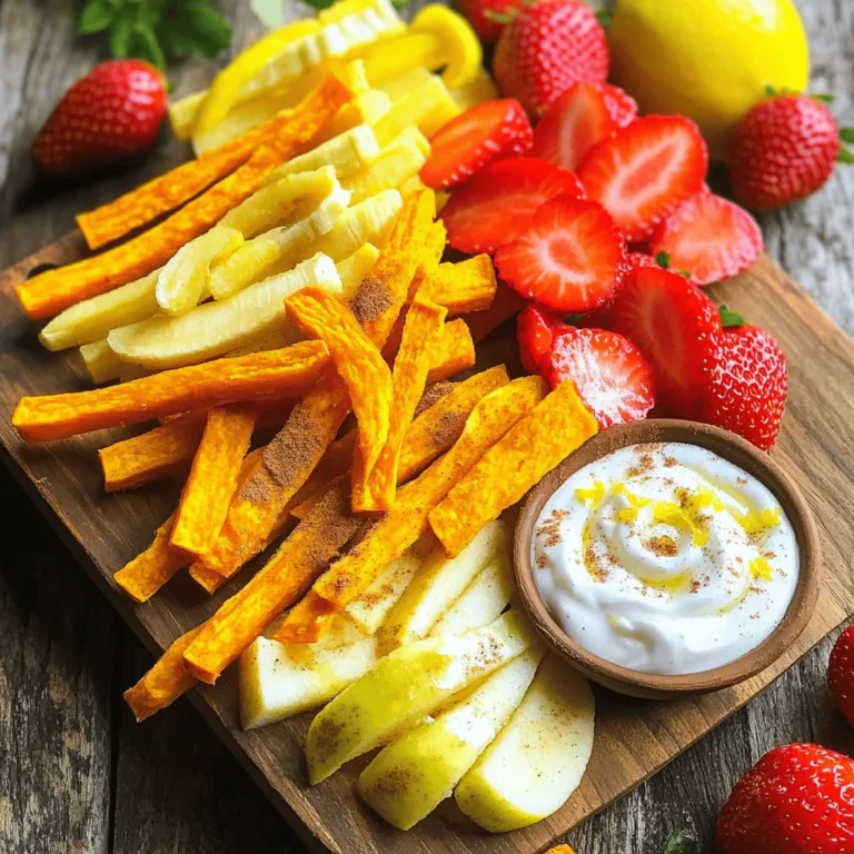 - 1 large ripe banana - 1 medium sweet potato - 1 medium apple (preferably a tart variety) - 1 cup strawberries, hulled and quartered - 1 teaspoon ground cinnamon - 2 tablespoons packed brown sugar - 1 tablespoon cornstarch - Oil for frying (coconut or vegetable oil works well) - 2 tablespoons fresh lemon juice - 1 tablespoon honey - 1 cup plain Greek yogurt - Calories: Approximately 200 - Macronutrients breakdown: - Carbohydrates: 30g - Fats: 6g - Proteins: 5g I love using fresh fruits and veggies for this recipe. The combination of a ripe banana, sweet potato, tart apple, and strawberries makes the perfect mix. Each adds a unique flavor and texture. For the sweet potato fries, the cinnamon and brown sugar give them a sweet touch. The cornstarch helps them stay crispy. I always use coconut or vegetable oil for frying. They work great and add flavor. The lemon dip is simple yet delightful. Mixing Greek yogurt with lemon juice and honey makes it creamy and tangy. You can adjust the sweetness to fit your taste. This recipe is not just tasty but also nutritious. It is a fun way to enjoy fruit and veggies. You get a good balance of carbs, fats, and proteins in each serving. Check out the Full Recipe for more details! First, let’s prep our fruits. Grab the ripe banana and slice it into long strips. Aim for thin slices to mimic fries. Next, take the apple. Slice it too, making sure it matches the banana size. For the sweet potato, start by peeling it. Then, cut it into thin matchsticks. This shape helps it cook evenly. Now, it's time to add some flavor! In a mixing bowl, whisk together the ground cinnamon, brown sugar, and cornstarch. Make sure it is well combined. Next, toss the sweet potato matchsticks in this mixture. Coat them evenly but gently. This step adds a sweet crunch to your fries. Heat the oil in a deep frying pan over medium heat. You want it to reach about 350°F, which is perfect for frying. Carefully add the sweet potato fries to the hot oil. Fry them in small batches to avoid overcrowding. Cook until they turn golden brown and crispy, which takes about 5 to 7 minutes. Use a slotted spoon to remove them and let them drain on paper towels. While the sweet potato fries cook, take another frying pan. Sauté the banana and apple strips over medium heat for 2 to 3 minutes. Cook just until they soften slightly. If you like, sprinkle a bit of cinnamon on them for extra flavor. Set these aside after cooking. Next, let’s whip up the lemon dip. In a small bowl, mix the Greek yogurt with fresh lemon juice and honey. Stir until the mixture is smooth and creamy. Finally, beautifully arrange all your fruit and vegetable fries on a large serving platter. Serve them alongside the refreshing lemon dip. This fun snack will surely delight everyone! For the complete recipe, check the Full Recipe section. To get the best fruit fries, you need the right oil temperature. Heat your oil to about 350°F (175°C). This ensures that your fries cook quickly and get crispy. Avoid soggy fries by not overcrowding the pan. Fry in small batches, giving each piece room to crisp up. Drain the fries on paper towels right after frying. This helps keep them crunchy. You can add fun flavors to your lemon dip. Try mixing in fresh mint for a refreshing twist. A hint of vanilla can also enhance the sweetness. Adjust the sweetness to your liking by adding more honey or lemon juice. This way, you can make it as sweet or tart as you want. Arranging your fruit fries on a platter makes them look fun and inviting. Lay them out in colorful sections. This lets everyone see the variety of fruits. For a vibrant display, garnish with fresh mint leaves or a sprinkle of cinnamon. This adds extra color and flavor to your snack. For the full recipe, check out the details above! {{image_4}} You can change up the fruit fries by using different fruits. For apples, try Granny Smith or Honeycrisp for a crisp bite. These apples add a nice tartness. You can also use pears. They are sweet and juicy, making them a fantastic choice. Peaches work well too. Their soft texture makes for a delightful fry. You can make these fries healthier by baking instead of frying. Just toss the fruit and sweet potato in some oil and place them on a baking sheet. Bake at 400°F (200°C) for about 20 minutes. You can also use an air fryer. This method uses less oil and gives you crispy fries in about 10 to 15 minutes. While lemon dip is tasty, there are many other options. You can mix yogurt with different fruit purees for a fun twist. Strawberry or mango puree adds a fruity zing. Chocolate or caramel sauces are also great choices. They bring a sweet richness that pairs well with the fruit fries. For the full recipe, check the beginning of this article. To keep your fruit fries fresh, refrigerate them right away. Place them in an airtight container. This helps maintain their texture and taste. They will stay good for about 2-3 days. When you're ready to eat them, reheat in the oven. Set the oven to 350°F (175°C). Bake for about 10 minutes. This will help them regain their crispy texture. Store your leftover lemon dip in a clean, airtight container. Glass containers work best for this. The dip will last in the fridge for about 5 days. Make sure it stays covered to prevent it from absorbing other smells. If you want to use it later, consider making a larger batch and storing it. Can you freeze fruit fries? Yes, you can! However, the texture may change when thawed. To freeze them, place the fries in a single layer on a baking sheet. Once frozen, transfer them to a freezer-safe bag. They can last up to 3 months. When you want to eat them, thaw in the fridge overnight. Then, reheat in the oven for best results. To make fruit fries crispy, start with the right oil temperature. Heat your oil to 350°F (175°C). This helps the fries cook evenly. Avoid overcrowding the pan; fry in small batches. If your sweet potato fries are soggy, try coating them lightly with cornstarch before frying. This will help create a nice, crunchy layer. You can use frozen fruits, but it may change the texture. Frozen fruits often become mushy when cooked. Fresh fruits will give you a better bite and taste. If you must use frozen fruits, try to thaw them first and pat them dry. This helps reduce water content and keeps them firmer. You can pair fruit fries with many dips. Consider chocolate sauce for a sweet touch. Caramel sauce also works well. If you want something lighter, try yogurt mixed with fruit purees. You can even serve them with peanut butter or almond butter for a nutty flavor. Preparing fruit fries with lemon dip takes about 30 minutes total. You need about 10 minutes to prep the fruits and sweet potatoes. Cooking the fries takes around 20 minutes. If you are serving more people, add extra time for frying in batches. Yes, this recipe is great for kids! The fruit fries are fun to eat and healthy. You can also let kids help prepare the dish. They can slice fruits and mix the dip. Just supervise them, especially with the frying part. The lemon dip adds a tasty twist that kids enjoy. In this article, we shared a tasty recipe for fruit fries with a lemon dip. We covered the ingredients, including ripe bananas, apples, and sweet potatoes. I provided tips for frying and enhancing your dishes. You learned about different fruits, cooking methods, and storage options. These fruit fries are a fun way to enjoy healthy snacks. You can easily adapt this recipe for your taste. Enjoy creating, sharing, and savoring these treats!
