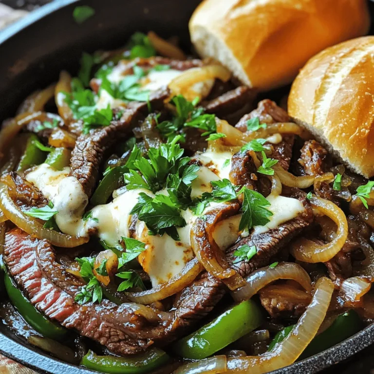 For this dish, I recommend using ribeye steak. It has great flavor and tenderness. To slice it right, place the steak in the freezer for 30 minutes. This makes it firm and easier to cut. Always slice against the grain for the best texture. You’ll want to include onions and green bell peppers. They add sweetness and crunch. You can also add mushrooms or jalapeños for extra flavor and texture. These veggies bring life to the dish. Provolone cheese works best because it melts beautifully. You can also use Cheez Whiz for a classic touch. To get that melty texture, cover the skillet after adding the cheese. This traps the heat and helps it melt evenly. For the complete recipe, check out the [Full Recipe]. Choosing the right pan makes a big difference. I recommend using a heavy-bottom skillet or cast iron. These pans heat evenly and hold heat well. This helps to cook the meat and veggies perfectly. Before starting, heat the pan over medium-high. Wait until the pan is hot and shimmering. This ensures a good sear. Timing is key when sautéing. Start with the onions and bell peppers. Cook them for about 5-7 minutes. Stir occasionally. You want them to soften and the onions to turn clear. This shows they are ready for the next step. Then, add the minced garlic and sauté for one more minute. You’ll know it’s done when you can smell the garlic. For the steak, thin slices work best. Sear the meat in the center of the skillet. Let it cook undisturbed for 2-3 minutes. This gives it a nice brown crust. Keep an eye on your steak. You want it cooked to your liking. For medium-rare, aim for an internal temp of about 130°F. Once done, mix everything together. Don’t forget to add salt, pepper, and Worcestershire sauce for flavor. For the full recipe, check out the details to make this delicious dish! To make your Philly cheesesteak skillet even better, try adding spices. Some great choices include garlic powder, onion powder, and smoked paprika. These spices add depth and warmth to the dish. You can also add a splash of hot sauce for a kick. To elevate the flavor profile, consider using fresh herbs like thyme or oregano. They make the dish smell great and taste fresh. When cooking a one-pan dish like this, keep your pan hot. A well-heated skillet helps sear the steak and cook the veggies evenly. Avoid crowding the pan; too much food can trap steam and make things soggy. Use a large skillet to give your ingredients space. Common mistakes include not letting the steak sear enough or overcooking the vegetables. Both can change the taste and texture of your meal. There are many fun ways to serve this dish. You can spoon the cheesesteak mix into toasted hoagie rolls for a classic feel. For a different twist, try serving it over rice or pasta. This adds comfort and heartiness. Pair your meal with crispy fries or a fresh salad for crunch. When it comes to drinks, a cold soda or a light beer works well. This combination makes for a perfect comfort meal. For the full recipe, check out the instructions above. {{image_4}} You can make your Philly cheesesteak skillet lighter by choosing leaner meats. Turkey or chicken breast work well. These options cut down on fat while still keeping great flavor. If you want to boost your veggie intake, add mushrooms or zucchini. They provide nice texture and taste without many calories. You can also use whole grain hoagie rolls for more fiber. If you love heat, add jalapeños or a splash of hot sauce. These add a kick that can really enhance the dish. You can also experiment with different peppers. Try serrano or poblano for unique flavors. Each pepper brings its own twist to the classic recipe. Not a meat eater? No problem! You can use plant-based substitutes like seitan or mushrooms. These options mimic the texture and flavor of steak. For cheese, try vegan cheese or nutritional yeast. Both melt well and add that creamy touch. You can still enjoy a comforting meal while sticking to your diet. To keep your Philly Cheesesteak Skillet fresh, store leftovers in an airtight container. Make sure to cool the dish first before sealing. This helps prevent moisture buildup. For best results, eat leftovers within three days. If you want to extend shelf life, consider wrapping the skillet in plastic wrap then foil. When reheating, use the stovetop for best texture. Heat on low and stir often to avoid burning. You can also add a splash of water to keep it moist. Avoid microwaving, as it may make the dish soggy. If you must use a microwave, cover it with a damp paper towel. To freeze leftovers, let them cool completely. Place them in a freezer-safe container. Seal tightly and label with the date. For best flavor, use within two months. To thaw, move the container to the fridge overnight. Reheat on the stovetop, stirring gently for even warmth. This helps keep the meat and cheese nice and creamy. You can add heat in a few simple ways. - Jalapeños: Slice fresh jalapeños and add them with the onions and peppers. - Hot sauce: Drizzle your favorite hot sauce into the skillet while cooking. - Red pepper flakes: Sprinkle in red pepper flakes for a quick kick. Each option gives a different flavor and heat level. You can mix and match to find what you like best! Yes, you can use chicken or turkey. - Flavor: Chicken has a milder taste than ribeye. It works well with the same seasonings. - Texture: Turkey is leaner and may be drier. Ribeye has more fat, giving it a juicy bite. If you choose chicken or turkey, slice it thinly for even cooking. There are many great side dishes to pair with this skillet meal. - Fries: Crispy fries are a classic choice. - Rice: Fluffy rice makes a nice base for the cheesesteak mix. - Salad: A fresh salad can balance the rich flavors. Feel free to get creative with your sides! You can even serve the cheesesteak in toasted hoagie rolls for a fun twist. For the full recipe, check out the details above. With the right steak, fresh veggies, and melty cheese, you can create a delicious Philly Cheesesteak Skillet. Key steps include choosing your meat, sautéing vegetables perfectly, and cooking the steak to your liking. Don’t forget to try different flavors, cooking techniques, and even variations like vegetarian options. This dish is versatile for every taste. Finally, follow the best storage and reheating methods to enjoy your meal longer. Happy cooking!