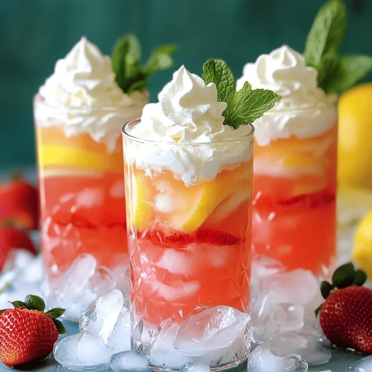 - 1 cup freshly squeezed lemon juice - 1 cup granulated sugar - 4 cups cold water - 1/2 cup fresh strawberries, hulled and sliced - 1/2 cup heavy whipping cream - 1 teaspoon pure vanilla extract - Ice cubes - Fresh mint leaves for garnish (optional) - Blender - Electric mixer - Large pitcher - Fine mesh sieve Gather these ingredients to make your whipped pink lemonade. You want fresh lemon juice for the best taste. Granulated sugar adds sweetness, balancing the tartness of the lemons. The cold water helps dilute the mix, making it refreshing. Strawberries give it that lovely pink color and fruity flavor. You will need a blender to puree the strawberries. An electric mixer is crucial for whipping the cream. Use a large pitcher to combine everything. A fine mesh sieve can help you get a smooth puree by straining out seeds if you prefer. Using these tools will help make the process easy and fun. Each ingredient plays a key role in creating a delicious drink. You can find the full recipe with detailed steps to guide you through the process. Enjoy making this delightful summer treat! - Combine 1 cup of freshly squeezed lemon juice, 1 cup of sugar, and 2 cups of cold water in a large pitcher. - Stir until the sugar is fully dissolved. This gives you a sweet and tangy lemonade base. - In a blender, blend 1/2 cup of hulled and sliced strawberries with the remaining 2 cups of cold water. - If you want a smoother drink, strain the puree through a fine mesh sieve to remove any seeds. - Pour the strawberry puree into the lemonade base. - Stir well to combine and taste. Adjust sweetness by adding more sugar if needed. - In a medium bowl, whip 1/2 cup of heavy cream with 1 teaspoon of vanilla extract. - Beat until soft peaks form. Keep the cream fluffy and light, avoiding overmixing. - Fill each glass with ice cubes. - Pour the whipped pink lemonade over the ice and fill generously. - Top with the whipped cream and add fresh mint leaves for garnish if you like. This recipe is a fun way to enjoy summer flavors. You can find the Full Recipe linked above for more details. To get that perfect whipped texture, start with cold tools. This includes your mixing bowl and beaters. Cold tools help the cream whip up faster and fluffier. When you whip the cream, watch your time. You don't want to overmix it. Overmixing can turn the cream into butter. Just fold the cream gently into your pink lemonade. This keeps it light and airy. Finding the right balance between sweet and tart is key. If your lemonade is too tart, add more sugar. You can also try a little more lemonade base. For a fun twist, add a splash of sparkling water. It gives your drink a nice fizz and makes it extra refreshing. When serving, use clear glasses to show off that pretty pink color. To make it even more appealing, add colorful fruits or fresh herbs. Strawberries or mint leaves make great decorations. They add a pop of color and a hint of flavor. Presenting your whipped pink lemonade well will impress your guests. It makes the drink feel special and festive. {{image_4}} You can make whipped pink lemonade even more fun! - Add fresh mint or basil for a cool twist. - Blend in other fruits like raspberries or blueberries for added flavor. Worried about dairy? No problem! - Swap coconut cream for a dairy-free option. - Use agave syrup instead of sugar for a lower-glycemic choice. Seasonal fruits can bring new life to your drink! - Try peaches in summer for a sweet taste. - Add a hint of holiday spices, like cinnamon, for winter warmth. These variations let you customize your whipped pink lemonade just how you like it. For the full recipe, check out the details above! Whipped pink lemonade tastes best when fresh. However, you can store leftovers in the fridge. Use an airtight container to keep it fresh. It will stay good for up to 2 days. After that, it may lose some of its flavor. When you serve leftovers, gently re-whip the cream. This helps it regain its fluffy texture. If the drink seems a bit flat, refresh it. Add ice and a splash of water to liven it up. This way, your whipped pink lemonade stays tasty and fun! You can prepare the components separately. Make the lemonade and strawberry puree first. Then, combine them just before serving. This keeps the drink fresh and tasty. Yes, you can use frozen strawberries. Just thaw them before blending. This helps create a smoother puree. If you want a substitute for granulated sugar, try honey or stevia. You can also use other sugar alternatives. Each will give a different taste. Whipped pink lemonade is best enjoyed within 48 hours. After that, it may lose its fresh flavor. When whipping the cream, aim for soft peaks. The texture should be fluffy and hold its shape well. This makes your drink look and taste amazing! In this blog post, I shared how to make delicious whipped pink lemonade. We covered the ingredients needed, like lemon juice, sugar, and strawberries, plus tools like a blender and mixer. The step-by-step instructions guide you through preparing the base, making the strawberry puree, and whipping the cream. Remember to balance sweetness and presentation for a great drink. Enjoy customizing it with seasonal fruits or herbs. Now you can serve this refreshing drink at any gathering. Your friends and family will love it!