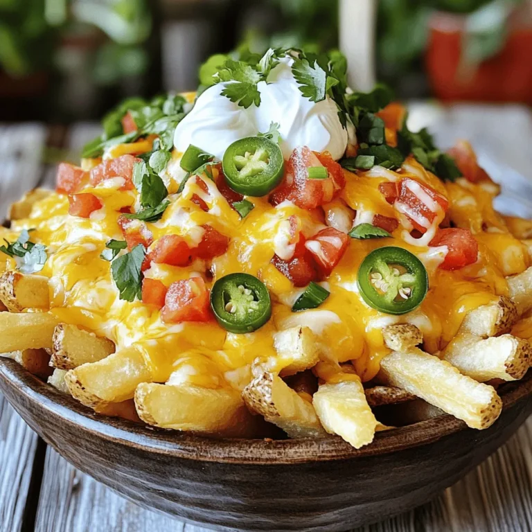 - 4 large russet potatoes - 1 tablespoon olive oil - 1 cup creamy nacho cheese sauce - Garlic powder - Smoked paprika - Chili powder - Sour cream - Diced tomatoes - Sliced jalapeños - Green onions - Fresh cilantro - Calories per serving: Approximately 350-400 - Breakdown of macronutrients: - Carbohydrates: 55g - Protein: 6g - Fat: 15g - Allergen information: May contain dairy and gluten. Taco Bell Nacho Fries are fun and easy to make. You start with simple ingredients like russet potatoes and olive oil. These fries are crispy and packed with flavor. I love using garlic powder, smoked paprika, and chili powder to season them. Each spice adds a special kick. For toppings, creamy nacho cheese is a must. It melts beautifully over hot fries. Add a dollop of sour cream for a cool touch. Fresh diced tomatoes and sliced jalapeños give a nice crunch. Chopped green onions and cilantro add freshness and color. Now let’s talk about nutrition. Each serving has about 350-400 calories. They have a good amount of carbs but not too much fat. Be careful if you have a dairy or gluten allergy since these fries may contain those ingredients. Check out the Full Recipe to see how to bring this dish to life! 1. Preheat your oven to 425°F (220°C). This high heat makes the fries crispy. 2. Prepare a baking sheet by lining it with parchment paper. This helps with cleanup. 3. In a bowl, mix the sliced potatoes with 1 tablespoon of olive oil. 4. Add 1 teaspoon of garlic powder, 1 teaspoon of smoked paprika, and 1 teaspoon of chili powder. 5. Include ½ teaspoon of ground cumin, ½ teaspoon of sea salt, and ½ teaspoon of black pepper. 6. Toss everything well until the fries are coated in the tasty spices. 1. Spread the seasoned fries in a single layer on the baking sheet. 2. Make sure they are not crowded for even cooking. 3. Bake for 25-30 minutes. Flip the fries halfway through for even browning. 1. While the fries bake, warm up 1 cup of creamy nacho cheese sauce in a saucepan. 2. Stir the sauce over low heat until it’s smooth and hot. 3. Remove the fries from the oven once they are golden brown. 4. Drizzle the warm nacho cheese sauce over the fries generously. 5. Add dollops of ½ cup of sour cream and top with diced tomatoes, sliced jalapeños, and chopped green onions. 6. Finish with fresh cilantro leaves for a burst of flavor and color. Enjoy your Taco Bell Nacho Fries, which are just as good at home! For the full recipe, check the section above. To get crispy fries, set your oven to 425°F (220°C). This high temp works magic! Spread the fries on a baking sheet. Make sure they aren’t crowded. Tossing them in olive oil helps coat each fry. This will give them a nice crunch. Flip them halfway through baking for even browning. You can change up the spices to suit your taste. Try adding onion powder or cayenne pepper for a kick. To make your own nacho cheese, melt cheese with a splash of milk. Stir in some jalapeño juice for extra flavor. These nacho fries pair well with many side dishes. Serve them with tacos or a fresh salad. For a taco night, set up a nacho bar. Place toppings in small bowls so everyone can customize their fries. {{image_4}} You can use many types of cheese sauce for nacho fries. Classic nacho cheese works great. You can also try cheddar cheese for a rich taste. If you want something lighter, use a white cheese sauce. For those who prefer plant-based options, vegan cheese alternatives are easy to find. Look for brands like Daiya or Follow Your Heart. They melt well and taste fantastic. While russet potatoes are a great choice, try sweet potato fries for a twist. They add a nice sweetness to the dish. Zucchini fries are another fun option. They are lighter and full of flavor. You can bake your fries for a healthier version or fry them for that crispy crunch. Both ways are delicious, so pick what you like best. Get creative with your toppings! Add bacon bits for a savory crunch. Guacamole can also bring a fresh taste to your nacho fries. For a seasonal touch, use toppings like pumpkin spice in the fall or fresh herbs in the spring. You can even layer on grilled corn or black olives for extra flavor. The options are endless and can make each batch unique. Enjoy your nacho fries with these fun variations! To store nacho fries, cool them first. Place them in a shallow container. Use an airtight lid to keep them fresh. Avoid stacking fries too high; this can make them soggy. You can keep them in the fridge for up to three days. To reheat nacho fries, the oven is best. Preheat it to 400°F (200°C). Spread fries on a baking sheet. Bake for about 10 minutes until hot and crispy. The microwave works in a pinch, but fries may get soft. If using the microwave, heat in 30-second intervals for better results. Yes, you can freeze nacho fries! First, let them cool completely. Spread them in a single layer on a baking sheet. Freeze for about one hour, then transfer to a freezer bag. They will keep well for up to three months. To reheat, bake from frozen at 400°F (200°C) for 15-20 minutes. Yes, you can use frozen fries. They save time and are easy to find. Pros: They cook fast and need less prep. Cons: They may not get as crispy as fresh fries. Homemade fries taste better and hold flavors well. For the best taste, fresh is always best. To make this dish vegetarian, use sour cream made from plants. You can also replace the cheese sauce with a vegan option. For vegan nacho cheese, try cashews or nutritional yeast. Use plant-based oils for cooking. Great drinks to serve with nacho fries include: - Soda or cola - Iced tea - Fruit-flavored drinks - Beer for adults These drinks enhance the flavors of the spicy fries. To match the Taco Bell flavor, follow these steps: 1. Use fresh russet potatoes for the best fry texture. 2. Season well with garlic powder and smoked paprika. 3. Bake at a high temperature to get that crispy finish. 4. Drizzle warm nacho cheese sauce generously. 5. Add fresh toppings for crunch and flavor. Follow the Full Recipe for detailed steps. Nacho fries are often seasonal. Taco Bell brings them back for limited times. Check their menu for updates. They may have special offers or deals during certain months. Keep an eye out for announcements on social media! In summary, making Taco Bell Nacho Fries at home is easy and fun. You need basic ingredients like russet potatoes and creamy nacho cheese. Season them well and bake for the best crunch. Explore different toppings and cheese options to make your fries special. You can even save leftovers for later. With simple tips, your kitchen can bring the fast-food taste right to your table. Enjoy your nacho fries however you like them!