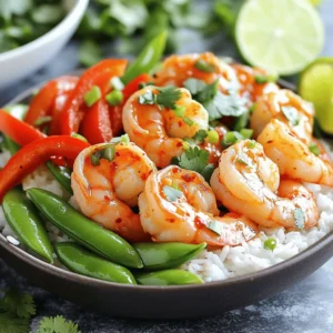 Shrimp and Rice - 1 pound large shrimp, peeled and deveined - 2 cups jasmine rice The shrimp gives this dish a tasty protein. The jasmine rice serves as a soft base. This combination makes a filling and satisfying meal. Vegetables - 1 red bell pepper, sliced into thin strips - 1 cup snap peas, trimmed - 4 green onions, finely chopped The bright colors of the red bell pepper and snap peas add crunch and nutrition. Green onions provide a fresh kick on top. Seasonings and Garnishes - 2 tablespoons olive oil - 2 tablespoons soy sauce - 1 tablespoon sriracha (adjust for spice preference) - 1 teaspoon garlic powder - 1 teaspoon ginger powder - Salt and pepper to taste - Fresh cilantro leaves for garnish (optional) - Lime wedges for serving These seasonings bring out the best flavors in the shrimp and vegetables. Sriracha adds heat, while lime juice brightens up the dish. For the full recipe, check out the detailed instructions provided. Rinsing the Rice Start by rinsing the jasmine rice under cold water. This step clears away excess starch. Rinse until the water is clear. This helps the rice cook evenly and prevents it from being too sticky. Boiling and Steaming Process In a medium pot, combine the rinsed rice with 4 cups of water. Add a pinch of salt for flavor. Bring the pot to a rolling boil over high heat. Once it boils, reduce the heat to low and cover with a lid. Let it simmer for about 15 minutes or until the water is gone. After cooking, keep it covered for 5 more minutes to steam. This makes the rice fluffy. Combining Ingredients In a large bowl, mix the shrimp with olive oil, soy sauce, sriracha, garlic powder, and ginger powder. Each ingredient adds its own flavor. Stir well so all the shrimp are coated. Marination Time Let the shrimp marinate for 10 to 15 minutes. This allows the shrimp to soak up the flavors. The longer the shrimp sits, the more tasty it becomes. Preparing the Skillet Heat a large skillet over medium heat. If your skillet needs it, add a little olive oil to coat the bottom. This prevents the vegetables from sticking. Cooking Time and Techniques Add the sliced red bell pepper and snap peas to the skillet. Stir-fry them for 3 to 4 minutes. You want them bright in color and tender, yet still crunchy. Once done, remove the veggies from the skillet and set them aside. Cooking Techniques In the same skillet, add the marinated shrimp. Spread them out in an even layer. Cook for 3 to 4 minutes, stirring often. They should turn pink and opaque when done. Adding the Vegetables Back After the shrimp is cooked, add the sautéed vegetables back. Toss everything together gently. Heat it for another minute or two. This blends the flavors perfectly. Layering Techniques Start by placing a big scoop of fluffy jasmine rice in each bowl. This is the base of your dish. Presentation Tips Top the rice with the spicy shrimp and vegetable mix. Make sure to spread it evenly. This makes your bowl look colorful and inviting. Final Touches Sprinkle chopped green onions and optional fresh cilantro on top. This adds flavor and freshness. Serving Suggestions Serve each bowl with lime wedges. Squeezing lime juice over the meal adds a burst of zest. It enhances the overall taste of the dish. Enjoy your delicious Spicy Shrimp Rice Bowls! For the Full Recipe, refer to the main section. - Timing and Temperature: Cook shrimp quickly. Heat your skillet to medium-high. Shrimp cooks fast, about 3-4 minutes. Watch for pink, firm shrimp. They’re done when opaque. - Avoiding Overcooking: Overcooked shrimp turn rubbery. Keep an eye on them. Remove from heat just as they turn pink. - Alternative Rice Options: Jasmine rice is great, but you can use basmati or brown rice. Brown rice takes longer, so adjust your cooking time. - Using a Rice Cooker: A rice cooker makes it easy. Add rinsed rice and water. It cooks perfectly without much fuss. - Additional Seasoning Ideas: Add a dash of lime juice or fresh herbs. Try chili flakes for extra heat. Don't forget garlic or onion powder for depth. - Garnish Inspirations: Fresh cilantro or green onions brighten up your bowl. Add toasted sesame seeds for crunch. Lime wedges add a zesty finish. For the Full Recipe, check the complete details to make this dish shine. {{image_4}} Substituting Proteins If you want a different protein, try chicken, tofu, or scallops. Each option brings a new flavor. Chicken gives a mild taste. Tofu adds a nice, soft texture. Scallops offer a sweet, ocean flavor. Adjust cooking times based on the protein you choose. Using Different Vegetables Feel free to mix up the veggies. You can use broccoli, carrots, or zucchini. Broccoli adds a nice crunch. Carrots bring a touch of sweetness. Zucchini cooks quickly and absorbs flavors well. Just remember to adjust cooking times for the veggies you pick. Customizing Heat Levels You can control the spice in your dish. Use less sriracha for mild flavors. If you love heat, add more sriracha or fresh chili peppers. Taste as you go to find the right balance for you. Alternative Sauces to Use Try different sauces to change the taste. Sweet chili sauce adds sweetness. Teriyaki sauce brings a savory touch. You can even mix sauces for unique flavors. Just be sure to keep the balance of sweet, salty, and spicy. Gluten-Free Options To make this dish gluten-free, choose tamari instead of soy sauce. Many brands offer gluten-free soy sauce, too. Always read labels to ensure they fit your diet. Vegan-Friendly Alternatives If you want a vegan option, swap shrimp for chickpeas or mushrooms. Chickpeas add protein, while mushrooms give a meaty texture. Use vegetable stock for cooking the rice for added flavor. For the full recipe, check the [Full Recipe]. Refrigeration Tips Store your spicy shrimp rice bowls in airtight containers. This keeps them fresh and safe. Place the leftovers in the fridge within two hours of cooking. They can stay good for up to three days. When you are ready to eat, just take them out. Freezing Guidelines If you want to save your meal longer, freezing is a great option. Make sure to cool the dish completely before freezing. Use freezer-safe containers or bags. Label them with the date. You can freeze the bowls for up to three months. Just remember, the texture may change after freezing. Methods for Best Taste To reheat, use a microwave or stovetop. For the microwave, place the bowl in and cover it loosely. Heat in short bursts, stirring in between. This helps it heat evenly. For stovetop, add a splash of water in a pan. Heat over medium until warm. Avoiding Texture Changes To keep your shrimp from becoming rubbery, avoid high heat. Always stir gently while reheating. If the rice feels dry, add a little water or broth. This helps restore moisture and flavor. Enjoy your meal just like the first time! You can use several proteins instead of shrimp. Some popular options include: - Chicken breast, diced - Firm tofu, pressed and cubed - Scallops, if you like seafood - Cooked pork, cut into strips - Tempeh, for a plant-based choice Each option brings its own flavor and texture. Just adjust cooking times based on what you choose. Yes! Here are some tips to boost the heat: - Add more sriracha to the shrimp marinade. - Include red pepper flakes when cooking the shrimp. - Use a spicy chili oil drizzled on top before serving. - Serve with pickled jalapeños on the side. Experiment with these ideas to find the perfect level of spice for you! To keep your spicy shrimp rice bowls fresh: - Store leftovers in an airtight container in the fridge for up to 3 days. - For freezing, place in a freezer-safe container for up to a month. To reheat: - Microwave in short bursts, stirring between each until hot. - Alternatively, heat on the stove over low heat, adding a splash of water to keep it moist. Yes! Here are some make-ahead tips: - Cook the rice a day before and store in the fridge. - Marinate the shrimp up to 24 hours in advance. - Chop the vegetables ahead of time and keep them in the fridge. Assembling the dish fresh ensures the best taste and texture. These sides complement the spicy shrimp rice bowls: - Steamed broccoli or asparagus for crunch. - A fresh salad with citrus dressing for brightness. - Pickled veggies for tanginess. - Crispy spring rolls for a fun crunch. These options balance the spice and add variety to your meal. You can find the full recipe for Spicy Shrimp Rice Bowls [here](#). This includes detailed instructions and tips to make your cooking experience smooth and enjoyable. You’ve learned how to make spicy shrimp rice bowls from scratch. We covered main ingredients, cooking steps, and tips for perfect results. Whether you adjust flavors, swap proteins, or store leftovers, this dish stays versatile. Enjoy experimenting with your favorite ingredients and spices. With practice, you'll master this recipe and impress anyone at your table. Grab your ingredients and start cooking for a delightful meal.