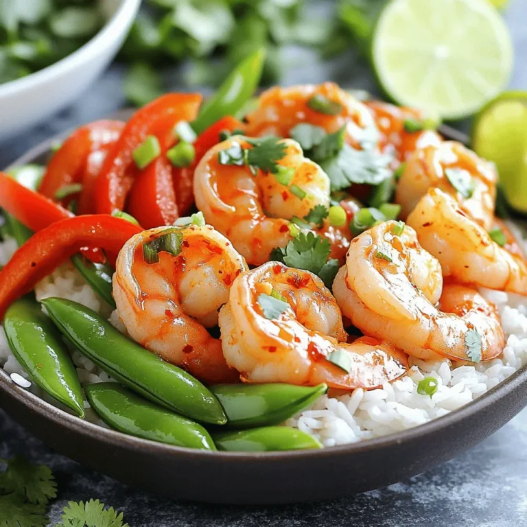 Shrimp and Rice - 1 pound large shrimp, peeled and deveined - 2 cups jasmine rice The shrimp gives this dish a tasty protein. The jasmine rice serves as a soft base. This combination makes a filling and satisfying meal. Vegetables - 1 red bell pepper, sliced into thin strips - 1 cup snap peas, trimmed - 4 green onions, finely chopped The bright colors of the red bell pepper and snap peas add crunch and nutrition. Green onions provide a fresh kick on top. Seasonings and Garnishes - 2 tablespoons olive oil - 2 tablespoons soy sauce - 1 tablespoon sriracha (adjust for spice preference) - 1 teaspoon garlic powder - 1 teaspoon ginger powder - Salt and pepper to taste - Fresh cilantro leaves for garnish (optional) - Lime wedges for serving These seasonings bring out the best flavors in the shrimp and vegetables. Sriracha adds heat, while lime juice brightens up the dish. For the full recipe, check out the detailed instructions provided. Rinsing the Rice Start by rinsing the jasmine rice under cold water. This step clears away excess starch. Rinse until the water is clear. This helps the rice cook evenly and prevents it from being too sticky. Boiling and Steaming Process In a medium pot, combine the rinsed rice with 4 cups of water. Add a pinch of salt for flavor. Bring the pot to a rolling boil over high heat. Once it boils, reduce the heat to low and cover with a lid. Let it simmer for about 15 minutes or until the water is gone. After cooking, keep it covered for 5 more minutes to steam. This makes the rice fluffy. Combining Ingredients In a large bowl, mix the shrimp with olive oil, soy sauce, sriracha, garlic powder, and ginger powder. Each ingredient adds its own flavor. Stir well so all the shrimp are coated. Marination Time Let the shrimp marinate for 10 to 15 minutes. This allows the shrimp to soak up the flavors. The longer the shrimp sits, the more tasty it becomes. Preparing the Skillet Heat a large skillet over medium heat. If your skillet needs it, add a little olive oil to coat the bottom. This prevents the vegetables from sticking. Cooking Time and Techniques Add the sliced red bell pepper and snap peas to the skillet. Stir-fry them for 3 to 4 minutes. You want them bright in color and tender, yet still crunchy. Once done, remove the veggies from the skillet and set them aside. Cooking Techniques In the same skillet, add the marinated shrimp. Spread them out in an even layer. Cook for 3 to 4 minutes, stirring often. They should turn pink and opaque when done. Adding the Vegetables Back After the shrimp is cooked, add the sautéed vegetables back. Toss everything together gently. Heat it for another minute or two. This blends the flavors perfectly. Layering Techniques Start by placing a big scoop of fluffy jasmine rice in each bowl. This is the base of your dish. Presentation Tips Top the rice with the spicy shrimp and vegetable mix. Make sure to spread it evenly. This makes your bowl look colorful and inviting. Final Touches Sprinkle chopped green onions and optional fresh cilantro on top. This adds flavor and freshness. Serving Suggestions Serve each bowl with lime wedges. Squeezing lime juice over the meal adds a burst of zest. It enhances the overall taste of the dish. Enjoy your delicious Spicy Shrimp Rice Bowls! For the Full Recipe, refer to the main section. - Timing and Temperature: Cook shrimp quickly. Heat your skillet to medium-high. Shrimp cooks fast, about 3-4 minutes. Watch for pink, firm shrimp. They’re done when opaque. - Avoiding Overcooking: Overcooked shrimp turn rubbery. Keep an eye on them. Remove from heat just as they turn pink. - Alternative Rice Options: Jasmine rice is great, but you can use basmati or brown rice. Brown rice takes longer, so adjust your cooking time. - Using a Rice Cooker: A rice cooker makes it easy. Add rinsed rice and water. It cooks perfectly without much fuss. - Additional Seasoning Ideas: Add a dash of lime juice or fresh herbs. Try chili flakes for extra heat. Don't forget garlic or onion powder for depth. - Garnish Inspirations: Fresh cilantro or green onions brighten up your bowl. Add toasted sesame seeds for crunch. Lime wedges add a zesty finish. For the Full Recipe, check the complete details to make this dish shine. {{image_4}} Substituting Proteins If you want a different protein, try chicken, tofu, or scallops. Each option brings a new flavor. Chicken gives a mild taste. Tofu adds a nice, soft texture. Scallops offer a sweet, ocean flavor. Adjust cooking times based on the protein you choose. Using Different Vegetables Feel free to mix up the veggies. You can use broccoli, carrots, or zucchini. Broccoli adds a nice crunch. Carrots bring a touch of sweetness. Zucchini cooks quickly and absorbs flavors well. Just remember to adjust cooking times for the veggies you pick. Customizing Heat Levels You can control the spice in your dish. Use less sriracha for mild flavors. If you love heat, add more sriracha or fresh chili peppers. Taste as you go to find the right balance for you. Alternative Sauces to Use Try different sauces to change the taste. Sweet chili sauce adds sweetness. Teriyaki sauce brings a savory touch. You can even mix sauces for unique flavors. Just be sure to keep the balance of sweet, salty, and spicy. Gluten-Free Options To make this dish gluten-free, choose tamari instead of soy sauce. Many brands offer gluten-free soy sauce, too. Always read labels to ensure they fit your diet. Vegan-Friendly Alternatives If you want a vegan option, swap shrimp for chickpeas or mushrooms. Chickpeas add protein, while mushrooms give a meaty texture. Use vegetable stock for cooking the rice for added flavor. For the full recipe, check the [Full Recipe]. Refrigeration Tips Store your spicy shrimp rice bowls in airtight containers. This keeps them fresh and safe. Place the leftovers in the fridge within two hours of cooking. They can stay good for up to three days. When you are ready to eat, just take them out. Freezing Guidelines If you want to save your meal longer, freezing is a great option. Make sure to cool the dish completely before freezing. Use freezer-safe containers or bags. Label them with the date. You can freeze the bowls for up to three months. Just remember, the texture may change after freezing. Methods for Best Taste To reheat, use a microwave or stovetop. For the microwave, place the bowl in and cover it loosely. Heat in short bursts, stirring in between. This helps it heat evenly. For stovetop, add a splash of water in a pan. Heat over medium until warm. Avoiding Texture Changes To keep your shrimp from becoming rubbery, avoid high heat. Always stir gently while reheating. If the rice feels dry, add a little water or broth. This helps restore moisture and flavor. Enjoy your meal just like the first time! You can use several proteins instead of shrimp. Some popular options include: - Chicken breast, diced - Firm tofu, pressed and cubed - Scallops, if you like seafood - Cooked pork, cut into strips - Tempeh, for a plant-based choice Each option brings its own flavor and texture. Just adjust cooking times based on what you choose. Yes! Here are some tips to boost the heat: - Add more sriracha to the shrimp marinade. - Include red pepper flakes when cooking the shrimp. - Use a spicy chili oil drizzled on top before serving. - Serve with pickled jalapeños on the side. Experiment with these ideas to find the perfect level of spice for you! To keep your spicy shrimp rice bowls fresh: - Store leftovers in an airtight container in the fridge for up to 3 days. - For freezing, place in a freezer-safe container for up to a month. To reheat: - Microwave in short bursts, stirring between each until hot. - Alternatively, heat on the stove over low heat, adding a splash of water to keep it moist. Yes! Here are some make-ahead tips: - Cook the rice a day before and store in the fridge. - Marinate the shrimp up to 24 hours in advance. - Chop the vegetables ahead of time and keep them in the fridge. Assembling the dish fresh ensures the best taste and texture. These sides complement the spicy shrimp rice bowls: - Steamed broccoli or asparagus for crunch. - A fresh salad with citrus dressing for brightness. - Pickled veggies for tanginess. - Crispy spring rolls for a fun crunch. These options balance the spice and add variety to your meal. You can find the full recipe for Spicy Shrimp Rice Bowls [here](#). This includes detailed instructions and tips to make your cooking experience smooth and enjoyable. You’ve learned how to make spicy shrimp rice bowls from scratch. We covered main ingredients, cooking steps, and tips for perfect results. Whether you adjust flavors, swap proteins, or store leftovers, this dish stays versatile. Enjoy experimenting with your favorite ingredients and spices. With practice, you'll master this recipe and impress anyone at your table. Grab your ingredients and start cooking for a delightful meal.