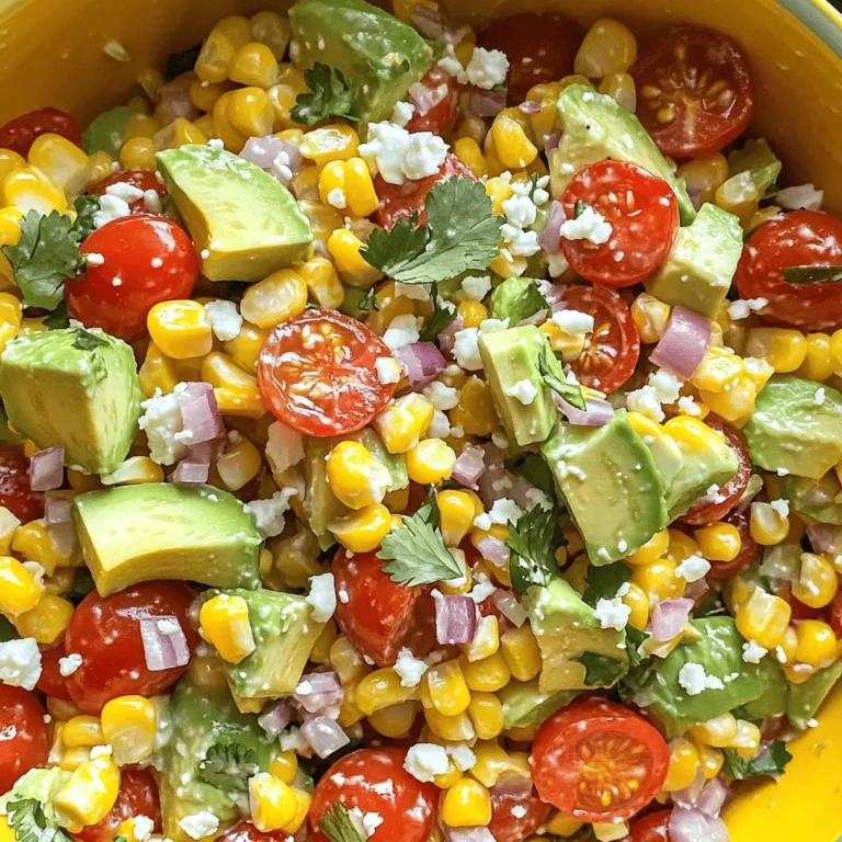 - 3 cups fresh corn kernels (approximately 4 ears of corn) - 1 ripe avocado, diced into bite-sized pieces - 1 cup cherry tomatoes, halved - 1/2 red onion, finely chopped - 1/4 cup fresh cilantro, roughly chopped - 1/2 jalapeño, finely minced (optional) - 2 tablespoons freshly squeezed lime juice - 1 tablespoon extra virgin olive oil - Salt and freshly cracked pepper, to taste - Crumbled feta cheese for topping When I make this salad, I focus on fresh, vibrant ingredients. Start with fresh corn kernels, which provide a sweet crunch. To get these, I usually cook the corn quickly. This way, the kernels stay juicy and tender. Then, I add ripe avocado, which brings a creamy texture. It also pairs well with the crunchy corn. Cherry tomatoes add a burst of color and a slight tang. I cut them in half for easy bites. A bit of red onion gives sharpness. It adds great flavor when chopped finely. Fresh cilantro brings brightness and a hint of earthiness, making the salad even better. If you like spice, finely minced jalapeño can add a kick. For dressings, fresh lime juice and extra virgin olive oil are key. The lime juice adds zing, while the olive oil provides richness. I season with salt and freshly cracked pepper. This simple mix makes the salad shine. Finally, if I want to elevate the dish, I sprinkle crumbled feta cheese on top. This adds a salty, creamy element that contrasts beautifully with the other flavors. Check out the Full Recipe for a complete guide to making this delightful salad. 1. Cooking and cooling the corn: Start by bringing a large pot of water to a vigorous boil. Once it’s bubbling, add the fresh corn. Cook it for 3 to 4 minutes. You want the kernels to be tender but not mushy. After cooking, drain the corn and rinse it under cold water. This stops the cooking. 2. Removing kernels from the cob: Once the corn is cool, take a sharp knife and slice the kernels off the cob. Do this carefully. Place the kernels in a large mixing bowl. This will be the base of your salad. 1. Combining corn with avocado, tomatoes, and onion: In the bowl with the corn, add the diced avocado, cherry tomatoes, and chopped red onion. Mix them gently. This makes the salad colorful and fresh. 2. Incorporating jalapeño for heat: If you like a spicy kick, add the finely minced jalapeño. Adjust the amount based on your taste. Mix it in to add some heat to the dish. 1. Drizzling with lime juice and olive oil: Now it's time to dress the salad. Drizzle the freshly squeezed lime juice and olive oil over the ingredients. This gives the salad a bright and zesty flavor. 2. Seasoning with salt and pepper: Sprinkle salt and freshly cracked pepper over the mixture. Stir gently to combine. This step enhances all the flavors in the salad. 1. Gently mixing the salad: Use a large spoon to mix everything together. Be careful not to mash the avocado. You want to keep those lovely pieces intact. 2. Adding cilantro before serving: Finally, fold in the chopped cilantro. This adds a fresh herb taste that brings everything together. Your salad is now ready to serve! For the full recipe, check out the details above. To make your corn salad shine, always use fresh ingredients. Fresh corn adds sweetness and crunch. Look for bright, plump kernels at the market. For extra flavor, mix in fresh herbs like basil or parsley. These greens bring a bright taste and a burst of color. You can even try mint for a refreshing twist! To keep your avocado fresh, use lime juice. The acid slows down browning. Cut the avocado just before serving to keep it bright green. If you prep ahead, store it in an airtight container. Place a piece of plastic wrap directly on the avocado to limit air exposure. Presentation matters. Serve the salad in a large bowl or individual cups. This makes it look appealing. Top it with crumbled feta for extra taste and nice texture. Pair this salad with grilled chicken or fish for a full meal. You can also serve it with tortilla chips for a fun appetizer. Try this salad for a fresh, summer vibe! You can find the Full Recipe for more details. {{image_4}} You can switch up the veggies in this salad. Try adding bell peppers or cucumbers. They add nice crunch and color. You can also use green onions instead of red onion for a milder taste. If you want a different dressing, mix olive oil with red wine vinegar. This will give the salad a tangy twist. Want to make this salad heartier? Add protein! Grilled chicken or shrimp works well. You can also use black beans or chickpeas for a plant-based option. Adding protein boosts the salad's nutrition. It makes the dish filling and satisfying. This salad is easy to make vegan. Just skip the feta cheese or use a plant-based option. For gluten-free needs, make sure all your ingredients are certified gluten-free. This way, everyone can enjoy this tasty dish without worry. Store leftovers in an airtight container. This keeps the salad fresh for a day or two. If you want to keep the avocado from browning, add lime juice directly to it. Place the salad in the fridge as soon as you finish eating. This helps maintain the crispness of the corn and the creaminess of the avocado. Can this salad be frozen? No, I don’t recommend freezing it. The texture of corn and avocado changes when frozen. Instead, you can freeze corn and avocado separately. For corn, cut it off the cob and freeze in a bag. For avocado, mash it with lime juice before freezing to keep it fresh. The best way to enjoy leftovers is cold. If you want to warm up the corn, place it in a pot over low heat. Stir gently until warm. When serving leftovers, add fresh lime juice and more cilantro. This refreshes the flavors and makes it taste like new again. This corn salad stays fresh for about 3 days in the fridge. Make sure to store it in an airtight container. If you notice the avocado turning brown, it may still taste good, but the look won't be as nice. Enjoy it within this time for the best flavor. Yes, you can prep the salad a few hours before serving. Just wait to add the diced avocado until right before you serve it. This will keep it fresh and green. If you mix in the avocado too early, it might brown and change the taste. This salad pairs well with grilled chicken, fish, or tacos. You can also serve it with tortilla chips for a crunchy side. For drinks, try lemonade or iced tea. Both will complement the flavors of the salad nicely. Absolutely! You can prepare this salad in bulk. Just keep the dressing separate until you're ready to eat. This way, the salad stays crisp and fresh. Store the salad in meal prep containers for easy grab-and-go meals. You can enjoy a taste of summer any day! For the full recipe, check out Sunny Summer Corn Salad with Avocado. This blog post covered the key ingredients to make a fresh corn salad. We explored how to prepare each component and mix them for a great flavor. I shared tips to enhance taste and keep ingredients fresh. You can adapt the salad with protein or various veggies. Remember, proper storage is essential for leftovers. Use this quick guide to create a vibrant, delicious dish. Enjoy your cooking adventure and let your creativity shine!