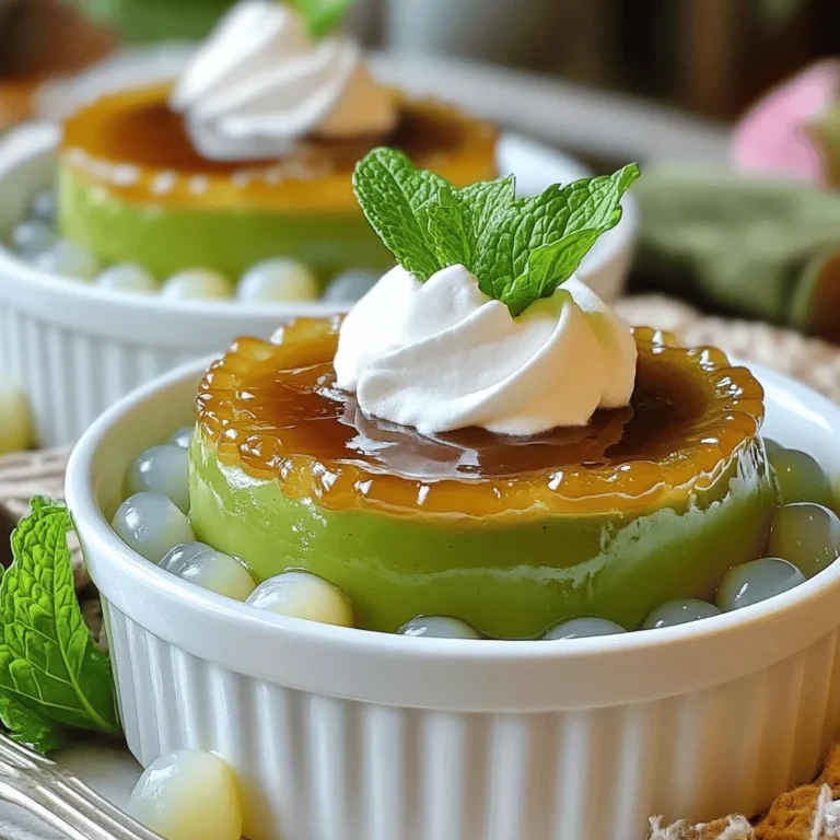 Here are the key ingredients for making Matcha Brûlée Boba: - 2 cups whole milk (or your preferred dairy alternative) - 2 tablespoons matcha powder - 3 tablespoons granulated sugar - 1 teaspoon vanilla extract - 1 cup cooked tapioca pearls - 2 tablespoons brown sugar (for the brûlée topping) - Optional: whipped cream, fresh mint leaves Each ingredient plays a vital role in making this treat delicious and smooth. Whole milk gives a creamy base, while matcha powder brings that unique green tea flavor. Granulated sugar sweetens the mix, and vanilla adds a lovely aroma. The cooked tapioca pearls add a fun texture that makes this drink special. The brown sugar forms a crunchy top that contrasts with the creamy brûlée underneath. Feel free to add whipped cream and mint for extra flair! For the complete recipe, check out the [Full Recipe]. 1. Heating the milk: Start by pouring 2 cups of whole milk into a small saucepan. Heat it gently over medium-low. Stir the milk often to keep it from boiling. You want it warm but not too hot. 2. Mixing matcha with sugar and vanilla: In a medium mixing bowl, combine 2 tablespoons of matcha powder, 3 tablespoons of granulated sugar, and 1 teaspoon of vanilla extract. Whisk these together until no lumps are left. This step is key for a smooth texture. 3. Combining milk with matcha: Once your milk is warm, slowly pour it into the matcha mixture. Whisk continuously as you pour. This makes sure the matcha blends well into the milk, creating a creamy mix. 1. Pouring into ramekins: Carefully pour your matcha mixture into ramekins or small cups. Fill each one halfway. This leaves space for the sweet brûlée topping. 2. Chilling and setting time: Put the filled ramekins in the refrigerator. Chill them for at least 4 hours. The mixture should feel firm when you touch it. This chilling time helps the flavors set. 1. Using a kitchen torch: After chilling, take the ramekins out. Evenly sprinkle 2 tablespoons of brown sugar on top of each one. Use a kitchen torch to caramelize the sugar. Move the flame gently until the sugar turns golden and crunchy. 2. Alternative broiler method: If you don’t have a torch, place the ramekins under a broiler. Watch them closely to prevent burning. It only takes a few minutes to get that nice, crispy layer. 1. Layering tapioca pearls: In a tall glass, add a layer of cooked tapioca pearls. Make sure you have enough for each serving. These give the drink a fun, chewy texture. 2. Adding matcha brûlée: Spoon the chilled matcha brûlée over the tapioca pearls. This creates a beautiful layer effect. Optional: Add a dollop of whipped cream on top. Fresh mint leaves also add a nice touch and flavor. Now you have a delightful and creamy matcha brûlée boba to enjoy! For the full recipe, check out the complete details. - Selecting high-quality matcha: Choose matcha that is bright green. This color shows freshness and quality. Look for matcha labeled as "ceremonial grade" for the best taste. - Tips for mixing without lumps: Always sift your matcha powder before mixing. This step breaks up clumps. When combining matcha with other ingredients, whisk it slowly to make a smooth mixture. - Best practices for caramelizing sugar: Use a kitchen torch for even heat. Hold the torch about 6 inches away from the sugar. Move it in small circles to avoid burning one spot. If using a broiler, keep a close eye. Sugar can burn quickly. - Common mistakes to avoid: Don’t add too much sugar for the brûlée top. A thin layer works best. Also, avoid caramelizing too long. You want a crisp layer, not a hard shell. - Choosing the right garnishes: Fresh mint leaves are a great choice. They add color and a fresh taste. You can also use edible flowers for a beautiful touch. - Tips for serving: Serve in clear glasses to show off the layers. This makes your matcha brûlée boba look stunning. If you add whipped cream, use a piping bag for a fancy look. {{image_4}} You can make your Matcha Brûlée Boba even more fun! Start by adding fruits or syrups. Try fresh strawberries or mango for a fruity twist. You can also drizzle some honey or maple syrup on top. This will add sweetness and flavor to your drink. If you want to switch up the sweetness, use alternative sweeteners. Stevia or agave syrup are great choices. They can make your drink lower in calories while keeping it tasty. Just remember to adjust the amount, as these sweeteners can be stronger than regular sugar. Want a dairy-free version? Simply swap whole milk for almond or coconut milk. These options still keep the drink creamy and delicious. You can also use oat milk for a rich flavor. Just pick what you like best! For a sugar-free version, you can use sugar substitutes. Look for brands that fit your diet. They can help you enjoy your treat without added sugar. Now, let’s talk about how to serve your Matcha Brûlée Boba! Jar presentations are super cute. Layer the tapioca pearls and matcha in small jars. They look great and are easy to grab. If you’re hosting a party, make a big batch. Serve it in a large bowl and let guests help themselves. Add fun straws and garnishes like mint leaves. This makes your drink fun and festive for everyone! Store your matcha brûlée in the fridge. Place it in an airtight container. This keeps it fresh and tasty. It will last for up to four days. After that, it may lose its creamy texture. Always check for any strange smells or changes in color before serving. Keep unused matcha powder in a cool, dark place. A sealed bag or jar works best. This protects it from light and air. For tapioca pearls, store them in water in the fridge. Change the water daily to keep them fresh. They can last up to three days this way. To refresh tapioca pearls, heat them in warm water. Let them soak for about ten minutes. This helps them regain their texture. Serve your matcha brûlée cold. If it has been in the fridge, just scoop and serve. It tastes great straight from the fridge! Matcha Brûlée Boba is a fun drink that mixes matcha and creamy flavors. It has layers of cooked tapioca pearls and a smooth matcha brûlée on top. The brûlée has a crunchy, caramelized sugar layer, adding a nice texture. The drink is both sweet and slightly earthy, making it unique and tasty. To make matcha less bitter, choose high-quality matcha powder. This type has a smoother taste. You can also use less matcha or add more sugar. Mixing matcha with warm milk can also help. Whisking well breaks up clumps, making it creamy. Yes, you can make this recipe vegan easily. Use almond milk, oat milk, or coconut milk instead of whole milk. For the brûlée, skip the whipped cream or use a dairy-free version. These swaps keep the drink just as tasty and creamy. Look for ceremonial grade matcha for the best flavor. It has a vibrant green color and rich taste. I recommend brands like Matcha Konomi or Encha. These brands are well-known for their quality and taste, ensuring a great matcha brûlée boba experience. For the full recipe, check out Matcha Brûlée Boba . In this post, we covered how to make Matcha Brûlée Boba. We explored essential ingredients, from whole milk to matcha powder. I shared easy steps, from preparing the mix to caramelizing sugar. You learned tips for perfect flavor and creative serving ideas. Matcha Brûlée Boba brings joy and flavor to drinks. Try different variations to find your favorite. Enjoy making this treat at home!