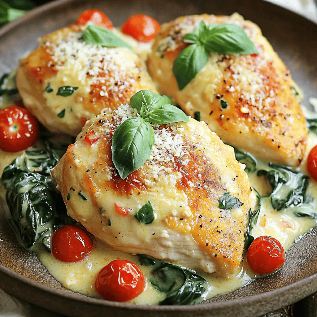 To make creamy garlic Tuscan chicken, gather these simple ingredients: - 4 boneless, skinless chicken breasts - 2 tablespoons olive oil - 4 cloves garlic, minced - 1 cup cherry tomatoes, halved - 2 cups fresh spinach - 1 cup heavy cream - 1/2 teaspoon dried oregano - 1/2 teaspoon dried basil - 1/4 cup freshly grated Parmesan cheese - Salt and freshly ground black pepper, to taste - Fresh basil leaves for garnish You can add a few ingredients to boost flavor: - 1/4 teaspoon red pepper flakes for a kick - 1 tablespoon lemon juice for brightness - 1/2 cup mushrooms for earthiness If you need substitutions, here are some ideas: - Use chicken thighs instead of breasts for a juicier bite. - Swap heavy cream with half-and-half for a lighter sauce. - Use frozen spinach if fresh is not available; just thaw it first. This recipe is flexible, so feel free to adjust based on what you have at home. For the full recipe, check the complete list. First, gather all your ingredients. This makes cooking easier and more fun. You need: - 4 boneless, skinless chicken breasts - 2 tablespoons olive oil - 4 cloves garlic, minced - 1 cup cherry tomatoes, halved - 2 cups fresh spinach - 1 cup heavy cream - 1/2 teaspoon dried oregano - 1/2 teaspoon dried basil - 1/4 cup freshly grated Parmesan cheese - Salt and freshly ground black pepper, to taste - Fresh basil leaves for garnish Next, season both sides of the chicken with salt and pepper. This adds great flavor. Now, heat the olive oil in a large skillet over medium-high heat. Wait until it shimmers, then carefully add the chicken breasts. Cook them for 6-7 minutes on each side. They should be golden brown and reach 165°F (75°C). Once cooked, transfer the chicken to a plate and cover it to keep warm. In the same skillet, lower the heat to medium. Add the minced garlic and sauté it for about 30 seconds. Stir it constantly until it smells great, but don’t let it burn. Then, toss in the halved cherry tomatoes. Cook them for another 2-3 minutes until they soften and burst. Pour in the heavy cream and add the dried oregano and basil. Stir well and let it simmer for 2-3 minutes. This thickens the sauce just right. Gradually mix in the grated Parmesan cheese while stirring. This will give your sauce a rich, creamy texture. Next, add the fresh spinach to the sauce. Stir it in until it wilts, which will take about a minute. Return the cooked chicken breasts to the skillet. Spoon the creamy sauce over the chicken and let everything cook together for 2 more minutes. Before you serve, taste the sauce. Adjust the seasoning with more salt and pepper if needed. Serve each chicken breast on a vibrant plate, topped with the creamy sauce and wilted spinach. Add some fresh basil leaves for a lovely touch. Enjoy your meal! For the full recipe, check out the detailed instructions above. To cook chicken perfectly, start with good heat. I recommend using a large skillet. Heat the olive oil until it shimmers. This shows it is hot enough. Season the chicken well with salt and pepper. This step adds flavor. Sear the chicken for 6-7 minutes on each side. Look for a golden brown color. Use a meat thermometer to check the temperature. It should reach 165°F (75°C). This ensures it is safe to eat. To make your sauce creamy, you need heavy cream. Add it to the skillet after cooking the garlic and tomatoes. Stir the cream gently. Add dried herbs like oregano and basil for more flavor. Then, gradually mix in grated Parmesan cheese. Keep stirring until it melts. This creates that rich, creamy texture you want. Don't forget to add spinach. It wilts quickly and adds color. For a balanced meal, pair this dish with pasta or crusty bread. The sauce complements these sides well. You can also serve it with a fresh salad. A simple green salad adds crunch. If you want something hearty, try roasted vegetables. They offer great colors and flavors. Serving this dish with fresh basil on top adds a nice touch. For the full recipe, check out the earlier sections. {{image_4}} To make a lighter version of Creamy Garlic Tuscan Chicken, you can swap heavy cream for Greek yogurt. Greek yogurt adds creaminess without all the fat. You can also use chicken broth instead of oil. This keeps the chicken moist and cuts calories. Use low-fat cheese for a lighter touch, too. If you want a vegetarian twist, replace chicken with firm tofu or seitan. These options soak up flavors well. You can also use portobello mushrooms for a meaty texture. For protein, add chickpeas or lentils. You can follow the same steps in the full recipe, just swap the protein. To boost flavor, try adding red pepper flakes for heat. You can also use fresh herbs like thyme or rosemary for a fragrant touch. Instead of just oregano and basil, mix in some parsley or dill for freshness. A squeeze of lemon juice adds brightness. Store your creamy garlic Tuscan chicken in an airtight container. Let it cool first. Place it in the fridge if you plan to eat it within three days. If you need more time, consider freezing it. To reheat, use a skillet over medium heat. This helps keep the chicken juicy. Add a splash of cream or broth to keep the sauce from drying out. Stir often until it’s heated through. You can also use the microwave. Just heat it in short bursts, stirring in between. For freezing, ensure the chicken is completely cooled. Wrap it tightly in plastic wrap, then foil. This will help prevent freezer burn. You can freeze it for up to three months. When ready, thaw it overnight in the fridge. Reheat as mentioned above to enjoy that creamy flavor again. For the full recipe, refer to the original source. You can serve this dish with various sides. Here are some great options: - Pasta, like fettuccine or spaghetti - Rice or quinoa for a healthy base - Crusty bread to soak up the sauce - A fresh green salad for added crunch - Roasted vegetables for extra flavor Pairing these sides makes the meal feel complete and satisfying. Yes, you can use frozen chicken. However, it’s best to thaw it first. Thawing helps ensure even cooking. If you cook it from frozen, increase the cooking time. Use a meat thermometer to check for doneness. To check if the chicken is done, use a meat thermometer. The internal temperature should reach 165°F (75°C). If you don’t have a thermometer, cut into the chicken. The meat should be white, with no pink inside. Yes, you can prepare it ahead. Cook the chicken and sauce, then cool them quickly. Store them in airtight containers in the fridge. When ready to serve, simply reheat on the stove. This helps save time on busy nights. You can find the full recipe here. This blog post covered everything about Creamy Garlic Tuscan Chicken. We explored key ingredients, steps for cooking, and useful tips. You learned how to make this dish lighter, or try vegetarian options. Storing and reheating tips help with leftovers, too. In the end, cooking should be fun and easy. Use these ideas to create your own flavor-filled meals. Enjoy every bite, and make it a regular on your table.
