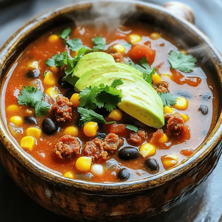 - 8 oz chorizo sausage, casing removed and crumbled - 1 can (14 oz) diced tomatoes with green chilies - 4 cups chicken broth - Avocado slices - Fresh cilantro - 1 teaspoon ground cumin - 1 teaspoon smoked paprika - Salt and pepper to taste Gathering the right ingredients is key to making your soup flavorful. Chorizo sausage gives this dish its rich, spicy taste. I love using diced tomatoes with green chilies for added depth. Chicken broth serves as the base, making the soup hearty and satisfying. You can add avocado slices for creaminess and fresh cilantro for a bright flavor. These optional ingredients really elevate the dish. For spices, ground cumin and smoked paprika enhance the chorizo's flavor. Don’t forget to season with salt and pepper. Taste as you go to find the right balance. Check out the Full Recipe for all the detailed steps and tips! To start, I heat a large pot over medium heat. I add one tablespoon of olive oil and let it warm. Next, I add 8 ounces of crumbled chorizo. I cook it for about 5 to 7 minutes. The goal is to get it browned and crispy. Once it’s ready, I use a slotted spoon to move the chorizo to a plate. I leave the tasty fat in the pot for flavor. Now it's time for the veggies. I recommend using a medium onion, three cloves of minced garlic, and one diced bell pepper. I like to mix colors for fun. I add the onion, garlic, and bell pepper to the pot. I sauté them for about 5 minutes. I stir often until they become soft and fragrant. This step builds a great base for the soup. I now mix the cooked chorizo back into the pot. I add one can of diced tomatoes with green chilies, four cups of chicken broth, one can of drained black beans, and one cup of corn. I stir in one teaspoon each of ground cumin and smoked paprika. I mix everything well to combine. This step is key for flavor. Next, I bring the soup to a gentle boil. Once boiling, I reduce the heat to low. I let it simmer uncovered for about 15 to 20 minutes. I stir occasionally to keep it from sticking. Letting it simmer allows all the flavors to meld nicely. After simmering, I taste the soup. I adjust the seasoning with salt and pepper to my liking. This final step is important. It ensures that every bowl bursts with flavor right before serving. For a great presentation, I ladle the soup into bowls. I sprinkle fresh chopped cilantro on top. This adds color and freshness. I also like to serve warm crusty bread or tortilla chips on the side. It makes for a perfect dip! For extra creaminess, I add avocado slices on top for those who enjoy it. You can find the full recipe for this spicy delight above. To make your Spicy Chorizo Soup milder, remove the seeds from the bell pepper. You can also omit the diced tomatoes with green chilies. Instead, use plain diced tomatoes. If you want more heat, add sliced jalapeños or a dash of cayenne pepper. For spice reduction, try adding a dollop of sour cream or yogurt. This will cool down the heat and add creaminess. You can boost the soup’s flavor by adding herbs like fresh cilantro or parsley. A squeeze of lime juice at the end brightens the taste. You can also mix in spices like oregano or thyme. If you want more protein, consider adding cooked chicken or shrimp. For extra veggies, toss in some spinach or zucchini. These additions make the soup more colorful and nutritious. You can use a Dutch oven for even heat distribution. A slow cooker is great for making the soup in advance. Just let it simmer on low for hours. If you prefer a quicker method, an Instant Pot works wonders too. It cuts down on cooking time while still infusing flavors. For best results, let the soup sit for a bit. This allows the flavors to meld beautifully before serving. {{image_4}} You can make a tasty vegetarian version of this soup. Instead of chorizo, use a plant-based sausage or mushrooms. Both options add great flavor and texture. For added depth, mix in smoked paprika, chipotle powder, or even a dash of liquid smoke. These spices will give your soup that smoky taste without meat. Fresh herbs like cilantro or parsley can also enhance the flavors. If you want to change up the beans, you can use pinto beans or chickpeas. They both work well and add protein. For corn, fresh corn is the best, but frozen or canned works too. Seasonal veggies, like zucchini or bell peppers, can also add freshness. Just chop them and toss them in when cooking the onions. To make sure your soup is gluten-free, check all labels on your ingredients. Some broths may contain gluten. You can use gluten-free chicken broth instead. If your soup needs thickening, try using cornstarch or a gluten-free flour. This way, your soup stays hearty and delicious without any gluten. To keep your Spicy Chorizo Soup fresh, use airtight containers. Glass or plastic containers work well. Let the soup cool before sealing. Store it in the fridge for up to three days. After that, the flavors may fade. When it’s time to enjoy your soup again, reheat it gently. You can use the stove or microwave. If using the stove, heat it over medium heat, stirring often. For the microwave, heat in short bursts, stirring in between. If the soup thickens, add a splash of broth to loosen it up. To freeze the soup, let it cool completely first. Use freezer-safe containers or bags. Leave some room for expansion as it freezes. The soup can last up to three months in the freezer. When ready to eat, thaw it overnight in the fridge. Reheat on the stove or in the microwave, just like before. You can store Spicy Chorizo Soup in the fridge for about 3 to 4 days. Use an airtight container to keep it fresh. If you want to keep it longer, consider freezing it. In the freezer, it can last for about 2 to 3 months. Just remember to let it cool before you store it. Yes, you can prepare this soup a day or two ahead. To do this, make the soup as usual, then cool it down. Store it in the fridge in a sealed container. When you are ready to eat, just reheat it on the stove or in the microwave. This soup often tastes even better after the flavors have had time to meld. You can serve Spicy Chorizo Soup with warm crusty bread or tortilla chips. A side salad also pairs well. If you want something extra, try avocado slices or fresh cilantro on top. These add freshness and flavor. Yes, you can use other types of sausage. Italian sausage or turkey sausage are great alternatives. They will change the flavor a bit but still make a tasty soup. Just choose a sausage you enjoy. Spicy Chorizo Soup can be healthy if you make smart choices. It has protein from the chorizo and fiber from the beans and corn. To make it even healthier, you can add more veggies. Just watch the amount of salt and oil you use. Overall, it is a filling and nutritious meal. For the full recipe, check the [Full Recipe]. This blog post explored making a tasty Spicy Chorizo Soup. We covered the key ingredients, like chorizo and tomatoes, and the optional toppings. Each cooking step helps build great flavor. I shared tips for adjusting spice levels and even variations for different diets. You can store and freeze leftovers easily too. Give this recipe a try. It’s simple and packed with flavor! You can enjoy it any time. Follow the steps, and you will create a great dish that everyone loves.