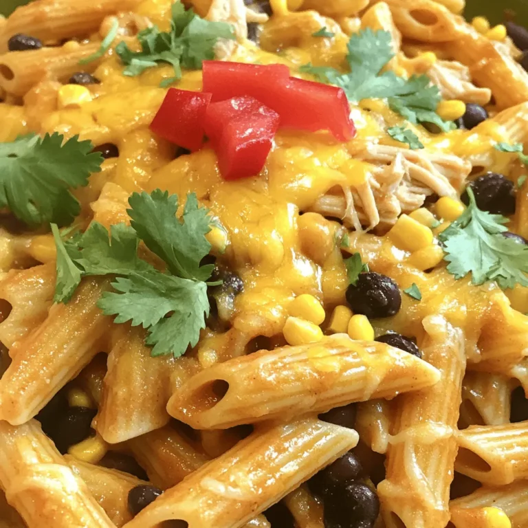 To make Enchilada Pasta Fiesta, gather these ingredients: - 8 oz penne pasta - 2 cups cooked shredded chicken - 1 can (15 oz) black beans, drained and rinsed - 1 can (10 oz) enchilada sauce (red or green) - 1 cup corn (frozen or fresh) - 1 cup diced red bell pepper - 1 small red onion, chopped - 2 cups shredded cheese (cheddar or a Mexican blend) - 2 tablespoons olive oil - 1 tablespoon taco seasoning - Fresh cilantro, for garnish - Salt and pepper to taste If you need swaps, here are some ideas: - Pasta: Use rotini or macaroni instead of penne. - Chicken: Swap cooked chicken for cooked ground beef or turkey. - Beans: If you don’t have black beans, use pinto beans or kidney beans. - Enchilada Sauce: You can use salsa if you need a quick option. - Corn: Try using diced zucchini for a fresh twist. - Cheese: Go for pepper jack cheese for extra spice. For the best taste, I like to use these brands: - Pasta: Barilla or De Cecco for quality penne. - Enchilada Sauce: Old El Paso or Amy’s for great flavor. - Cheese: Tillamook or Kraft for consistent melting. - Beans: Goya or Bush’s for reliable quality. - Olive Oil: California Olive Ranch for a smooth finish. 1. Cook the pasta. Start by boiling salted water in a large pot. Add 8 oz of penne pasta and cook until al dente. This usually takes about 8-10 minutes. Drain the pasta and set it aside. 2. Sauté the vegetables. In a large skillet, heat 2 tablespoons of olive oil over medium heat. Add 1 chopped red onion and 1 diced red bell pepper. Stir them for 3-4 minutes until they soften. The onion should turn translucent. 3. Add chicken and beans. Stir in 2 cups of cooked shredded chicken, 1 can of drained black beans, and 1 cup of corn. Cook for another 2-3 minutes. You want everything heated through, so stir often. 4. Mix in the enchilada sauce. Pour in 1 can of enchilada sauce and add 1 tablespoon of taco seasoning. Mix well, coating all the ingredients. Reduce the heat to low and let it simmer for about 5 minutes. Taste and adjust with salt and pepper. 5. Combine with pasta. Add the drained penne pasta to the skillet. Stir carefully to mix everything. Cook on low for another 2-3 minutes. This helps the pasta absorb the sauce. 6. Add cheese. Sprinkle half of 2 cups of shredded cheese over the pasta. Mix gently until it melts. Then, top with the rest of the cheese. Cover the skillet and cook for another 2-3 minutes. Wait until the cheese is bubbly and melted. - Layer flavors. When you add the enchilada sauce, make sure to mix it well. This ensures every bite is packed with flavor. - Adjust texture. If the mixture seems too thick, you can add a splash of broth or water. This helps keep it saucy. - Garnish for flair. Once you serve, add fresh cilantro on top. This not only looks great but adds a fresh flavor, too. For the full recipe and more tips, check out the Enchilada Pasta Fiesta. To make the sauce shine, choose a good quality enchilada sauce. You can use either red or green sauce, depending on your taste. For more depth, add a bit of lime juice or fresh garlic. You can also try adding a pinch of smoked paprika. This adds a nice smokey flavor. Taste your sauce as you mix it. Adjust the seasoning to your liking. Cooking time is key to a perfect dish. If you want a softer pasta, cook it a minute longer. For firmer pasta, stick to the package time. When mixing in the pasta with the sauce, let it simmer for a few minutes. This helps the pasta soak up the flavors. If you are using frozen corn, add it earlier to ensure it heats through. Garnishing adds color and flavor. Fresh cilantro is a must! You can also try diced avocado for creaminess. A squeeze of lime juice brightens the dish. Serve with tortilla chips for crunch. For an extra kick, add sliced jalapeños on top. If you want more cheese, sprinkle some on after serving for a melty touch. For the full recipe, check out the Enchilada Pasta Fiesta. {{image_4}} You can easily make Enchilada Pasta vegetarian. Just skip the chicken. Use more beans or add tofu. Black beans work great. They add protein and flavor. You can also add extra veggies, like zucchini or mushrooms. For a vegan twist, choose a dairy-free cheese. This keeps it creamy without dairy. If you need a gluten-free dish, swap the penne pasta for gluten-free pasta. There are many types available, like rice or corn pasta. Make sure the enchilada sauce is gluten-free too. Most brands are, but check the label to be safe. This way, everyone can enjoy the dish. For those who love heat, there are fun ways to spice up your pasta. Add diced jalapeños or chipotle peppers to the mix. You could also sprinkle in some cayenne pepper or hot sauce. These ingredients boost the flavor and give a nice kick. Remember to taste as you go to get the heat just right. To keep your enchilada pasta fresh, store it in an airtight container. Allow it to cool before sealing. Place it in the fridge if you plan to eat it within three days. This dish stays tasty and holds its flavor well, so you can enjoy it later. When it’s time to enjoy your leftovers, reheat them in a pan over low heat. Add a splash of water or broth to keep it moist. Stir often to ensure even heating. You can also microwave it. Use a microwave-safe bowl and cover it loosely with a lid. Heat in short bursts, stirring in between. If you want to save enchilada pasta for later, freezing is a great option. Store it in a freezer-safe container or bag. Make sure to remove as much air as possible. You can freeze it for up to three months. When ready to eat, thaw it overnight in the fridge before reheating. Enjoy the same great taste even after freezing! For the full recipe, check out the detailed steps above. You can pair Enchilada Pasta with tortilla chips for a crunchy side. A fresh salad adds a nice touch too. You might enjoy a dollop of sour cream or guacamole on top. These sides enhance the dish and provide great flavor. Yes, you can prepare Enchilada Pasta ahead of time. Simply cook the pasta and mix in all the ingredients. Store it in the fridge until you are ready to bake. Just add the cheese before heating. It saves time on busy days and tastes great. To change the serving size, you can easily scale the ingredients. For fewer servings, cut the amounts in half. For more, double the ingredients. Keep the same cooking times, but check for doneness. This way, you can enjoy Enchilada Pasta no matter how many guests you have. In this post, we covered the key ingredients for your dish, along with substitutions and brand suggestions. You learned the step-by-step process for preparing and cooking, plus helpful tips for flavor and serving. We explored variations for different diets, and shared storage tips to keep your food fresh. You now have the tools to make your enchilada pasta delicious and adaptable. Enjoy creating your version of this dish!