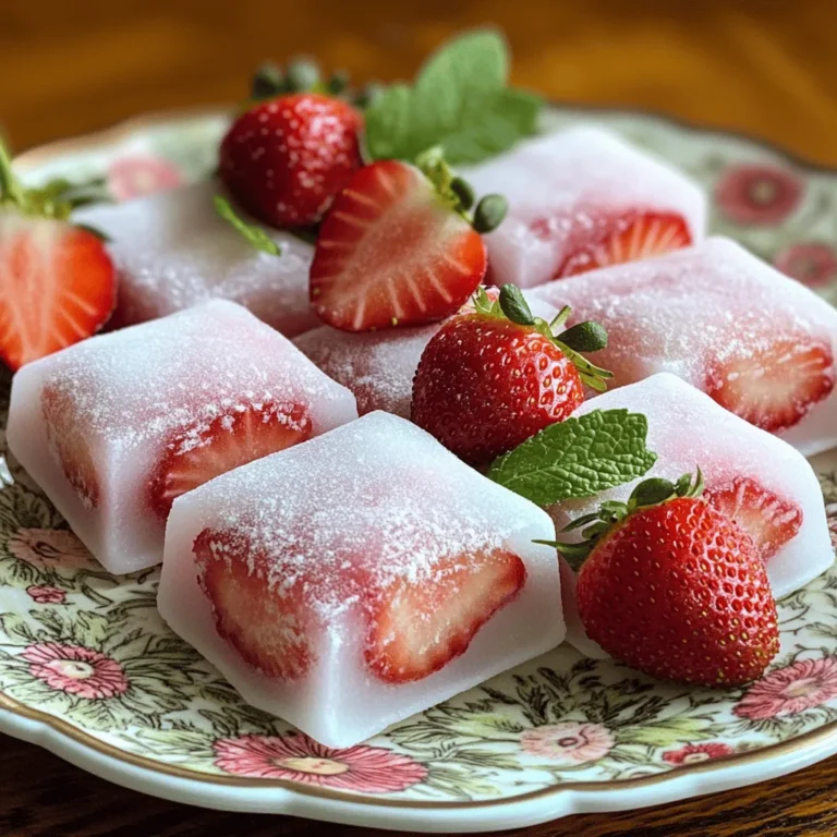 - 1 cup sweet rice flour (mochiko) - 1/4 cup granulated sugar - 1/2 cup water - 1/2 cup fresh strawberries, finely chopped - 1 tablespoon cornstarch (for dusting) - 1 teaspoon vanilla extract - 1/4 teaspoon salt - Food coloring for visual appeal - Additional fillings (like red bean paste or whipped cream) Each serving of strawberry mochi has around 100 calories. Key nutrients include vitamin C from strawberries and carbohydrates from the sweet rice flour. This treat offers a fun way to enjoy fresh fruit while indulging in a unique texture. When you gather these ingredients, ensure you have fresh strawberries. Their sweet and tart flavor makes all the difference. Using mochiko is key, as it gives the mochi its chewy texture. If you want to make it more colorful, add a drop of food coloring. 1. Start by taking a large bowl. 2. Add 1 cup sweet rice flour, 1/4 cup sugar, and 1/4 teaspoon salt. 3. Mix these dry ingredients well with a whisk. 4. Pour in 1/2 cup water and 1 teaspoon vanilla extract. 5. Stir until the batter is smooth and free of lumps. 1. Transfer your batter to a microwave-safe dish. 2. Cover it loosely with plastic wrap. Leave a small gap for steam. 3. Microwave on high for 1 minute. 4. Take it out and stir well. Repeat this for 3 minutes total. 5. The mochi should be sticky and a bit translucent when done. 1. Let the mochi cool slightly. Dust your counter with cornstarch. 2. Turn the mochi onto the cornstarch. 3. Flatten it into a rectangle about 1/4 inch thick. 4. Cut it into squares or circles, about 3 inches wide. 5. Place a spoonful of chopped strawberries in the center. 6. Fold the edges over the filling and pinch to seal. 7. Roll in your hands to shape into a smooth ball. 8. Dust with more cornstarch to prevent sticking. 9. Place your mochi on a serving plate. For the full recipe, check the earlier section. Enjoy your delicious Strawberry Mochi! Cooling time is key for great mochi. After cooking, let it cool for at least 10 minutes. This helps the mochi firm up just right. If your mochi feels too sticky, it may need more cornstarch. Dust your hands and work area well before shaping. For dry mochi, you may have microwaved it too long. Keep an eye on it during cooking for the best results. You can elevate your mochi with fun sauces or toppings. Try drizzling chocolate or matcha sauce on top. Fresh fruits like mango or kiwi pair nicely as well. Serve your mochi with a cup of green tea for a warm touch. This combo creates a lovely balance of flavors. Presentation matters! Arrange your mochi on a pretty plate. A light dusting of cornstarch makes it look clean. Add whole strawberries or mint leaves for color. This makes your dish pop and feel festive. A good look makes the treat even more inviting! For the full recipe, check the link above. {{image_4}} You can change the flavor of mochi by using different fruits. Mango is a sweet choice. It adds a tropical twist. Matcha gives a rich, earthy taste. You can also add flavored fillings. Try coconut for a creamy texture. Chocolate is a great option for a sweet surprise. These variations keep your mochi exciting and fun. If you need gluten-free options, use sweet rice flour. It is naturally gluten-free. You can also make vegan mochi. Replace regular sugar with coconut sugar. This change keeps the taste good while making it plant-based. Always check labels to ensure all ingredients fit your needs. Mochi has different styles based on where you are in Japan. Kanto-style mochi is often softer and more gooey. Kansai-style is chewier and denser. Each version has its own charm. In Japanese culture, mochi is served in unique ways. Sometimes it’s dusted with soy flour. Other times, you see it served with sweet syrup. These cultural touches add to the fun of eating mochi. To keep your mochi fresh, store it in an airtight container. This helps prevent it from drying out. You can use a plastic or glass container with a tight lid. If you stack them, add a layer of parchment paper between each piece. This will stop them from sticking together. To freeze mochi, first let it cool completely. Then, wrap each piece in plastic wrap. Place the wrapped mochi in a freezer-safe bag. When you want to eat it, take it out and let it thaw in the fridge overnight. This keeps the texture nice and soft. Mochi lasts about 1-2 days at room temperature. Make sure it stays in a cool, dry place. If you see any mold or an off smell, throw it away. Fresh mochi should feel soft and slightly sticky. If it becomes hard or dry, it’s best to discard it. Strawberry mochi is a sweet treat made from rice flour. It has a chewy texture and is filled with fresh strawberries. This dessert is popular in Japan and represents a blend of tradition and innovation. Mochi has a deep cultural meaning in Japanese cuisine, often enjoyed during festivals and special occasions. Yes, you can use other flours, but the texture may change. Regular rice flour will not give the same chewiness. Try using glutinous rice flour as a substitute. However, the taste and feel of mochi may differ from the original recipe. Your mochi is done when it turns slightly translucent. It should feel soft and pliable. Avoid overcooking, as this can make it tough. Stir it well between cooking cycles to ensure even cooking. You can find strawberry mochi in local Asian markets. Check the frozen section for packaged options. Many online stores also sell mochi, making it easy to order from home. Yes, you can prepare mochi ahead of time. Store it in an airtight container to keep it fresh. Enjoy it within a few days for the best taste and texture. In this post, I explored how to make strawberry mochi from start to finish. You learned about the key ingredients, preparation steps, and even some helpful tips. Variations and storage methods also featured prominently. Making mochi can be fun and tasty, offering a delightful snack or dessert. Remember, practice makes perfect. Don’t hesitate to experiment with flavors and presentation. Enjoy the process of creating this unique treat!
