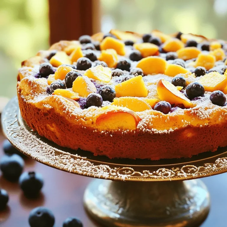 Here are the ingredients you need for Peach Blueberry Greek Yogurt Cake. Gather these items before you start. - 1 cup plain Greek yogurt - 1 cup granulated sugar - 1/2 cup vegetable oil - 3 large eggs - 1 teaspoon vanilla extract - 2 cups all-purpose flour - 1 tablespoon baking powder - 1/2 teaspoon baking soda - 1/4 teaspoon salt - 1 cup fresh peaches, diced - 1 cup fresh blueberries - Zest of 1 lemon - Powdered sugar for dusting (optional) Using Greek yogurt makes this cake moist and adds a nice tang. Fresh peaches and blueberries bring sweetness and color. The lemon zest brightens the flavor, making each bite delightful. You can easily find most of these ingredients at your local store. For the full recipe, check the section on instructions. Enjoy baking this tasty treat! - Preheat your oven to 350°F (175°C). - Prepare and grease the cake pan. Use butter or oil and a little flour. This helps the cake come out easily. - Combine wet ingredients. In a large bowl, mix Greek yogurt, sugar, oil, eggs, and vanilla. Whisk until smooth. - Sift and combine dry ingredients. In another bowl, sift flour, baking powder, baking soda, and salt. This makes the cake light and fluffy. - Fold in the fruits. Gently add diced peaches, blueberries, and lemon zest to the batter. Be careful not to break the fruit. - Bake and check for doneness. Pour the batter into the pan. Bake for 35-40 minutes. Your cake is done when it is golden brown and a toothpick comes out clean. Enjoy making this delicious Peach Blueberry Greek Yogurt Cake by following the [Full Recipe]. - Avoiding overmixing: When you mix the wet and dry ingredients, stir just until combined. Overmixing can make your cake tough. The batter should look a bit lumpy, and that's okay! - Signs your cake is done: Your cake is ready when it turns golden brown. A toothpick inserted in the center should come out clean or have a few moist crumbs. This tells you it’s perfectly baked. - Presentation ideas: Serve your cake on a lovely cake stand. Top it with whole blueberries and thin peach slices. This adds color and charm to your dish. - Pairing with whipped cream: A dollop of fresh whipped cream takes this cake to another level. The cream’s richness balances the fruity flavors and makes each bite heavenly. - Incorrect ingredient ratios: Always measure your ingredients carefully. Too much flour or too little sugar can ruin the cake's texture and taste. - Not greasing the cake pan properly: Make sure to grease your pan well. Use butter or oil and dust it with flour. This step helps the cake come out easily after baking, preventing any tears. For the Full Recipe, be sure to check out the detailed instructions on how to make this delightful cake! {{image_4}} You can change fruits in this cake. Raspberries and strawberries work well. They add a nice flavor. You can also use flavored yogurt. Try vanilla or peach yogurt for a twist. This will change the taste slightly but keep it tasty. If you need gluten-free options, use a gluten-free flour blend. This keeps the cake light. For lower sugar choices, you can use a sugar substitute. This will keep the cake sweet without the extra sugar. Always check the package for the best ratio. Making cupcakes or mini cakes is fun and easy. Use a muffin tin to create individual servings. Bake them for about 20-25 minutes. Check for doneness with a toothpick. This way, you can share with friends or enjoy them yourself! You can store the Peach Blueberry Greek Yogurt Cake in two ways. If you plan to eat it quickly, keep it at room temperature. Just wrap it in plastic wrap or place it in an airtight container. This keeps the cake moist. If you want to save it longer, put it in the fridge. The cold will help it stay fresh for days. This cake stays fresh for about 3 days at room temperature. If you store it in the fridge, it can last up to a week. The flavors will deepen over time, which is a nice bonus! Just make sure to check for any signs of spoilage before enjoying. If you have leftover cake, freezing is a great option. Cut the cake into slices for easy serving later. Wrap each slice in plastic wrap tightly. Then, place the wrapped slices in a freezer bag. Make sure you remove the air. This way, the cake can last up to 3 months in the freezer. When you’re ready to eat it, just thaw it in the fridge overnight. Enjoy your delicious Peach Blueberry Greek Yogurt Cake again! For the full recipe, check out the earlier section. To make this cake, follow these steps: 1. Preheat the oven to 350°F (175°C). Grease a 9-inch cake pan. 2. In a bowl, mix Greek yogurt, sugar, oil, eggs, and vanilla. Whisk until smooth. 3. In another bowl, sift flour, baking powder, baking soda, and salt. 4. Gradually add the dry mix to the wet mix. Stir gently to combine. 5. Fold in diced peaches, blueberries, and lemon zest. 6. Pour the batter into the pan and smooth the top. 7. Bake for 35-40 minutes until golden. Check for doneness. 8. Cool the cake for 10 minutes in the pan, then transfer to a wire rack. You can find the full recipe in the earlier sections. Yes, you can use canned peaches. However, they may change the cake's texture. Canned peaches are softer and wetter than fresh ones. This extra moisture may make the cake denser. If you use canned peaches, drain them well. This will help keep the cake light and fluffy. You can make this cake dairy-free. Use coconut yogurt or almond yogurt instead of Greek yogurt. For eggs, try flaxseed meal or applesauce. Mix 1 tablespoon of flaxseed meal with 3 tablespoons of water per egg. Let it sit until it thickens. This will help bind the ingredients together. If you don’t have a toothpick, check the cake by pressing lightly on the top. If it springs back, it’s done. You can also look for a golden-brown top. The sides should pull away from the pan slightly. These signs mean your cake is ready to be taken out of the oven. This blog post showed you how to make a delicious Peach Blueberry Greek Yogurt Cake. You learned about the simple ingredients, step-by-step instructions, and some helpful tips. Remember to avoid overmixing and choose the right baking time. Feel free to customize the recipe with different fruits or dietary changes. Store your cake properly to keep it fresh. Enjoy your baking adventure and impress your friends with this tasty treat!