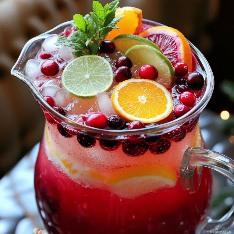 To make a delicious Christmas Cranberry Punch, gather the following ingredients: - 4 cups pure cranberry juice - 2 cups freshly squeezed orange juice - 1 cup sparkling water or club soda - 1 cup pomegranate juice - 1/2 cup whole fresh cranberries - 1 medium orange, thinly sliced - 1/2 lime, thinly sliced - 1 teaspoon freshly grated ginger - Fresh mint leaves for garnish - Ice cubes These ingredients blend together beautifully. The cranberry juice offers a tart kick, while the orange juice adds sweetness. The pomegranate juice gives a rich color and extra fruitiness. Fresh cranberries, orange slices, and lime slices make the punch look festive. Ginger brings a warm spice, and mint leaves give it a refreshing touch. You can find the full recipe above. Enjoy the vibrant colors and flavors this punch brings to your holiday gatherings! - Mixing the juices In a large pitcher, pour 4 cups of pure cranberry juice, 2 cups of freshly squeezed orange juice, and 1 cup of pomegranate juice. Stir well with a long spoon until all juices combine nicely. This blend gives the punch its rich flavor. - Adding ginger and sparkling water Grate 1 teaspoon of fresh ginger directly into the juice mixture. This adds a warm, spicy note. Next, slowly pour in 1 cup of sparkling water or club soda. Pour gently to keep the bubbles intact. Stir lightly to mix without losing the fizz. - Assembling the garnishes Prepare the garnishes by slicing 1 medium orange and 1/2 lime into thin rounds. You can also rinse 1/2 cup of whole fresh cranberries. These will float beautifully in the punch, adding color and style. - Filling the glasses Grab your serving glasses and fill each one with ice cubes halfway. This keeps the punch cold and refreshing. Then, pour the punch mixture over the ice until the glasses are about three-quarters full. - Garnishing for presentation For a festive touch, float the fresh cranberries, orange slices, and lime slices on top of the punch in each glass. Finally, add a few sprigs of fresh mint to each glass. This not only looks great but also adds a crisp aroma. By following these simple steps, you create a stunning Christmas Cranberry Punch. Enjoy making this festive drink! For the complete recipe, check the Full Recipe section. Using fresh juices makes a big difference. Fresh juices taste brighter and more lively. Store-bought juices can be fine, but they often lack that fresh zing. I always recommend squeezing your own oranges for this punch. It is easy and the taste is worth it. Mixing gently is also key. When you add the sparkling water, pour it slowly. This keeps the bubbles from going flat. Stir lightly with a large spoon to keep the fizz intact. You want your punch to be refreshing and bubbly! Serving in fun glasses can wow your guests. Try using mason jars or tall clear glasses. These add a rustic touch and show off the colorful layers of the punch. To enhance the visual appeal, float slices of orange and lime on top. Scatter fresh cranberries around the rim of the glass. Garnish with mint leaves for a pop of green. This makes your Christmas Cranberry Punch look as good as it tastes! {{image_4}} You can switch up the juices in this punch. Try using apple juice or grape juice. These juices add more sweetness. You can also mix in some lemon juice for a tart twist. Adding seasonal fruits makes it even better. Think about using fresh berries or slices of pear. These fruits not only taste great but also look lovely in the punch. If you want to give your punch a kick, add some spirits. A splash of vodka or rum works well. These spirits blend nicely with the fruity flavors. Just be careful not to add too much. You want to keep the punch balanced. If you use spirits, try to add more juice to keep the flavor strong. Mixing in a bit of sparkling wine can also add a festive touch. For the full recipe, check out the details above! To store leftover punch, use a clean pitcher. Cover it tightly with plastic wrap or a lid. This way, it stays fresh in the fridge. The punch will stay good for about 2 to 3 days. After this time, the flavors may fade. You may also notice the fizzy effect will lessen. If you want to prepare the punch ahead of time, mix the juices first. Keep the juice mixture in the fridge for up to 24 hours. Just add the sparkling water right before serving. This keeps the bubbles fresh and fun. For optimal flavor, wait until serving to add the garnishes like fresh cranberries and mint. This way, everything looks bright and appealing when you serve your drink. Can I make this punch ahead of time? Yes, you can make this punch a few hours before your guests arrive. Mix all the juices and ginger in a pitcher. Add the sparkling water just before serving. This keeps the fizz fresh and fun. What can I substitute if I don’t have pomegranate juice? If you don’t have pomegranate juice, you can use cherry juice or cranberry juice instead. Both options keep the drink tasty and colorful. Is it possible to make a non-alcoholic version of this punch? Absolutely! This punch is already non-alcoholic. Just stick to the recipe with juices and sparkling water. Everyone can enjoy this festive drink. Alternatives for fresh ginger If you can’t find fresh ginger, try using ground ginger. Use about 1/4 teaspoon of ground ginger for every teaspoon of fresh ginger. It will still add a nice spice to your punch. Other garnishing options For garnish, you can use fresh basil or rosemary instead of mint. You may also add thin cucumber slices or edible flowers for a unique touch. These options can make your punch look even more special. This blog post shared a fun cranberry punch recipe. We covered ingredients, preparation steps, and serving tips. I included expert advice on flavor and presentation. You can also try tasty variations or make it alcoholic. Don’t forget how to store leftovers for later enjoyment. Making this punch adds joy to any gathering. Experiment with flavors and enjoy the freshness!